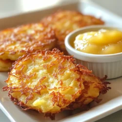 To make tasty German potato pancakes, you need a few key ingredients: - 4 medium potatoes, peeled and grated - 1 small onion, finely grated - 2 large eggs - 1/4 cup all-purpose flour - 1 teaspoon baking powder - 1 teaspoon salt - 1/2 teaspoon black pepper - 1/2 teaspoon garlic powder - Oil for frying (vegetable or canola) These ingredients create a great base for the dish. The potatoes and onions add flavor and texture, while the eggs help bind everything together. You can boost the taste with some optional ingredients. Consider adding: - Chopped fresh herbs, like parsley or chives - A pinch of cayenne pepper for some heat - Grated cheese for a creamy twist These extras can make your pancakes shine. They allow you to customize the flavor to your liking. The type of potato you choose makes a big difference. I recommend using starchy potatoes like Russets or Yukon Golds. These potatoes create a fluffier texture and crisp up nicely when fried. Waxy potatoes, like red or new potatoes, may not yield the same results. Always pick potatoes that are firm and free of blemishes for the best outcome. {{ingredient_image_1}} Start by peeling four medium potatoes. Grate them using a box grater or a food processor. I like to use a box grater; it gives me good control. After grating, place the potatoes in a clean kitchen towel. Twist the towel and squeeze hard to remove extra liquid. This step is key for crispiness. Then, finely grate one small onion and add it to the potatoes. In a large mixing bowl, combine your grated potatoes and onions. In another bowl, crack two large eggs and whisk them well. Add 1/4 cup of all-purpose flour, 1 teaspoon of baking powder, 1 teaspoon of salt, 1/2 teaspoon of black pepper, and 1/2 teaspoon of garlic powder. Whisk this mixture until it's smooth. Pour the egg mixture into the potato and onion bowl. Mix until everything is coated well. This helps bind the pancakes together. Heat about 1/4 inch of oil in a large skillet over medium-high heat. When the oil is hot, scoop about 2 tablespoons of the potato mixture and drop it into the pan. Gently press it down to form a pancake. Make sure not to overcrowd the pan, or they won't cook evenly. Fry each pancake for 3 to 4 minutes on each side until golden brown and crispy. You may need to add more oil during cooking. Once done, transfer the pancakes to a paper towel-lined plate to absorb excess oil. Enjoy them warm with applesauce or sour cream if you like! To get your pancakes nice and crispy, moisture is the enemy. After grating the potatoes, squeeze them in a clean towel. Remove as much liquid as you can. This step is key for crispiness. Use a good amount of oil in the skillet. About 1/4 inch should do. The oil needs to be hot before you add the pancakes. A hot skillet ensures a crunchy outside. Fry them for 3-4 minutes on each side. This gives them that golden brown look. Avoid using too much or too little oil. If there’s not enough oil, the pancakes will stick. If there’s too much, they may become greasy. Ensure your pancakes are not too thick. Thick ones won’t cook well inside. Also, don’t overcrowd the pan. This lowers the oil temperature and makes it hard to fry. Lastly, don’t skip squeezing out the potato liquid. It’s a big mistake that affects the texture. Serve these pancakes hot from the skillet. Pair them with applesauce or sour cream for a tasty contrast. Place them on a paper towel after frying to absorb extra oil. This keeps them from getting soggy. You can also keep them warm in the oven at a low heat if serving a crowd. Enjoy them as a snack, side dish, or even breakfast! Pro Tips Drain Thoroughly: Make sure to squeeze out as much moisture from the grated potatoes as possible to achieve maximum crispiness. Keep Oil Hot: Ensure the oil is hot enough before adding the pancakes. This helps them fry quickly, giving a golden and crispy exterior. Don’t Overcrowd the Pan: Fry the pancakes in batches to avoid steaming, which can lead to soggy pancakes instead of crispy ones. Serve Immediately: These pancakes are best enjoyed fresh and hot. Serve them right after frying for the best texture and flavor. {{image_2}} You can make your potato pancakes more exciting by adding herbs and spices. Fresh chives or parsley can add a nice touch. You might also try adding a pinch of paprika for some color and flavor. If you like heat, a bit of cayenne pepper can spice things up. Mixing in some dill gives a fresh taste, too. These additions make each bite burst with flavor! Traditionally, we serve German potato pancakes with applesauce or sour cream. Both are great choices. You can also try serving them with a dollop of Greek yogurt for a twist. For a savory option, serve with a side of smoked salmon or a fresh salad. These pairings add new flavors and make your meal extra special. If you need to change some ingredients, it's easy. Instead of all-purpose flour, you can use gluten-free flour for a gluten-free option. You can also swap eggs for a flaxseed mixture if you're vegan. Just mix one tablespoon of ground flaxseed with three tablespoons of water and let it sit for a few minutes. For a lighter version, use sweet potatoes instead of regular potatoes. Each swap gives a new taste to the pancakes! To keep leftover pancakes fresh, place them in a single layer. Use an airtight container or wrap them in plastic wrap. Store them in the fridge for up to three days. This keeps them from drying out. If you want to save pancakes longer, freeze them. First, let the pancakes cool completely. Then, place parchment paper between each pancake to prevent sticking. Put them in a freezer-safe bag or container. You can freeze them for up to two months. To reheat, use a skillet over medium heat. Cook each pancake for about 2-3 minutes on each side. This will help restore their crispiness. You can also microwave them for a quicker method. Heat on high for about 30 seconds, but they may lose some crunch. German potato pancakes are often served with applesauce or sour cream. The sweet applesauce balances the savory taste of the pancakes. Sour cream adds a creamy touch that enhances the dish. Many people enjoy these toppings for their unique flavor pairing. Yes, you can make German potato pancakes in advance. Prepare the batter and store it in the fridge for a few hours. You can also cook the pancakes and keep them warm in the oven. Just remember to cover them with foil to keep them from drying out. If you need an egg substitute, try using flaxseed meal or applesauce. Mix one tablespoon of flaxseed meal with three tablespoons of water. Let it sit for about five minutes until it thickens. For applesauce, use a quarter cup per egg. Both options help bind the pancake mixture well. German potato pancakes are easy and fun to make. We covered key ingredients, like the best potatoes, to help you get the best flavor. I shared step-by-step instructions for a smooth cooking process. Remember to fry until they are crispy, and avoid common mistakes. Explore variations to make them your own, and use the tips for storing leftovers. These pancakes are a delicious treat that everyone will love. Now, it's time to get cooking and enjoy your tasty creations!