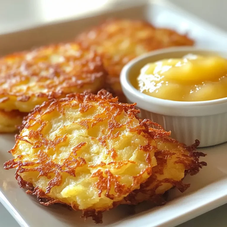 To make tasty German potato pancakes, you need a few key ingredients: - 4 medium potatoes, peeled and grated - 1 small onion, finely grated - 2 large eggs - 1/4 cup all-purpose flour - 1 teaspoon baking powder - 1 teaspoon salt - 1/2 teaspoon black pepper - 1/2 teaspoon garlic powder - Oil for frying (vegetable or canola) These ingredients create a great base for the dish. The potatoes and onions add flavor and texture, while the eggs help bind everything together. You can boost the taste with some optional ingredients. Consider adding: - Chopped fresh herbs, like parsley or chives - A pinch of cayenne pepper for some heat - Grated cheese for a creamy twist These extras can make your pancakes shine. They allow you to customize the flavor to your liking. The type of potato you choose makes a big difference. I recommend using starchy potatoes like Russets or Yukon Golds. These potatoes create a fluffier texture and crisp up nicely when fried. Waxy potatoes, like red or new potatoes, may not yield the same results. Always pick potatoes that are firm and free of blemishes for the best outcome. {{ingredient_image_1}} Start by peeling four medium potatoes. Grate them using a box grater or a food processor. I like to use a box grater; it gives me good control. After grating, place the potatoes in a clean kitchen towel. Twist the towel and squeeze hard to remove extra liquid. This step is key for crispiness. Then, finely grate one small onion and add it to the potatoes. In a large mixing bowl, combine your grated potatoes and onions. In another bowl, crack two large eggs and whisk them well. Add 1/4 cup of all-purpose flour, 1 teaspoon of baking powder, 1 teaspoon of salt, 1/2 teaspoon of black pepper, and 1/2 teaspoon of garlic powder. Whisk this mixture until it's smooth. Pour the egg mixture into the potato and onion bowl. Mix until everything is coated well. This helps bind the pancakes together. Heat about 1/4 inch of oil in a large skillet over medium-high heat. When the oil is hot, scoop about 2 tablespoons of the potato mixture and drop it into the pan. Gently press it down to form a pancake. Make sure not to overcrowd the pan, or they won't cook evenly. Fry each pancake for 3 to 4 minutes on each side until golden brown and crispy. You may need to add more oil during cooking. Once done, transfer the pancakes to a paper towel-lined plate to absorb excess oil. Enjoy them warm with applesauce or sour cream if you like! To get your pancakes nice and crispy, moisture is the enemy. After grating the potatoes, squeeze them in a clean towel. Remove as much liquid as you can. This step is key for crispiness. Use a good amount of oil in the skillet. About 1/4 inch should do. The oil needs to be hot before you add the pancakes. A hot skillet ensures a crunchy outside. Fry them for 3-4 minutes on each side. This gives them that golden brown look. Avoid using too much or too little oil. If there’s not enough oil, the pancakes will stick. If there’s too much, they may become greasy. Ensure your pancakes are not too thick. Thick ones won’t cook well inside. Also, don’t overcrowd the pan. This lowers the oil temperature and makes it hard to fry. Lastly, don’t skip squeezing out the potato liquid. It’s a big mistake that affects the texture. Serve these pancakes hot from the skillet. Pair them with applesauce or sour cream for a tasty contrast. Place them on a paper towel after frying to absorb extra oil. This keeps them from getting soggy. You can also keep them warm in the oven at a low heat if serving a crowd. Enjoy them as a snack, side dish, or even breakfast! Pro Tips Drain Thoroughly: Make sure to squeeze out as much moisture from the grated potatoes as possible to achieve maximum crispiness. Keep Oil Hot: Ensure the oil is hot enough before adding the pancakes. This helps them fry quickly, giving a golden and crispy exterior. Don’t Overcrowd the Pan: Fry the pancakes in batches to avoid steaming, which can lead to soggy pancakes instead of crispy ones. Serve Immediately: These pancakes are best enjoyed fresh and hot. Serve them right after frying for the best texture and flavor. {{image_2}} You can make your potato pancakes more exciting by adding herbs and spices. Fresh chives or parsley can add a nice touch. You might also try adding a pinch of paprika for some color and flavor. If you like heat, a bit of cayenne pepper can spice things up. Mixing in some dill gives a fresh taste, too. These additions make each bite burst with flavor! Traditionally, we serve German potato pancakes with applesauce or sour cream. Both are great choices. You can also try serving them with a dollop of Greek yogurt for a twist. For a savory option, serve with a side of smoked salmon or a fresh salad. These pairings add new flavors and make your meal extra special. If you need to change some ingredients, it's easy. Instead of all-purpose flour, you can use gluten-free flour for a gluten-free option. You can also swap eggs for a flaxseed mixture if you're vegan. Just mix one tablespoon of ground flaxseed with three tablespoons of water and let it sit for a few minutes. For a lighter version, use sweet potatoes instead of regular potatoes. Each swap gives a new taste to the pancakes! To keep leftover pancakes fresh, place them in a single layer. Use an airtight container or wrap them in plastic wrap. Store them in the fridge for up to three days. This keeps them from drying out. If you want to save pancakes longer, freeze them. First, let the pancakes cool completely. Then, place parchment paper between each pancake to prevent sticking. Put them in a freezer-safe bag or container. You can freeze them for up to two months. To reheat, use a skillet over medium heat. Cook each pancake for about 2-3 minutes on each side. This will help restore their crispiness. You can also microwave them for a quicker method. Heat on high for about 30 seconds, but they may lose some crunch. German potato pancakes are often served with applesauce or sour cream. The sweet applesauce balances the savory taste of the pancakes. Sour cream adds a creamy touch that enhances the dish. Many people enjoy these toppings for their unique flavor pairing. Yes, you can make German potato pancakes in advance. Prepare the batter and store it in the fridge for a few hours. You can also cook the pancakes and keep them warm in the oven. Just remember to cover them with foil to keep them from drying out. If you need an egg substitute, try using flaxseed meal or applesauce. Mix one tablespoon of flaxseed meal with three tablespoons of water. Let it sit for about five minutes until it thickens. For applesauce, use a quarter cup per egg. Both options help bind the pancake mixture well. German potato pancakes are easy and fun to make. We covered key ingredients, like the best potatoes, to help you get the best flavor. I shared step-by-step instructions for a smooth cooking process. Remember to fry until they are crispy, and avoid common mistakes. Explore variations to make them your own, and use the tips for storing leftovers. These pancakes are a delicious treat that everyone will love. Now, it's time to get cooking and enjoy your tasty creations!