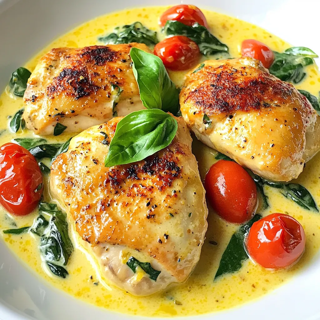 To make creamy Tuscan garlic chicken, you'll need a few key ingredients that blend rich flavors. Here’s what you should gather: - 4 boneless, skinless chicken breasts - 2 tablespoons olive oil - 1 tablespoon butter - 4 cloves garlic, minced - 1 cup cherry tomatoes, halved - 1 cup fresh spinach - 1 cup heavy cream - ½ cup grated Parmesan cheese - 1 teaspoon Italian seasoning - Salt and pepper to taste - Fresh basil leaves for garnish Each ingredient plays a role in creating that amazing taste. The chicken gives it protein. Olive oil and butter help with cooking and flavor. Garlic adds a nice kick. Cherry tomatoes bring sweetness, while spinach adds freshness. Heavy cream and Parmesan cheese make the dish creamy and rich. Italian seasoning ties everything together. Finally, salt and pepper balance the flavors, and basil adds a lovely touch on top. Gather these items, and you're ready to make a delicious meal! {{ingredient_image_1}} 1. Seasoning the chicken breasts Start by seasoning the chicken breasts. Use salt, pepper, and Italian seasoning. Sprinkle it on both sides. This adds great flavor. 2. Searing the chicken in the skillet Heat olive oil and butter in a large skillet over medium heat. Add the seasoned chicken. Cook each side for about 6-7 minutes. Look for a nice golden brown color. Once done, remove the chicken and set it aside. 1. Sautéing garlic and tomatoes In the same skillet, add minced garlic. Sauté it for about 30 seconds until you smell it. Then, add halved cherry tomatoes. Cook them for 2-3 minutes until they soften. 2. Adding spinach and cream to the mixture Next, stir in fresh spinach. Cook until it wilts down. Pour in the heavy cream and bring it to a gentle simmer. This will create a rich base. 1. Incorporating Parmesan cheese Add grated Parmesan cheese to the sauce. Stir it in continuously until it melts. The sauce should become creamy and smooth. Taste it and add salt and pepper if needed. 2. Combining chicken with sauce for serving Return the seared chicken to the skillet. Spoon the creamy sauce over the chicken. Let it simmer for another 2-3 minutes. This allows the flavors to blend nicely. To ensure your chicken is cooked through, use a meat thermometer. The chicken should reach an internal temperature of 165°F. This step keeps it safe and juicy. If you don’t have a thermometer, cut into the thickest part of the chicken. It should be white, not pink. For the sauce, the key is to find the right thickness. After adding the cream, let it simmer. This helps it thicken nicely. If it’s too thin, cook it longer. If it’s too thick, add a splash of chicken broth or water to loosen it up. Using fresh herbs makes a big difference. Basil is great for a fresh taste. You can chop it and sprinkle it on just before serving. You can also try fresh parsley or oregano for added flavor. Adjusting spice levels is easy. If you like heat, add a pinch of red pepper flakes when you sauté the garlic. For a milder flavor, skip the flakes or use less seasoning. Taste as you go to find your perfect balance. Pro Tips Perfectly Sear Your Chicken: To achieve a golden-brown crust, ensure your skillet is hot enough before adding the chicken. This helps to lock in the juices and flavor. Use Fresh Ingredients: Whenever possible, opt for fresh spinach and ripe cherry tomatoes. Fresh ingredients elevate the dish with vibrant flavors and textures. Adjust Creamy Consistency: If you prefer a thicker sauce, let it simmer a bit longer. For a lighter sauce, add a splash of chicken broth or reduce the amount of cream. Garnish Wisely: Fresh basil not only adds flavor but also enhances the dish's presentation. Consider adding a sprinkle of additional Parmesan for an extra touch of richness. {{image_2}} You can swap chicken for other proteins. Shrimp works great here. Just cook it until it turns pink. Tofu is an excellent choice for a meat-free version. Press the tofu to remove extra water. Then, cube it and cook until golden for a nice texture. Feel free to change up the veggies. Mushrooms add a rich taste. Sauté them with garlic for more depth. Bell peppers bring a nice crunch and sweetness. You can use any color you like. If you're looking for a lighter dish, try cream alternatives. Coconut milk gives a sweet twist. Greek yogurt can add creaminess, too. Just stir it in at the end to avoid curdling. These swaps keep the dish tasty while lightening it up. To store creamy Tuscan garlic chicken, first let it cool. Place the chicken and sauce in an airtight container. This helps keep it fresh. Refrigerate the container within two hours. The chicken stays good for up to three days. When storing, try to separate the chicken from the sauce. This helps prevent the chicken from getting too soggy. If you want, you can also freeze it. Use freezer-safe bags or containers for this. In the freezer, it lasts for about three months. When reheating creamy Tuscan garlic chicken, I recommend using the stovetop. This method helps keep the sauce creamy. Place the chicken and sauce in a skillet over low heat. Stir often to prevent sticking. Heat until warm, about 5-7 minutes. You can also use the microwave. Put the chicken in a microwave-safe dish. Cover it loosely with a lid or wrap. Heat in short bursts of 1-2 minutes. Check and stir in between to ensure it heats evenly. For the best flavor, avoid overheating. This keeps the chicken juicy and the sauce rich. Enjoy your leftovers just as much as the first time! You can serve creamy Tuscan garlic chicken with many tasty sides. Here are some ideas: - Pasta: A simple spaghetti or fettuccine pairs well. - Rice: Try white rice, brown rice, or even risotto. - Salad: A green salad with a light dressing adds freshness. - Bread: Garlic bread or a crusty baguette can soak up the sauce. These sides make the meal complete and add balance to your plate. Yes, you can make creamy Tuscan garlic chicken ahead of time. Cook the chicken and sauce, then let it cool. Place it in an airtight container and store it in the fridge for up to three days. To reheat, warm it gently on the stove over low heat. Stir occasionally to keep it creamy. You can also add a splash of cream to refresh the sauce. Creamy Tuscan garlic chicken can be part of a healthy diet. It has protein from chicken and vitamins from spinach. To make it healthier, consider these tips: - Use low-fat cream or Greek yogurt instead of heavy cream. - Add more vegetables, like bell peppers or zucchini, for added nutrients. - Serve with whole grains instead of white pasta or rice. These changes help you enjoy the dish while keeping it nutritious. You learned how to make creamy Tuscan garlic chicken with simple ingredients and steps. We covered tips for cooking and flavoring this dish. You can swap proteins or veggies to suit your taste. Storing leftovers? We shared the best ways to keep them fresh. This dish is easy to customize, and it’s sure to please everyone at your table. Enjoy experimenting with ingredients and make it your own!