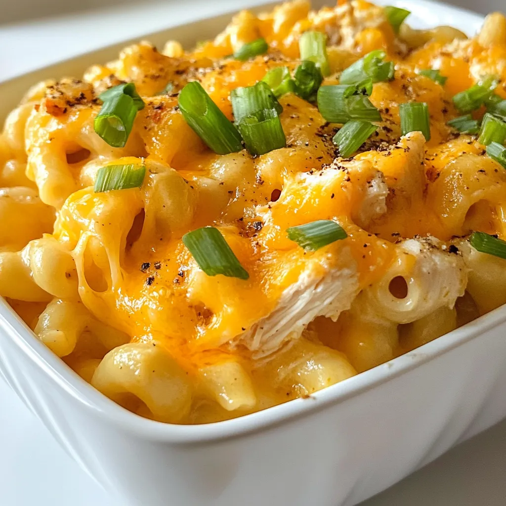 - 2 cups elbow macaroni - 2 cups cooked chicken (shredded or diced) - 1 cup shredded sharp cheddar cheese - 1 cup shredded mozzarella cheese - 1 cup milk - 1/2 cup honey - 1 teaspoon black pepper (adjust to taste) - 1 teaspoon garlic powder - 1 teaspoon onion powder - 2 tablespoons butter - 2 tablespoons all-purpose flour - Salt to taste - 1/4 cup green onions, chopped (for garnish) To make Honey Pepper Chicken Mac & Cheese, gather all the ingredients. Each one plays a big role in the dish. The elbow macaroni is the base. It holds the sauce and chicken well. Choose a good brand for the best texture. Next, I use cooked chicken. You can shred or dice it based on your preference. It adds protein and flavor. For the cheesy goodness, I pick sharp cheddar and mozzarella. They melt nicely and give a rich taste. Milk and butter help make a creamy sauce. They blend well with the cheese for a smooth finish. Honey adds a sweet touch. The black pepper, garlic powder, and onion powder give heat and depth. Adjust the pepper to fit your taste. I also use all-purpose flour to thicken the cheese sauce. Finally, some salt enhances all the flavors. Don’t forget the green onions for garnish. They add a pop of color and crunch. Enjoy cooking! {{ingredient_image_1}} To start, you need to cook the elbow macaroni. Boil a large pot of salted water. Add the macaroni and cook it according to the package instructions. You want it to be al dente, which means it should still have a little bite. After cooking, drain the macaroni in a colander and set it aside. This helps prevent it from getting mushy later. Next, let’s make the cheese sauce. In a medium saucepan, melt two tablespoons of butter over medium heat. Once the butter melts, add two tablespoons of all-purpose flour. Stir this mixture for one to two minutes. You want to form a smooth paste called a roux. Now, slowly pour in one cup of milk while whisking constantly. Keep stirring until the sauce thickens, which should take three to five minutes. Finally, lower the heat and mix in one cup of shredded sharp cheddar and one cup of shredded mozzarella. Keep stirring until all the cheese melts, and the sauce becomes creamy. Now, it’s time for the honey pepper chicken. In a separate skillet, add the cooked chicken, half a cup of honey, one teaspoon of black pepper, one teaspoon of garlic powder, and one teaspoon of onion powder. Add a pinch of salt to taste. Cook this mixture over medium heat for about three to four minutes. Stir it often until everything is heated through and well coated with the sweet and spicy sauce. In a large mixing bowl, combine the cooked macaroni, creamy cheese sauce, and the honey pepper chicken. Mix everything together well. You want the pasta to be fully coated in the sauce and chicken mixture. This step creates the rich flavor and texture that makes this dish so comforting. If you want a crispy top, you can bake your mac and cheese. Preheat your oven to 350°F (175°C). Pour the mac and cheese mixture into a greased baking dish. If you like, sprinkle some extra cheese on top. Bake for 20 to 25 minutes, or until it is bubbly and golden on top. This adds a delightful crunch to every bite. When it's time to serve, portion out the mac and cheese into bowls. For a fresh flavor, garnish each serving with chopped green onions. This adds a nice crunch and brightens up the dish. Enjoy your delicious Honey Pepper Chicken Mac & Cheese! To keep your mac & cheese creamy, choose the right cheese. I recommend using sharp cheddar and mozzarella. These cheeses melt well and give a rich flavor. Avoid using pre-shredded cheese. It often has anti-caking agents that can cause clumping. To avoid clumping, stir the cheese into the sauce slowly. Add it one handful at a time, letting it melt fully before adding more. This keeps everything smooth and creamy. Balancing honey and pepper is key for great flavor. Start with half a cup of honey. Taste the mixture and add more if you like it sweeter. For the pepper, start with one teaspoon. You can always add more if you want extra heat. For spice lovers, try adding a pinch of cayenne pepper or chili flakes. This gives your dish a nice kick. If you prefer milder flavors, stick to the black pepper. I recommend using cooked chicken for this dish. Shredded rotisserie chicken works great and saves time. It adds flavor without extra work. You can also use grilled chicken for a smoky taste. Make sure to heat the chicken with the honey and spices. This allows the flavors to blend well. Cook it on medium heat for just a few minutes until warm. This step makes a big difference in flavor! Pro Tips Cook Pasta Al Dente: Ensure the macaroni is cooked al dente, as it will continue to cook when mixed with the cheese sauce, preventing it from becoming mushy. Use Fresh Cheese: For the best flavor and creaminess, opt for freshly shredded cheese instead of pre-shredded varieties, which often include anti-caking agents. Adjust Spice Level: Feel free to adjust the amount of black pepper and honey based on your spice preference, ensuring the perfect balance of sweet and spicy. Garnish for Freshness: Adding chopped green onions not only enhances the presentation but also provides a fresh crunch that complements the rich flavors of the mac & cheese. {{image_2}} You can easily make this dish meat-free. Substitute chicken with your favorite veggies. Try bell peppers, zucchini, or mushrooms. These add great flavor and texture. For protein, consider using chickpeas or tofu. They can give you the protein boost you need. Want to kick up the taste? Add a splash of Sriracha or your favorite BBQ sauce. This adds a nice kick and depth. You can also mix in spices like smoked paprika or cayenne pepper. This will enhance the flavor profile and make it more exciting. Cheese is the star of mac & cheese. You can switch up the cheese for a new twist. Try gouda, fontina, or pepper jack for a unique taste. Mixing different cheeses can create a creamy, gourmet dish. The more varieties you use, the richer the flavor. To keep your Honey Pepper Chicken Mac & Cheese fresh, store it in an airtight container. This helps prevent moisture loss and keeps flavors intact. You can refrigerate it for up to three days. After that, the taste and texture may decline. If you want to save some for later, freezing is a great option. Let the mac & cheese cool completely before placing it in a freezer-safe container. Make sure to label the container with the date. It can stay in the freezer for up to three months. When you’re ready to enjoy it, thaw it overnight in the fridge. When reheating, you want to keep the creaminess. Add a splash of milk to the mac & cheese before warming it. This will help restore the smooth texture. Use a microwave or stovetop for reheating. If using the microwave, stir every minute to avoid hot spots. If you want to avoid dryness, cover the dish with a lid or damp paper towel while heating. Yes, you can use whole wheat or gluten-free pasta. Whole wheat pasta adds a nutty flavor and more fiber. Gluten-free pasta works well for those with allergies. Look for options made from rice, corn, or lentils. Cook them according to package directions. You may need to adjust cooking times. Whole wheat may take longer to cook, while gluten-free pasta can be quicker. You can prepare this dish ahead of time easily. Cook the pasta and chicken as usual. Make the cheese sauce and mix everything together. Place it in a baking dish, cover it, and store it in the fridge. When you’re ready to serve, preheat your oven. Bake it until it's hot and bubbly. This way, the flavors blend well, and you save time later. Absolutely! You can swap cheeses based on your taste. Try gouda or fontina for a different flavor. Use cream cheese for extra creaminess. If you want a sharper taste, add more cheddar. Keep the ratios similar to avoid changing the sauce's texture. This way, you can customize your mac and cheese to fit your preferences. This dish combines elbow macaroni, chicken, and creamy cheese for a tasty meal. You learned how to make honey pepper chicken to elevate your mac and cheese. I shared tips to keep it creamy and pointed out fun variations to try. You can even adapt it for vegans or those who love spicy dishes! Remember, storing leftovers properly helps maintain flavor and texture. Enjoy crafting this comforting dish, and don't be afraid to experiment!