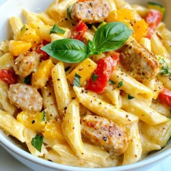 Here’s what you need for the creamy one-pot chicken sausage pasta. Each ingredient plays a key role in making the dish tasty and satisfying. - 8 oz penne pasta - 2 tablespoons olive oil - 1 pound chicken sausage, sliced - 3 cloves garlic, minced - 1 bell pepper (red or yellow), diced - 1 zucchini, sliced - 4 cups chicken broth - 1 cup heavy cream - 1 cup grated Parmesan cheese - 1 teaspoon Italian seasoning - Salt and pepper to taste - Fresh basil leaves for garnish Each ingredient brings unique flavor and texture. The penne pasta provides a perfect base, while the chicken sausage offers a savory kick. Garlic adds depth, and the bell pepper and zucchini bring fresh crunch. Chicken broth gives the dish richness, while heavy cream and Parmesan cheese create that creamy goodness we all crave. Seasoning with Italian herbs enhances the overall taste. Don't forget the fresh basil; it adds a lovely finish to your meal. {{ingredient_image_1}} First, heat the olive oil in a large pot over medium heat. Next, add the sliced chicken sausage and let it brown for about 5 to 7 minutes. This step gives the sausage a nice color and flavor. Now, it’s time to bring in fresh flavors. Incorporate the minced garlic, diced bell pepper, and sliced zucchini into the pot. Sauté these for around 3 to 4 minutes until the veggies soften. The garlic will smell amazing as it cooks! Pour in the chicken broth and add the penne pasta. Give it a good stir to mix everything well. Bring the mixture to a boil. Once boiling, reduce the heat to a simmer. Cover the pot and cook for 12 to 15 minutes. Stir occasionally. You want the pasta to be al dente and most of the liquid to be absorbed. After cooking, stir in the heavy cream and grated Parmesan cheese. Mix well until the cheese melts and coats the pasta in a creamy sauce. Season with salt and pepper to taste. Finally, remove the pot from heat and let it sit for a couple of minutes to thicken. Garnish with fresh basil leaves before serving. Enjoy your creamy one-pot chicken sausage pasta! - Choosing the right cream and cheese Use heavy cream for rich flavor. It thickens the sauce perfectly. Parmesan cheese adds a nice salty bite. You can mix in mozzarella for a gooey texture. - Adjusting pasta cooking time for desired texture Keep an eye on the pasta. Cook it al dente for a slight bite. If you want softer pasta, add a few extra minutes. Stir often to avoid sticking. - Adding herbs or spices for extra flavor Fresh basil kicks up the taste. You can add oregano or thyme for depth. A pinch of red pepper flakes can add a nice heat. - Suggestions for incorporating vegetables Feel free to add more veggies! Spinach, mushrooms, or broccoli work well. Just toss them in when you add the other veggies. It makes the dish colorful and healthy. Pro Tips Cook Pasta al Dente: Ensuring the penne pasta is cooked al dente will help it hold its shape and texture, providing a perfect bite in the creamy sauce. Use Quality Sausage: Opt for high-quality chicken sausage for a richer flavor. You can experiment with different types, such as spicy or garlic-infused. Adjust Creaminess: For a lighter dish, you can reduce the amount of heavy cream or substitute it with half-and-half or a plant-based cream. Fresh Herbs Matter: Garnishing with fresh basil not only adds color but also enhances the dish's flavor profile. Feel free to experiment with other herbs like parsley or oregano! {{image_2}} You can switch up the protein in this dish. If you want a lighter option, try turkey sausage. Turkey sausage has less fat but still offers great flavor. For a meat-free choice, use tofu. Just cube it and sauté until golden. You can also swap in shrimp for a seafood twist. Shrimp cooks quickly and adds a nice touch. Another option is to use chicken breasts. Cook and cube them before adding to the pot. The pasta you choose can change the dish's vibe. If you're gluten-free, use gluten-free penne. There are many brands that taste great and hold up well in sauce. You can also explore different pasta shapes like fusilli or bowties. Each shape holds sauce differently, offering a new experience. The cream sauce is where you can really get creative. Consider trying different cheeses like mozzarella or goat cheese for a unique flavor. Mixing cheeses can create a rich and creamy sauce. If you want a twist, add tomato sauce to make a rosé version. This will give your dish a beautiful color and a nice tang. To keep your creamy one-pot chicken sausage pasta fresh, store it in an airtight container. This helps prevent moisture loss and keeps the flavors intact. Place the container in the fridge after the dish cools down. Your pasta will last up to three days in the fridge. When you want to enjoy leftovers, heat them gently to keep the creamy texture. The best method is to use the stove. Place the pasta in a pot with a splash of water or broth. Stir often over low heat until heated through. If you want to store it longer, consider freezing it. Place the cooled pasta in a freezer-safe container. It will last up to three months in the freezer. To reheat, thaw overnight in the fridge before warming on the stove. Yes, you can make this dish ahead of time. Cook it fully, then cool it down. Store it in an airtight container in the fridge. Reheat it on the stove or in the microwave before serving. This helps save time on busy days. You can use turkey sausage or pork sausage as a substitute. If you want a vegetarian option, try using lentils or veggie sausage. Both options will add flavor while keeping the dish hearty. Yes, this pasta dish freezes well. Allow it to cool completely before putting it in a freezer-safe container. It can last up to three months in the freezer. To eat, thaw it overnight in the fridge and reheat it on the stove. To add some heat, include red pepper flakes or sliced jalapeños. Stir them in with the garlic. You can also use a spicy chicken sausage for more flavor. Adjust the spice level to your liking. Absolutely! You can add vegetables like spinach, carrots, or mushrooms. Just chop them up and add them when you sauté the other veggies. This not only boosts nutrition but also enhances the dish's flavor and color. This recipe gives you a simple, creamy one-pot meal that tastes great. You learned how to cook the chicken sausage, sauté veggies, and perfect your pasta. I shared tips for creaminess and flavor. You can even switch protein or pasta types for variety. For leftovers, storage and reheating tips help keep your meal fresh. Enjoy your cooking and feel free to experiment! Happy eating!