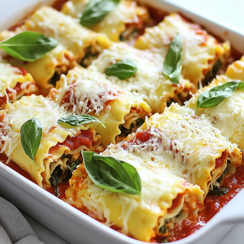 - 9-12 lasagna noodles - 2 cups ricotta cheese - 2 cups shredded mozzarella cheese (divided) - 1 cup grated Parmesan cheese - 1 large egg - 2 cups spinach (fresh or frozen, thawed and drained) - 2 cups marinara sauce - 1 teaspoon garlic powder - 1 teaspoon Italian seasoning - Salt and pepper to taste - Fresh basil leaves for garnish (optional) When choosing ingredients, quality matters. Look for fresh ricotta cheese. It adds a creamy texture. Opt for whole milk mozzarella for the best melt. If you prefer a stronger flavor, use aged Parmesan. Fresh spinach is great, but frozen works too. Just make sure to drain it well. You can swap ricotta for cottage cheese if you want a lighter option. For a dairy-free version, try cashew cheese. Instead of marinara, use pesto for a twist. If you don’t have lasagna noodles, try using zucchini slices or eggplant for a low-carb option. {{ingredient_image_1}} To start, cook the lasagna noodles. Boil them until they are just right, or al dente. This means they should be firm but not hard. Drain the noodles and lay them flat on a clean kitchen towel. This helps them cool and avoids sticking. Make sure they are not overlapping. Now, let’s make the filling. In a mixing bowl, combine the ricotta cheese, one cup of mozzarella cheese, and Parmesan cheese. Add the egg, spinach, garlic powder, Italian seasoning, salt, and pepper. Mix everything well until it looks smooth and creamy. This filling is the heart of our roll ups. Next, it’s time to roll up the noodles. Spread a thin layer of marinara sauce on the bottom of a baking dish. Take one noodle and spread a good amount of the cheese and spinach filling along it. Roll the noodle tightly from one end to the other. Place the roll seam side down in the dish. Repeat this for all noodles. Arrange them side by side in the dish. Pour the rest of the marinara sauce on top, covering the roll ups. Finally, sprinkle the remaining mozzarella cheese over everything. For baking, cover the dish with aluminum foil. Make sure the foil does not touch the cheese. Bake at 375°F (190°C) for 25 minutes. Then, remove the foil and bake for another 15 minutes. This makes the cheese bubbly and golden. Let the roll ups cool for about 5-10 minutes before serving. If you want, add fresh basil leaves for a nice touch. Enjoy your savory lasagna roll ups! When making lasagna roll ups, some mistakes can spoil your dish. First, avoid overcooking the noodles. They should be al dente, so they hold their shape. If you cook them too soft, they may tear when you roll them. Another mistake is not cooling the noodles properly. If they are too hot, the filling will melt and ooze out. Lastly, be careful not to skimp on the sauce. It keeps the roll ups moist and flavorful. For creamy and delicious cheese filling, use fresh ingredients. Ricotta cheese should be smooth, not grainy. Mixing in an egg helps bind everything together. Use a good quality mozzarella cheese for that melty goodness. Remember to save some mozzarella for the top! This will create a golden layer that is both tasty and inviting. To boost flavor, add fresh herbs like basil or parsley to your cheese mix. This gives a fresh taste that brightens the dish. For added nutrition, mix in vegetables like bell peppers or zucchini. These veggies complement the spinach and add color. You can also swap regular noodles for whole wheat or gluten-free options. This makes your roll ups healthier while still being delicious. Pro Tips Perfectly Cooked Noodles: Make sure to cook the lasagna noodles until they are al dente to prevent them from becoming mushy during baking. Spinach Options: If using frozen spinach, ensure it is thoroughly thawed and drained to avoid excess moisture in the filling. Cheese Variations: Feel free to mix in other cheeses like ricotta or provolone for added flavor and creaminess. Make Ahead: You can prepare the roll ups a day in advance, cover them, and store them in the refrigerator until you're ready to bake. {{image_2}} You can make lasagna roll ups without meat. Use more veggies for flavor. Great choices include zucchini, mushrooms, or bell peppers. Add these to your cheese and spinach mix. You can also swap ricotta for a vegan cheese. This way, you keep it tasty and plant-based. For those who love meat, add ground beef or sausage. Cook it first, drain the fat, and mix it into the cheese filling. You can also layer in pepperoni or prosciutto. This gives your roll ups a hearty flavor. Don't forget to mix in some herbs for extra taste. If you need gluten-free roll ups, choose gluten-free lasagna noodles. Many brands offer tasty options. You can also use zucchini slices instead of noodles. This cuts carbs and adds freshness. Just slice the zucchini thin and grill or roast it first. You’ll get a great flavor with fewer carbs. After your meal, let the lasagna roll ups cool down. Place the leftovers in an airtight container. Store them in the fridge for up to 3 days. This keeps the flavors fresh. To reheat, preheat your oven to 350°F (175°C). Place the roll ups in an oven-safe dish. Add a bit of marinara sauce on top to keep them moist. Cover the dish with foil. Heat for about 20 minutes or until warm. This way, the cheese stays gooey and delicious. You can freeze lasagna roll ups for later. Wrap each roll up tightly in plastic wrap. Then, place them in a freezer bag or a container. They can last up to 3 months in the freezer. When you're ready to eat them, thaw in the fridge overnight. Then, follow the reheating tips to enjoy them again. Yes, you can make Lasagna Roll Ups in advance. Prepare the roll ups and place them in a baking dish. Cover them with plastic wrap. You can store them in the fridge for up to two days. This saves time on busy nights. Just remember to add a bit more baking time if they are cold from the fridge. The best way to reheat your Lasagna Roll Ups is in the oven. Preheat the oven to 350°F (175°C). Place the roll ups in a baking dish. Add a splash of marinara sauce to keep them moist. Cover with foil to prevent drying. Heat for about 20-25 minutes. Check that they are hot all the way through before serving. Yes, you can use no-boil lasagna noodles. They work well in this recipe. Just layer them with the cheese filling and sauce. They will cook as they bake in the oven. This saves time and effort, making your lasagna roll ups even easier to prepare. This blog post covered everything you need for perfect lasagna roll ups. We discussed ingredients, instructions, tips, variations, and storage methods. You can avoid common mistakes and enhance flavor easily. Remember, whether you choose veggie or meat versions, the key lies in the right ingredients and techniques. With these tips, you can make delicious meals with confidence. Enjoy your cooking!