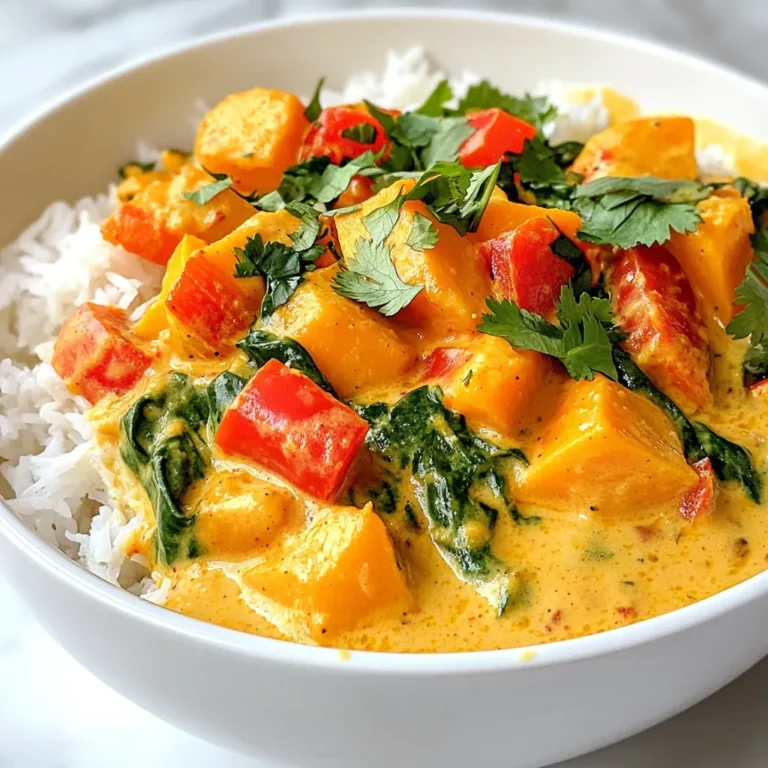 To make this delicious vegan sweet potato curry, you need some key items: - 2 medium sweet potatoes, peeled and diced - 1 can (400ml) coconut milk - 1 cup vegetable broth - 1 tablespoon coconut oil - 1 onion, finely chopped - 3 cloves garlic, minced - 1 inch ginger, grated - 1 tablespoon red curry paste - 1 teaspoon ground turmeric - 1 teaspoon ground cumin - 1 red bell pepper, diced - 1 cup spinach, fresh - Salt and pepper to taste These ingredients create a creamy base and rich taste. Sweet potatoes add natural sweetness and nutrients. The coconut milk gives the dish a smooth texture. You might already have some of these staples at home: - Salt - Pepper - Coconut oil - Ground turmeric - Ground cumin - Red curry paste These staples are easy to find. They help build a strong flavor for your curry. Garnishes can enhance your meal and add color. Here are some ideas: - Fresh coriander, for garnish - Cooked rice or quinoa, for serving You can also add a squeeze of lime for brightness. Serve the curry over rice or quinoa for a hearty meal. Enjoying it this way makes every bite even better! {{ingredient_image_1}} 1. Start with two medium sweet potatoes. Peel and dice them into small cubes. 2. Finely chop one onion. This adds great flavor to your curry. 3. Mince three cloves of garlic. Fresh garlic gives a nice aroma. 4. Grate one inch of ginger. This adds warmth and depth. 5. Dice one red bell pepper. This will add color and sweetness. 6. Gather the remaining ingredients: coconut milk, vegetable broth, coconut oil, curry paste, turmeric, cumin, spinach, salt, and pepper. 1. In a large pot, heat one tablespoon of coconut oil over medium heat. 2. Add the chopped onion and sauté for about 3-4 minutes. It should turn translucent. 3. Stir in the minced garlic and grated ginger. Cook for one more minute until it smells great. 4. Add one tablespoon of red curry paste, one teaspoon of ground turmeric, and one teaspoon of ground cumin. Mix these into the onions for two minutes. 5. Toss in the diced sweet potatoes and red bell pepper. Stir to coat them with the spices. 6. Pour in one can of coconut milk and one cup of vegetable broth. Stir well and bring to a simmer. 7. Cover the pot and let it cook for 20-25 minutes. Check that the sweet potatoes are tender. 8. Once done, mix in one cup of fresh spinach. Stir until it wilts. Season with salt and pepper to your liking. 1. Serve the curry hot over cooked rice or quinoa. This adds a nice base. 2. For garnish, sprinkle fresh coriander leaves on top. It looks beautiful and adds flavor. 3. Enjoy your creamy vegan sweet potato curry with family and friends. It’s perfect for sharing! To get the best texture in your curry, start with the right sweet potatoes. Choose firm, fresh sweet potatoes. Dice them into even cubes. This helps them cook evenly. When you simmer them in the coconut milk, they soften perfectly. You want a creamy sauce that coats the sweet potatoes well. Stir the curry gently during cooking to avoid breaking them apart. To boost the flavors, use fresh spices. Ground spices lose their strength over time. Use fresh ginger and garlic for a bright taste. The red curry paste adds heat and depth. Feel free to add a splash of lime juice at the end. This adds brightness to the dish. Fresh coriander on top also brings a fresh note. You can taste the layers of flavor with each bite. One common mistake is overcooking the sweet potatoes. They should be tender but not mushy. Keep an eye on the pot while it simmers. Another mistake is not seasoning enough. Taste your curry before serving. If it needs more salt or pepper, adjust it. Lastly, avoid using low-quality coconut milk. A good brand makes the curry rich and creamy. With these tips, you’ll create a delicious vegan sweet potato curry every time! Pro Tips Use Fresh Ingredients: Fresh spices and vegetables will enhance the flavor of your curry, making it more aromatic and vibrant. Adjust Spice Levels: Tailor the heat of your curry by adding more or less red curry paste according to your taste preference. Perfect Coconut Milk: For a creamier texture, use full-fat coconut milk. Shake the can well before opening to mix the cream and liquid. Leftover Love: This curry tastes even better the next day! Store it in the fridge for a quick, delicious meal. {{image_2}} You can add many vegetables to your vegan sweet potato curry. They enhance flavor and nutrition. Try adding: - Carrots, diced - Zucchini, diced - Cauliflower, florets - Peas, fresh or frozen These veggies cook well and blend nicely with sweet potatoes. They also add a nice crunch and color to the dish. Feel free to mix and match based on what you have at home. If you want extra protein, consider these options. Chickpeas add a great texture and flavor. They pair well with sweet potatoes. - Tofu, diced and fried - Tempeh, crumbled - Lentils, cooked and added at the end Each option gives a different taste and makes the meal heartier. It's easy to customize based on your taste and needs. You can adjust the heat level to suit your taste buds. If you love spice, add more red curry paste. For less heat, use less or skip it. - Try adding sliced jalapeños for fresh heat. - For a milder flavor, add more coconut milk. Taste as you go. This way, you can find the perfect balance for your curry. After enjoying your vegan sweet potato curry, you may have leftovers. To store them, let the curry cool to room temperature. Then, transfer it to an airtight container. This keeps the flavors fresh. You can store it in the fridge for up to three days. Just make sure the lid is on tight to prevent spills. If you want to keep the curry longer, freezing is a great option. Pour the cooled curry into a freezer-safe container. Leave some space at the top, as liquids expand when frozen. Seal the container well. You can freeze it for up to three months. When you're ready to eat, simply thaw it in the fridge overnight. To reheat your curry, you can use the stove or microwave. If using the stove, heat it in a pot over low heat. Stir it often to warm it evenly. If you prefer the microwave, place the curry in a microwave-safe bowl. Heat it in short bursts, stirring in between. This way, it warms up nicely without drying out. Enjoy your flavorful curry again! Yes, you can make this curry ahead of time. It tastes even better the next day! Just cook it as directed, let it cool, and store it in an airtight container in the fridge. When you’re ready to eat, simply reheat it on the stove. The flavors will blend more, making it extra tasty. If you want to change the coconut milk, you have options. Almond milk, cashew milk, or soy milk can work. For a creamier texture, use cashew cream. Just remember, this will change the flavor a bit. Try to pick a milk that is unsweetened to keep the curry savory. Yes, this recipe is gluten-free! All the ingredients, such as sweet potatoes, coconut milk, and spices, do not contain gluten. Just make sure any broth or red curry paste you use is gluten-free. It’s always good to check labels if you need to avoid gluten. This blog post covered a vegan sweet potato curry, from key ingredients to cooking tips. You learned which pantry staples to gather and how to enhance flavors. The step-by-step guide made it easy to follow along. Remember to store your leftovers properly, and you can even freeze portions. With these insights, you'll create a tasty dish that fits your needs. Enjoy your cooking adventure and have fun trying different spices and veggies! Your perfect curry awaits!