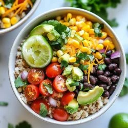 To make these tasty burrito bowls, gather these key ingredients: - 2 cups cooked brown rice - 1 can (15 oz) black beans, drained and rinsed - 1 cup corn kernels (canned or frozen) - 1 bell pepper, diced (any color) - 1 small red onion, finely chopped - 1 avocado, diced - 1 cup cherry tomatoes, halved - 1 cup shredded cheese (cheddar or a Mexican blend) - 1 teaspoon cumin - 1 teaspoon chili powder - 2 tablespoons olive oil - 2 tablespoons fresh lime juice - Fresh cilantro leaves for garnish - Salt and pepper to taste These ingredients create a colorful and filling meal. The brown rice serves as a hearty base. Black beans and corn add protein and sweet flavor. Fresh veggies bring crunch and zest. You can enhance your burrito bowls with these optional toppings: - Sour cream or Greek yogurt - Salsa or pico de gallo - Jalapeños for heat - Lime wedges for extra zing Each topping adds a unique touch. Sour cream adds creaminess while salsa offers a fresh bite. You can easily swap ingredients to fit your taste: - Use quinoa instead of brown rice for a different grain. - Swap black beans for pinto beans or chickpeas. - Choose any bell pepper color or use zucchini for a fresh twist. - For a dairy-free option, skip the cheese or use a plant-based cheese. These substitutions keep the recipe flexible. They allow you to customize based on what you have or prefer. {{ingredient_image_1}} To start, gather your cooked brown rice. In a large bowl, add the rice along with olive oil, cumin, chili powder, salt, and pepper. Mix it well. Ensure the rice gets coated with the oil and spices. This adds great flavor to your bowl. The warm rice helps the spices blend better. You can also use leftover rice, which saves time and adds nice texture. Grab a serving dish or bowl. Begin with the seasoned rice as your base. Next, evenly spread the drained black beans over the rice. Follow this with the corn kernels. This adds a sweet crunch. Now, scatter the diced bell pepper, red onion, and halved cherry tomatoes on top. This colorful layer makes the bowl look inviting and bright. Now it’s time for the fun part! Gently place diced avocado on top of the veggies. Then, sprinkle a generous amount of shredded cheese over everything. The cheese melts slightly and adds creaminess. Drizzle fresh lime juice all over the bowl for a zesty kick. Finally, garnish with fresh cilantro leaves for a pop of flavor. Serve with extra lime wedges on the side for those who want more zing! To speed up your burrito bowls, use pre-cooked brown rice. You can find it in most stores. Just heat it up, and you're ready to go. Canned beans and frozen corn are great time-savers too. They add flavor and make prep super quick. If you're in a real rush, chop the veggies ahead of time. This way, you can build your bowls in under ten minutes. Seasonings can transform your burrito bowls. The cumin and chili powder in this recipe add warmth and depth. Don't be shy; taste as you go! If you want more heat, add a pinch of cayenne pepper. You can also mix in some taco seasoning for extra flavor. A dash of smoked paprika gives a nice twist. Always finish with fresh lime juice for brightness. It makes everything taste fresh and lively. To make your meal fun, serve the burrito bowls family-style. Place all the layers in separate bowls. Let everyone build their own bowl. This way, each person can choose what they love. You can also add a side of tortilla chips for crunch. Salsa and guacamole are perfect for dipping. This makes dinner special and allows for personal touches. Pro Tips Use Fresh Ingredients: Whenever possible, opt for fresh vegetables and herbs to enhance the flavor and nutrition of your burrito bowls. Customize Your Proteins: Feel free to add grilled chicken, beef, or tofu for extra protein to make the meal more filling. Make It Spicy: For those who enjoy heat, add jalapeños or a splash of hot sauce to elevate the spice level. Meal Prep Friendly: Prepare the components in advance and store them separately for quick assembly on busy days. {{image_2}} You can easily make this dish vegetarian or vegan. Start with the base of brown rice, which is already plant-based. Replace cheese with a vegan option or skip it entirely. For added protein, try using lentils or chickpeas instead of black beans. You can also mix in some diced tofu for a satisfying bite. Top with fresh avocado and a squeeze of lime juice to keep it fresh and tasty. If you love meat, there are great options to add to your burrito bowls. Grilled chicken or steak works well. Simply cook your choice of meat with some cumin and chili powder for extra flavor. You can also use shredded pork or shrimp. Just layer the cooked meat right on top of the beans and corn for a hearty meal. This recipe is already gluten-free since it uses brown rice and beans. However, always check your labels. Some seasonings may contain gluten. If you want to add a crunchy topping, consider using corn tortilla chips instead of croutons. This keeps your meal tasty and safe for those with gluten sensitivities. To keep your burrito bowls fresh, place any leftovers in an airtight container. Make sure to cool the bowls to room temperature before sealing them. This helps lock in flavor and keep bacteria away. Store them in the fridge for up to three days. When ready to eat, take your burrito bowl out of the fridge. If you want to keep the texture, reheat in the microwave. Heat in short bursts of 30 seconds. Stir after each burst until it’s warm. You can also use a skillet on low heat. Just stir often to avoid burning. If you want to freeze your burrito bowls, do it before adding toppings like avocado or cheese. Place the base and layers in a freezer-safe container. You can freeze them for up to three months. When ready to eat, thaw overnight in the fridge. Then, reheat and add fresh toppings. Enjoy a quick meal anytime! You can use white rice for a quick swap. Quinoa is another great choice. It adds more protein. Cauliflower rice gives a low-carb option. Each option brings a unique taste. To serve more, just double the recipe. Use 4 cups of rice and 2 cans of beans. This way, you keep the flavors high and the prep easy. You can also add more toppings for extra fun. Yes! Leftover rice, beans, or veggies work well. Toss them in without worry. This dish is all about using what you have. It keeps meals fresh and fun. To make it mild, skip the chili powder. Add more cumin for flavor without heat. For spice lovers, try jalapeños or hot sauce. Adjust to fit your taste and enjoy! This article covered how to make tasty burrito bowls for your family. We explored the key ingredients, step-by-step instructions, and helpful tips to save time. There are delicious variations for everyone, plus ways to store leftovers for later. Burrito bowls are fun, easy, and great for busy nights. With the right mix of flavors and toppings, you can create a dish everyone will love. Embrace the process and enjoy your creation!