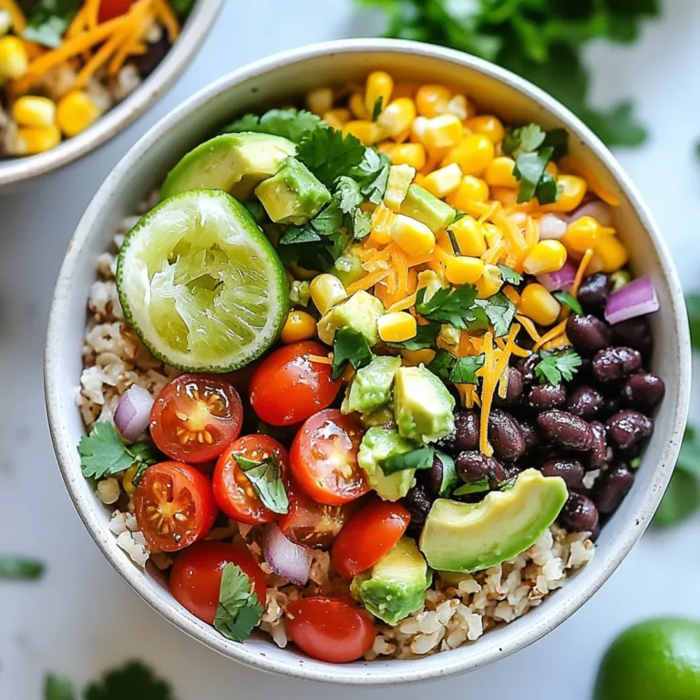 To make these tasty burrito bowls, gather these key ingredients: - 2 cups cooked brown rice - 1 can (15 oz) black beans, drained and rinsed - 1 cup corn kernels (canned or frozen) - 1 bell pepper, diced (any color) - 1 small red onion, finely chopped - 1 avocado, diced - 1 cup cherry tomatoes, halved - 1 cup shredded cheese (cheddar or a Mexican blend) - 1 teaspoon cumin - 1 teaspoon chili powder - 2 tablespoons olive oil - 2 tablespoons fresh lime juice - Fresh cilantro leaves for garnish - Salt and pepper to taste These ingredients create a colorful and filling meal. The brown rice serves as a hearty base. Black beans and corn add protein and sweet flavor. Fresh veggies bring crunch and zest. You can enhance your burrito bowls with these optional toppings: - Sour cream or Greek yogurt - Salsa or pico de gallo - Jalapeños for heat - Lime wedges for extra zing Each topping adds a unique touch. Sour cream adds creaminess while salsa offers a fresh bite. You can easily swap ingredients to fit your taste: - Use quinoa instead of brown rice for a different grain. - Swap black beans for pinto beans or chickpeas. - Choose any bell pepper color or use zucchini for a fresh twist. - For a dairy-free option, skip the cheese or use a plant-based cheese. These substitutions keep the recipe flexible. They allow you to customize based on what you have or prefer. {{ingredient_image_1}} To start, gather your cooked brown rice. In a large bowl, add the rice along with olive oil, cumin, chili powder, salt, and pepper. Mix it well. Ensure the rice gets coated with the oil and spices. This adds great flavor to your bowl. The warm rice helps the spices blend better. You can also use leftover rice, which saves time and adds nice texture. Grab a serving dish or bowl. Begin with the seasoned rice as your base. Next, evenly spread the drained black beans over the rice. Follow this with the corn kernels. This adds a sweet crunch. Now, scatter the diced bell pepper, red onion, and halved cherry tomatoes on top. This colorful layer makes the bowl look inviting and bright. Now it’s time for the fun part! Gently place diced avocado on top of the veggies. Then, sprinkle a generous amount of shredded cheese over everything. The cheese melts slightly and adds creaminess. Drizzle fresh lime juice all over the bowl for a zesty kick. Finally, garnish with fresh cilantro leaves for a pop of flavor. Serve with extra lime wedges on the side for those who want more zing! To speed up your burrito bowls, use pre-cooked brown rice. You can find it in most stores. Just heat it up, and you're ready to go. Canned beans and frozen corn are great time-savers too. They add flavor and make prep super quick. If you're in a real rush, chop the veggies ahead of time. This way, you can build your bowls in under ten minutes. Seasonings can transform your burrito bowls. The cumin and chili powder in this recipe add warmth and depth. Don't be shy; taste as you go! If you want more heat, add a pinch of cayenne pepper. You can also mix in some taco seasoning for extra flavor. A dash of smoked paprika gives a nice twist. Always finish with fresh lime juice for brightness. It makes everything taste fresh and lively. To make your meal fun, serve the burrito bowls family-style. Place all the layers in separate bowls. Let everyone build their own bowl. This way, each person can choose what they love. You can also add a side of tortilla chips for crunch. Salsa and guacamole are perfect for dipping. This makes dinner special and allows for personal touches. Pro Tips Use Fresh Ingredients: Whenever possible, opt for fresh vegetables and herbs to enhance the flavor and nutrition of your burrito bowls. Customize Your Proteins: Feel free to add grilled chicken, beef, or tofu for extra protein to make the meal more filling. Make It Spicy: For those who enjoy heat, add jalapeños or a splash of hot sauce to elevate the spice level. Meal Prep Friendly: Prepare the components in advance and store them separately for quick assembly on busy days. {{image_2}} You can easily make this dish vegetarian or vegan. Start with the base of brown rice, which is already plant-based. Replace cheese with a vegan option or skip it entirely. For added protein, try using lentils or chickpeas instead of black beans. You can also mix in some diced tofu for a satisfying bite. Top with fresh avocado and a squeeze of lime juice to keep it fresh and tasty. If you love meat, there are great options to add to your burrito bowls. Grilled chicken or steak works well. Simply cook your choice of meat with some cumin and chili powder for extra flavor. You can also use shredded pork or shrimp. Just layer the cooked meat right on top of the beans and corn for a hearty meal. This recipe is already gluten-free since it uses brown rice and beans. However, always check your labels. Some seasonings may contain gluten. If you want to add a crunchy topping, consider using corn tortilla chips instead of croutons. This keeps your meal tasty and safe for those with gluten sensitivities. To keep your burrito bowls fresh, place any leftovers in an airtight container. Make sure to cool the bowls to room temperature before sealing them. This helps lock in flavor and keep bacteria away. Store them in the fridge for up to three days. When ready to eat, take your burrito bowl out of the fridge. If you want to keep the texture, reheat in the microwave. Heat in short bursts of 30 seconds. Stir after each burst until it’s warm. You can also use a skillet on low heat. Just stir often to avoid burning. If you want to freeze your burrito bowls, do it before adding toppings like avocado or cheese. Place the base and layers in a freezer-safe container. You can freeze them for up to three months. When ready to eat, thaw overnight in the fridge. Then, reheat and add fresh toppings. Enjoy a quick meal anytime! You can use white rice for a quick swap. Quinoa is another great choice. It adds more protein. Cauliflower rice gives a low-carb option. Each option brings a unique taste. To serve more, just double the recipe. Use 4 cups of rice and 2 cans of beans. This way, you keep the flavors high and the prep easy. You can also add more toppings for extra fun. Yes! Leftover rice, beans, or veggies work well. Toss them in without worry. This dish is all about using what you have. It keeps meals fresh and fun. To make it mild, skip the chili powder. Add more cumin for flavor without heat. For spice lovers, try jalapeños or hot sauce. Adjust to fit your taste and enjoy! This article covered how to make tasty burrito bowls for your family. We explored the key ingredients, step-by-step instructions, and helpful tips to save time. There are delicious variations for everyone, plus ways to store leftovers for later. Burrito bowls are fun, easy, and great for busy nights. With the right mix of flavors and toppings, you can create a dish everyone will love. Embrace the process and enjoy your creation!