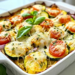 - 2 cups cooked chicken, shredded - 2 medium zucchinis, sliced into half-moons - 1 cup cherry tomatoes, halved The main ingredients in this Chicken Zucchini Bake create a hearty meal. You need cooked chicken for protein. Shredded chicken makes it easy to mix. Zucchini adds a nice crunch and moisture. Cherry tomatoes bring sweetness and color to the dish. - 1 cup shredded mozzarella cheese - 1/2 cup grated Parmesan cheese Dairy brings creaminess to the bake. Mozzarella cheese melts beautifully, creating a gooey layer. Parmesan cheese adds a sharp flavor that enhances the dish. Together, they make each bite rich and satisfying. - 1 teaspoon Italian seasoning - Fresh basil leaves for garnish - 1 tablespoon olive oil - Salt and pepper to taste Seasoning is key for great flavor. Italian seasoning gives the dish a classic taste. Fresh basil adds a pop of color and freshness. Olive oil helps to sauté the veggies and adds richness. Salt and pepper bring all the flavors together. This combination of ingredients makes the Chicken Zucchini Bake simple yet delicious. Each component plays a role in achieving a balanced and flavorful dish. Enjoy the process of cooking and the tasty results! {{ingredient_image_1}} Start with a large skillet. Heat 1 tablespoon of olive oil over medium heat. Once it’s hot, add 1 small red onion, diced, and 2 cloves of minced garlic. Cook them for about 3-4 minutes. You want the onion to turn clear. This step adds sweet and rich flavors to your dish. Next, slice 2 medium zucchinis into half-moons. Add them to the skillet after the onion is ready. Sauté the zucchini for about 5 minutes. They should become a bit soft but still firm. This is key for texture in your bake. Now, it’s time to bring everything together. Stir in 2 cups of shredded chicken and 1 cup of halved cherry tomatoes. Mix well until everything is combined. Season the mix with 1 teaspoon of Italian seasoning, salt, and pepper. This blend will give your dish a lovely Italian flavor. Grab a greased baking dish and layer the chicken and zucchini mixture evenly on the bottom. The even layer helps with cooking. Next, sprinkle 1 cup of shredded mozzarella cheese on top, followed by 1/2 cup of grated Parmesan cheese. The cheese will melt and create a great crust. Cover the dish with aluminum foil. Bake in your preheated oven at 375°F (190°C) for 20 minutes. After this time, remove the foil. Bake it uncovered for another 10-15 minutes. You want the cheese to be bubbly and golden. Once it’s out of the oven, let it sit for 5 minutes before serving. This helps the flavors meld together. Garnish with fresh basil leaves for a nice touch! Use cooked chicken for this dish. Rotisserie chicken works great. It adds flavor and saves time. You can also use leftover chicken. Shred the chicken easily with two forks. Just pull the meat apart into small pieces. This makes it mix well with the veggies. Slice your zucchinis into half-moons for even cooking. A sharp knife helps with clean cuts. Make slices about a quarter-inch thick. To keep zucchini from getting soggy, salt the slices first. Let them sit for 15 minutes, then pat them dry. This step removes excess water and keeps your bake firm. For a perfect cheese melt, use a mix of mozzarella and Parmesan. Mozzarella melts well, while Parmesan gives a nice flavor. Make sure to cover the dish with foil while baking at first. This traps steam and helps melt the cheese. Remove the foil near the end to brown the cheese. Keep an eye on it so it doesn't burn. Pro Tips Use Fresh Zucchini: Fresh zucchini will have a firmer texture and better flavor, making your bake more enjoyable. Cook Chicken Ahead: Shredded chicken can be made in advance and stored in the refrigerator, saving you time during preparation. Experiment with Cheese: Try adding different types of cheese such as cheddar or gouda for a unique flavor twist. Let it Rest: Allow the dish to rest for a few minutes after baking; this helps the layers set and makes serving easier. {{image_2}} You can add more veggies for extra flavor and color. Bell peppers bring a sweet crunch. Just chop them into small pieces and sauté them with the onions. Mushrooms add a savory taste. Slice them thin and mix them in with the zucchinis. You can even try other veggies like spinach or broccoli for a fun twist. Want to switch up the protein? You can use turkey instead of chicken. Ground turkey works well in this dish. For beef lovers, lean ground beef is a tasty choice too. If you prefer a meatless option, tofu is great! Press it to remove water, then cube it and sauté with the veggies. Herbs can really make this dish pop. Try adding thyme or oregano for a fresh taste. These herbs bring out the best in the chicken and veggies. If you like heat, sprinkle in some red pepper flakes. This adds a nice kick without being too spicy. Adjust the amount based on your taste! To store your Chicken Zucchini Bake, let it cool first. Then, place it in an airtight container. You can keep it in the fridge for up to 3-4 days. If you want to freeze it, wrap it tightly in plastic wrap and then in foil. This way, it stays fresh for up to 2-3 months. To reheat without drying it out, use the oven. Preheat your oven to 350°F (175°C). Cover the dish with foil and heat for about 15-20 minutes. You can also use the microwave. Just heat in short bursts, about 1-2 minutes at a time, checking often. If you have leftovers, consider using them in a salad or a wrap for a quick meal. In the fridge, your Chicken Zucchini Bake lasts for about 3-4 days. Signs of spoilage include an off smell or mold. If you see either, it's best to toss it out. Always check leftovers before eating! You can use raw chicken, but it needs more cooking time. Start by cooking the chicken in the skillet with oil before adding other ingredients. This ensures the chicken cooks well and is safe to eat. You can serve this dish with a side salad or garlic bread. A fresh green salad adds crunch. Garlic bread is great for soaking up the cheese. Both options balance the meal nicely. To make this dish gluten-free, skip any gluten-containing sauces or breads. The main ingredients in the recipe are already gluten-free. Focus on fresh veggies and meats. Always check cheese labels to ensure they are gluten-free. This Chicken Zucchini Bake combines simple, tasty ingredients like chicken, zucchini, and cheese. We covered how to prepare the veggies and bake the dish for great results. You can add different vegetables or protein for variety and discover tips for the best flavor. When stored correctly, leftovers can last and taste fresh. With this dish, you can impress your family or enjoy a healthy meal. Dive into the fun of cooking and enjoy every bite of your creation!