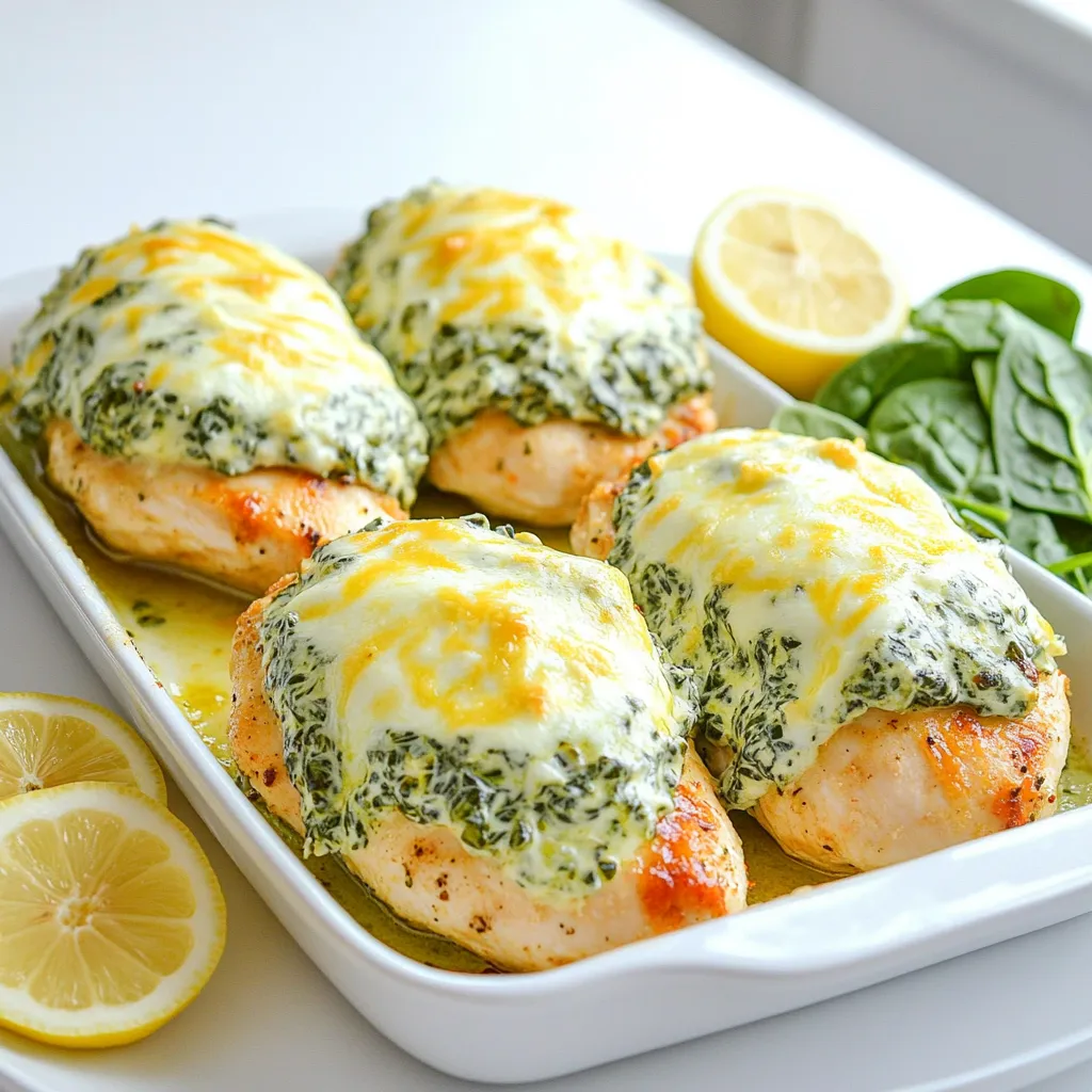 - 4 boneless, skinless chicken breasts - 1 cup spinach dip (store-bought or homemade) - 1 cup shredded mozzarella cheese - Fresh spinach leaves - Sliced lemons The key to this dish is its simplicity. You only need three main items to make it shine. First, choose four boneless, skinless chicken breasts. These will be the stars of our meal. Next, grab a cup of spinach dip. You can buy it or make your own. Finally, get a cup of shredded mozzarella cheese. This will melt beautifully over the chicken, adding flavor and richness. For a pop of color, consider adding fresh spinach leaves and sliced lemons as garnishes. They not only look nice but also add a fresh touch. These little extras can make your dish feel special, even with just a few ingredients. With just these items, you're ready to create a delicious meal that impresses. - Preheat the oven to 375°F (190°C). - Lightly grease a baking dish with cooking spray or olive oil. First, you want to set your oven to 375°F. This temperature ensures the chicken cooks evenly. Greasing the dish helps prevent sticking. A little spray or oil works fine. - Arrange chicken in the baking dish. - Spread spinach dip over chicken. - Top with mozzarella cheese. Next, lay the chicken breasts in the dish. Keep some space between them. This helps them cook well. Now, take the spinach dip and spread it all over the chicken. Make sure to cover each piece. Finally, sprinkle the shredded mozzarella cheese on top. This will melt into a nice, gooey layer. - Bake for 25-30 minutes. - Check for doneness (internal temperature of 165°F/74°C). Now, place the dish in the oven. Set a timer for 25 to 30 minutes. When the time is up, check the chicken. It should reach an internal temperature of 165°F. This ensures it is safe to eat. If it's not done, give it a few more minutes. Enjoy the smell as it cooks! - Ensure chicken is evenly spaced in the baking dish. This helps them cook evenly. - Use a meat thermometer for precise cooking. This tool checks if chicken hits 165°F (74°C). When I space the chicken well, I notice they cook better. It also makes sure every piece gets that yummy spinach dip flavor. Using a meat thermometer takes away the guesswork. You don’t want to serve undercooked chicken! - Best served warm. The cheese will be gooey and delicious. - Pair with a fresh salad or crusty bread. This adds crunch and freshness to your meal. I love serving this dish warm. The melted cheese and creamy dip make it so inviting. A salad or some bread on the side finishes the plate nicely, making it a complete meal! {{image_2}} You can switch up the flavor of your spinach dip. Try a garlic or artichoke dip for a twist. You can even use a spicy spinach dip for some heat. If you want a fresher taste, go for homemade dip. Making it from scratch lets you control the flavors. Plus, it’s fun to create your own mix! The cheese you use can change the whole dish. Instead of mozzarella, try cheddar for a sharper taste. Gouda adds a nice creaminess, too. If you want an extra rich texture, mix in cream cheese. This makes each bite creamy and smooth. These cheese swaps can make your dish stand out even more! After you enjoy your meal, store any extras right away. Place the leftovers in an airtight container. This keeps the chicken fresh and tasty. You can store it in the fridge. Make sure to use the leftovers within 3-4 days. This way, you can enjoy every bite of the yummy flavors. If you want to save some for later, freezing is a great option. Freeze the dish before baking. It will stay fresh for a longer time. When you’re ready to eat, simply thaw it in the fridge overnight. After that, bake it as needed. This method helps keep the taste and texture just right. Yes, you can use frozen spinach. Just make sure to thaw and drain it first. Squeeze out any excess water. This helps keep the dish from getting too watery. You want the spinach to blend well with the dip and chicken. There are many great sides to serve with this dish. Here are some ideas: - A fresh green salad - Crusty bread or garlic bread - Roasted vegetables like carrots or broccoli - Rice or quinoa for a filling meal These sides balance the flavors of the chicken and spinach. To check if your chicken is done, look for a few signs: - The chicken should be white and not pink inside. - Use a meat thermometer to check the temperature. It should reach 165°F (74°C). - Juices should run clear when you cut into the chicken. These tips ensure your meal is safe and tasty. This blog post guides you through making Spinach Dip Chicken. You learned about essential ingredients, step-by-step cooking, helpful tips, and variations. I hope you feel ready to try this tasty dish with simple steps. Enjoy it warm, paired with a salad or bread. Keep any leftovers fresh in the fridge or freeze for later. Cooking can be fun and rewarding, and this recipe shows just that. Now it’s time to get cooking!