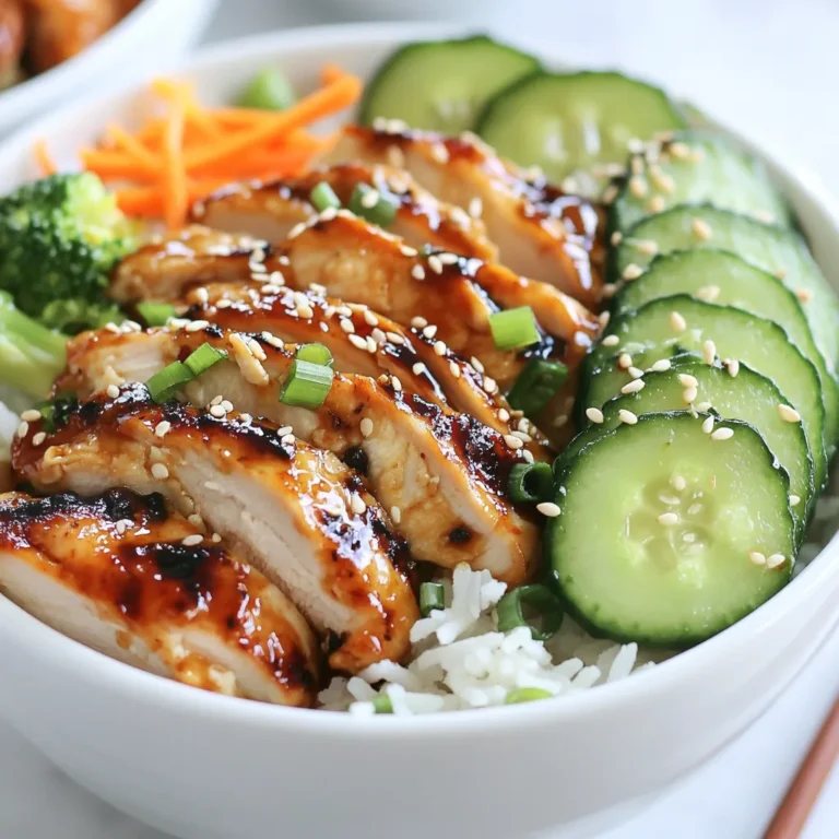 To make Korean BBQ Chicken Bowls, you need a few key ingredients. These will give your meal rich flavors and fresh textures. Here’s the list: - 2 boneless, skinless chicken breasts - 1/4 cup soy sauce - 2 tablespoons gochujang (Korean chili paste) - 2 tablespoons honey - 1 tablespoon sesame oil - 2 cloves garlic, minced - 1 inch ginger, grated - 2 cups cooked jasmine rice - 1 cup broccoli florets - 1 cup shredded carrots - 1/2 cucumber, thinly sliced - 2 green onions, chopped - Sesame seeds, for garnish Each ingredient plays a special role. The chicken gives protein, while the soy sauce and gochujang add saltiness and heat. Honey balances the spice with sweetness. Sesame oil brings a nutty flavor. Garlic and ginger add depth to the marinade. The jasmine rice serves as a soft bed for the bowl. Broccoli, carrots, and cucumber add crunch and color. Green onions and sesame seeds finish it off with flair. These ingredients make every bite enjoyable. You can easily find them at your local grocery store. {{ingredient_image_1}} To start, I mix the marinade in a bowl. I use soy sauce, gochujang, honey, sesame oil, minced garlic, and grated ginger. This mix gives the chicken great flavor. Once mixed, I place the chicken in a zip-top bag. I pour the marinade over the chicken and seal the bag tight. I let it sit in the fridge for at least 30 minutes. For a stronger flavor, I let it marinate for up to 4 hours. Next, I cook the chicken. I preheat a grill or grill pan over medium-high heat. I take the chicken out of the marinade. I throw away the leftover marinade to keep it safe. I grill the chicken for about 6 to 7 minutes on each side. I check the chicken with a meat thermometer. It should reach 165°F (75°C). After cooking, I let it rest for about 5 minutes before slicing it. Now, I steam the broccoli. I can use a steaming basket or a microwave-safe dish. If using a steaming basket, I steam the broccoli for 5 to 7 minutes. I want it to be tender but still crisp. If I'm using a microwave, I cover the dish tightly with plastic wrap. I steam it for about 3 to 4 minutes. This keeps the broccoli bright and fresh. Finally, I assemble the bowls. I start by placing a scoop of jasmine rice at the bottom. I layer the steamed broccoli over the rice. Next, I add shredded carrots and thin cucumber slices. On top, I place the sliced grilled chicken. For a nice touch, I sprinkle chopped green onions and sesame seeds over each bowl. This makes the dish look pretty and adds extra flavor. To boost the flavor, add more honey for sweetness. You can also use fresh lime juice. This adds a bright zing that complements the chicken. If you want more heat, increase the gochujang. Start with one extra teaspoon and taste. Adjust as you like. To get nice grill marks, preheat your grill well. Place the chicken on the grill and do not move it for a few minutes. This helps sear the meat. Always check the internal temperature with a meat thermometer. It should reach 165°F (75°C) to be safe. Overcooking can dry out the chicken, so keep an eye on the time. For extra crunch, add more toppings. Try sliced radishes or chopped peanuts. You can also serve it with kimchi for a spicy kick. To make it a full meal, consider pairing it with a light salad or spring rolls. These add more colors and flavors to your bowl. Pro Tips Marination Time: For the best flavor, marinate the chicken for at least 2 hours, or overnight if possible. Grilling Technique: To achieve grill marks and a juicy chicken, do not flip the chicken too often. Let it sear for a few minutes on each side. Vegetable Variations: Feel free to mix in other vegetables like bell peppers or snap peas for added color and nutrients. Serving Suggestion: Serve with a side of kimchi or pickled vegetables to enhance the Korean flavors. {{image_2}} You can easily change the protein in your Korean BBQ chicken bowls. Try using tofu for a plant-based option. Firm tofu absorbs flavors well and adds a nice texture. Beef works great too. Use flank steak or sirloin for a tender bite. Switching up the veggies can also make a big difference. Add bell peppers for a sweet crunch, or snap peas for extra color. You can even toss in some mushrooms for an earthy flavor. The best part? You can mix and match based on what you have at home. Explore different Asian flavors to keep things fresh. For a Thai twist, add some peanut sauce and fresh basil. You could also use teriyaki sauce for a sweeter taste. Each sauce brings its own flair to the dish. Seasonal ingredients are worth considering. In fall, add roasted sweet potatoes or Brussels sprouts. During summer, fresh corn or zucchini can brighten the bowl. These swaps keep your meal exciting and fun. To make your Korean BBQ chicken bowls gluten-free, simply swap soy sauce for tamari. It has the same taste without the gluten. For a vegan version, use tofu or tempeh instead of chicken. You can also replace honey with maple syrup or agave for sweetness. These easy changes ensure everyone can enjoy your meal. Whether you're catering to gluten-free friends or vegan family members, there’s a tasty option for everyone. To keep your Korean BBQ chicken bowls fresh, use airtight containers. Glass or plastic containers work well. Store the bowls in the fridge for up to three days. This will help maintain flavor and texture. When reheating, use the microwave or stovetop. Heat slowly to avoid drying out the chicken. Add a splash of water or broth to keep it moist. This will keep the dish flavorful and enjoyable. If you need to freeze, layer the ingredients separately. Cooked chicken and veggies freeze best. Use freezer-safe containers or bags. Make sure to remove as much air as possible. To defrost, place the bowls in the fridge overnight. Reheat gently on the stove or in the microwave. This ensures the best taste and texture. You can add more gochujang to the marinade. This will boost the heat. Try using sliced fresh chilies as a topping. You can also add red pepper flakes for extra spice. Yes, you can use sriracha or chili garlic sauce. These options give a different flavor. You can also mix soy sauce with a bit of hot sauce for heat. I recommend marinating the chicken for at least 30 minutes. For stronger flavor, marinate it up to 4 hours. The longer it sits, the more flavor it absorbs. You can serve the bowls with kimchi for a tangy kick. Pickled vegetables also add crunch. A side of heated dumplings or spring rolls pairs well too. To make more servings, simply double the ingredients. Use four chicken breasts and adjust the rest accordingly. Keep the cooking time similar, but check for doneness. Korean BBQ chicken bowls are simple and fun to make. We covered key ingredients like chicken, gochujang, and fresh veggies. I shared tips on marinating, cooking, and steaming for the best results. You can also explore flavor variations and make this dish fit your diet. Remember to store leftovers properly to enjoy them later. I hope you feel inspired to create your own delicious bowls. Enjoy cooking and sharing with others!