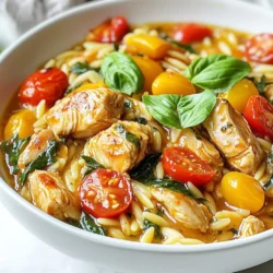 - 1 lb boneless, skinless chicken breasts, cut into bite-sized pieces - 1 cup orzo pasta - 2 cups chicken broth - 1 cup cherry tomatoes, halved - 1 medium onion, diced - 3 cloves garlic, minced - 1 cup fresh spinach - 1 teaspoon dried oregano - 1 teaspoon paprika - 2 tablespoons olive oil - Salt and pepper to taste - Fresh basil leaves for garnish (optional) Chicken breasts are the star here. They give the dish protein and flavor. I recommend using boneless and skinless chicken for quick cooking. Orzo pasta is small and fun to eat. It cooks fast and absorbs flavors well. Cherry tomatoes add sweetness and color. They burst with juice when you bite into them. Onion and garlic bring a base of flavor. They create a warm, savory taste in the dish. Fresh spinach adds a nice pop of green and nutrients. Oregano and paprika give a lovely, earthy touch. Olive oil helps cook the ingredients and adds richness. Use fresh chicken for the best taste. Check for a pink color and no bad smell. Choose orzo that is not broken; this ensures even cooking. Fresh spinach should be bright green and crisp. Look for cherry tomatoes that are plump and firm. Fresh herbs, like basil, enhance the dish’s presentation and flavor. Always use high-quality chicken broth for a rich taste. If possible, choose low-sodium broth to control the saltiness in your meal. {{ingredient_image_1}} Start by gathering all your ingredients. You want everything close by for easy cooking. Cut the chicken into bite-sized pieces. Dice the onion and halve the cherry tomatoes. Mince the garlic. This will help the flavors blend well. Wash the fresh spinach and set it aside. Heat two tablespoons of olive oil in a large skillet over medium heat. Add the diced onion and cook until it turns clear, which takes about 3-4 minutes. Next, add the minced garlic and stir for one minute to keep it from burning. Raise the heat to medium-high and add the chicken. Season the chicken with salt, pepper, oregano, and paprika. Cook it for 6-8 minutes until it is brown and cooked through. After the chicken is ready, stir in the orzo pasta and halved cherry tomatoes. Mix them well with the chicken. Pour in the chicken broth and bring it to a boil. Once it boils, lower the heat, cover the skillet, and let it simmer for 10-12 minutes. The orzo should be tender and soak up most of the broth. Finally, stir in the fresh spinach and cook until it wilts, which takes about 2 minutes. Remove the skillet from the heat and let it rest for a couple of minutes. This helps the flavors settle. To serve, scoop the mixture into bowls. You can garnish with fresh basil leaves for color and extra taste. If you like, drizzle a little olive oil on top. Enjoy your meal! To cook chicken well, start with even-sized pieces. This helps them cook evenly. Use a hot skillet to get a nice brown on the chicken. Season it well with salt and pepper before cooking. Make sure to stir it often. This keeps it from sticking and ensures it cooks evenly. Always check that the chicken is cooked through. The inside should be 165°F. This makes sure it is safe to eat. Cooking orzo is simple, but it needs attention. Add it to the skillet with the chicken and broth. It will soak up the flavors while cooking. Keep the heat low after it boils. This helps the orzo cook gently. Stir it occasionally to prevent it from clumping. Cook until it is tender but still has a little bite, known as al dente. This makes the dish more interesting. To boost flavor, add herbs like fresh basil or parsley at the end. You can also mix in a squeeze of lemon juice for brightness. If you like heat, try adding red pepper flakes. A dash of balsamic vinegar can add depth. Always taste your dish as you go. Adjust salt, pepper, or spices to match your taste. This way, you’ll create a meal that is just right for you. Pro Tips Marinate the Chicken: For even more flavor, marinate the chicken pieces in olive oil, oregano, paprika, salt, and pepper for at least 30 minutes before cooking. Use Homemade Broth: If possible, use homemade chicken broth for a richer and more authentic taste. Don’t Overcook the Orzo: Keep an eye on the orzo while it simmers; it should be al dente and absorb the broth without becoming mushy. Add Cheese: For a creamy finish, stir in some grated Parmesan cheese just before serving for added richness. {{image_2}} You can easily make this dish vegetarian. Substitute the chicken with chickpeas or lentils. Use vegetable broth instead of chicken broth. This keeps the flavor rich and tasty. Add more veggies like zucchini or bell peppers for extra color and texture. You can also use tofu for protein. If you want to switch up the protein, try shrimp or sausage. Shrimp cooks quickly and adds a nice touch. If you use sausage, slice it and cook it first. Remove it and then add it back in with the orzo. You can also use turkey instead of chicken for a lighter option. You can change the flavors to suit your taste. Try adding lemon juice for a fresh zing. A splash of balsamic vinegar can add depth. You can also mix in different herbs like thyme or rosemary. For a spicy kick, add red pepper flakes. Adjust the flavors to make it your own! To store your Chicken Orzo Skillet, let it cool first. Transfer it to an airtight container. This helps keep it fresh. You can store it in the fridge for up to four days. If you want to keep it longer, freezing is a great option. When ready to enjoy your leftovers, reheat them on the stove. Add a splash of chicken broth to keep it moist. Heat it over low to medium heat. Stir often until it warms through. You can also use the microwave. Just cover it and heat in short bursts, stirring in between. In the fridge, your Chicken Orzo Skillet lasts about four days. If frozen, it can last up to three months. To freeze, use a freezer-safe container. Label it with the date so you remember when you made it. Thaw it overnight in the fridge before reheating for the best texture. Yes, you can use other types of pasta. Small shapes work best. Try ditalini or small shells. They cook well and blend nicely with chicken. Keep an eye on the cooking time. You may need to adjust it based on the pasta. If you can't find orzo, use quinoa or couscous. Both options are great. They add a nice texture to the dish. Rice is another option, but it may need more cooking time. Just make sure to adjust the liquid. Yes, you can prepare this dish ahead of time! Cook it fully, then cool it down. Store it in the fridge for up to three days. When you're ready to eat, just reheat it on the stove. Add a splash of broth to keep it moist. To add heat, toss in red pepper flakes while cooking. You can also use spicy sausage instead of chicken. Another option is to add diced jalapeños. Adjust the spice level to your taste. Enjoy the kick! This dish goes well with a simple green salad. Roasted vegetables also make a great side. You can serve it with garlic bread for a hearty meal. A side of steamed broccoli or asparagus adds color and nutrition. In this article, we explored the key ingredients and steps to make Chicken Orzo Skillet. You learned about selecting fresh ingredients, cooking techniques, and how to add your personal twist. We shared tips for perfect chicken and creative variations. Finally, we covered storage and reheating for leftovers. Whether you stick to the classic recipe or try new flavors, you now have the knowledge to enjoy this dish. Dive in and make your meal a success!
