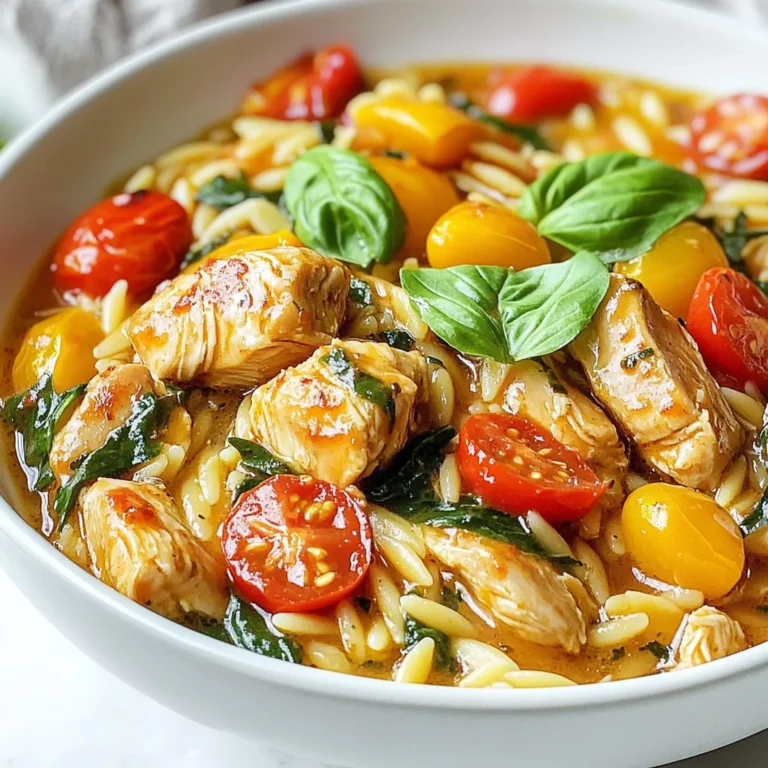 - 1 lb boneless, skinless chicken breasts, cut into bite-sized pieces - 1 cup orzo pasta - 2 cups chicken broth - 1 cup cherry tomatoes, halved - 1 medium onion, diced - 3 cloves garlic, minced - 1 cup fresh spinach - 1 teaspoon dried oregano - 1 teaspoon paprika - 2 tablespoons olive oil - Salt and pepper to taste - Fresh basil leaves for garnish (optional) Chicken breasts are the star here. They give the dish protein and flavor. I recommend using boneless and skinless chicken for quick cooking. Orzo pasta is small and fun to eat. It cooks fast and absorbs flavors well. Cherry tomatoes add sweetness and color. They burst with juice when you bite into them. Onion and garlic bring a base of flavor. They create a warm, savory taste in the dish. Fresh spinach adds a nice pop of green and nutrients. Oregano and paprika give a lovely, earthy touch. Olive oil helps cook the ingredients and adds richness. Use fresh chicken for the best taste. Check for a pink color and no bad smell. Choose orzo that is not broken; this ensures even cooking. Fresh spinach should be bright green and crisp. Look for cherry tomatoes that are plump and firm. Fresh herbs, like basil, enhance the dish’s presentation and flavor. Always use high-quality chicken broth for a rich taste. If possible, choose low-sodium broth to control the saltiness in your meal. {{ingredient_image_1}} Start by gathering all your ingredients. You want everything close by for easy cooking. Cut the chicken into bite-sized pieces. Dice the onion and halve the cherry tomatoes. Mince the garlic. This will help the flavors blend well. Wash the fresh spinach and set it aside. Heat two tablespoons of olive oil in a large skillet over medium heat. Add the diced onion and cook until it turns clear, which takes about 3-4 minutes. Next, add the minced garlic and stir for one minute to keep it from burning. Raise the heat to medium-high and add the chicken. Season the chicken with salt, pepper, oregano, and paprika. Cook it for 6-8 minutes until it is brown and cooked through. After the chicken is ready, stir in the orzo pasta and halved cherry tomatoes. Mix them well with the chicken. Pour in the chicken broth and bring it to a boil. Once it boils, lower the heat, cover the skillet, and let it simmer for 10-12 minutes. The orzo should be tender and soak up most of the broth. Finally, stir in the fresh spinach and cook until it wilts, which takes about 2 minutes. Remove the skillet from the heat and let it rest for a couple of minutes. This helps the flavors settle. To serve, scoop the mixture into bowls. You can garnish with fresh basil leaves for color and extra taste. If you like, drizzle a little olive oil on top. Enjoy your meal! To cook chicken well, start with even-sized pieces. This helps them cook evenly. Use a hot skillet to get a nice brown on the chicken. Season it well with salt and pepper before cooking. Make sure to stir it often. This keeps it from sticking and ensures it cooks evenly. Always check that the chicken is cooked through. The inside should be 165°F. This makes sure it is safe to eat. Cooking orzo is simple, but it needs attention. Add it to the skillet with the chicken and broth. It will soak up the flavors while cooking. Keep the heat low after it boils. This helps the orzo cook gently. Stir it occasionally to prevent it from clumping. Cook until it is tender but still has a little bite, known as al dente. This makes the dish more interesting. To boost flavor, add herbs like fresh basil or parsley at the end. You can also mix in a squeeze of lemon juice for brightness. If you like heat, try adding red pepper flakes. A dash of balsamic vinegar can add depth. Always taste your dish as you go. Adjust salt, pepper, or spices to match your taste. This way, you’ll create a meal that is just right for you. Pro Tips Marinate the Chicken: For even more flavor, marinate the chicken pieces in olive oil, oregano, paprika, salt, and pepper for at least 30 minutes before cooking. Use Homemade Broth: If possible, use homemade chicken broth for a richer and more authentic taste. Don’t Overcook the Orzo: Keep an eye on the orzo while it simmers; it should be al dente and absorb the broth without becoming mushy. Add Cheese: For a creamy finish, stir in some grated Parmesan cheese just before serving for added richness. {{image_2}} You can easily make this dish vegetarian. Substitute the chicken with chickpeas or lentils. Use vegetable broth instead of chicken broth. This keeps the flavor rich and tasty. Add more veggies like zucchini or bell peppers for extra color and texture. You can also use tofu for protein. If you want to switch up the protein, try shrimp or sausage. Shrimp cooks quickly and adds a nice touch. If you use sausage, slice it and cook it first. Remove it and then add it back in with the orzo. You can also use turkey instead of chicken for a lighter option. You can change the flavors to suit your taste. Try adding lemon juice for a fresh zing. A splash of balsamic vinegar can add depth. You can also mix in different herbs like thyme or rosemary. For a spicy kick, add red pepper flakes. Adjust the flavors to make it your own! To store your Chicken Orzo Skillet, let it cool first. Transfer it to an airtight container. This helps keep it fresh. You can store it in the fridge for up to four days. If you want to keep it longer, freezing is a great option. When ready to enjoy your leftovers, reheat them on the stove. Add a splash of chicken broth to keep it moist. Heat it over low to medium heat. Stir often until it warms through. You can also use the microwave. Just cover it and heat in short bursts, stirring in between. In the fridge, your Chicken Orzo Skillet lasts about four days. If frozen, it can last up to three months. To freeze, use a freezer-safe container. Label it with the date so you remember when you made it. Thaw it overnight in the fridge before reheating for the best texture. Yes, you can use other types of pasta. Small shapes work best. Try ditalini or small shells. They cook well and blend nicely with chicken. Keep an eye on the cooking time. You may need to adjust it based on the pasta. If you can't find orzo, use quinoa or couscous. Both options are great. They add a nice texture to the dish. Rice is another option, but it may need more cooking time. Just make sure to adjust the liquid. Yes, you can prepare this dish ahead of time! Cook it fully, then cool it down. Store it in the fridge for up to three days. When you're ready to eat, just reheat it on the stove. Add a splash of broth to keep it moist. To add heat, toss in red pepper flakes while cooking. You can also use spicy sausage instead of chicken. Another option is to add diced jalapeños. Adjust the spice level to your taste. Enjoy the kick! This dish goes well with a simple green salad. Roasted vegetables also make a great side. You can serve it with garlic bread for a hearty meal. A side of steamed broccoli or asparagus adds color and nutrition. In this article, we explored the key ingredients and steps to make Chicken Orzo Skillet. You learned about selecting fresh ingredients, cooking techniques, and how to add your personal twist. We shared tips for perfect chicken and creative variations. Finally, we covered storage and reheating for leftovers. Whether you stick to the classic recipe or try new flavors, you now have the knowledge to enjoy this dish. Dive in and make your meal a success!