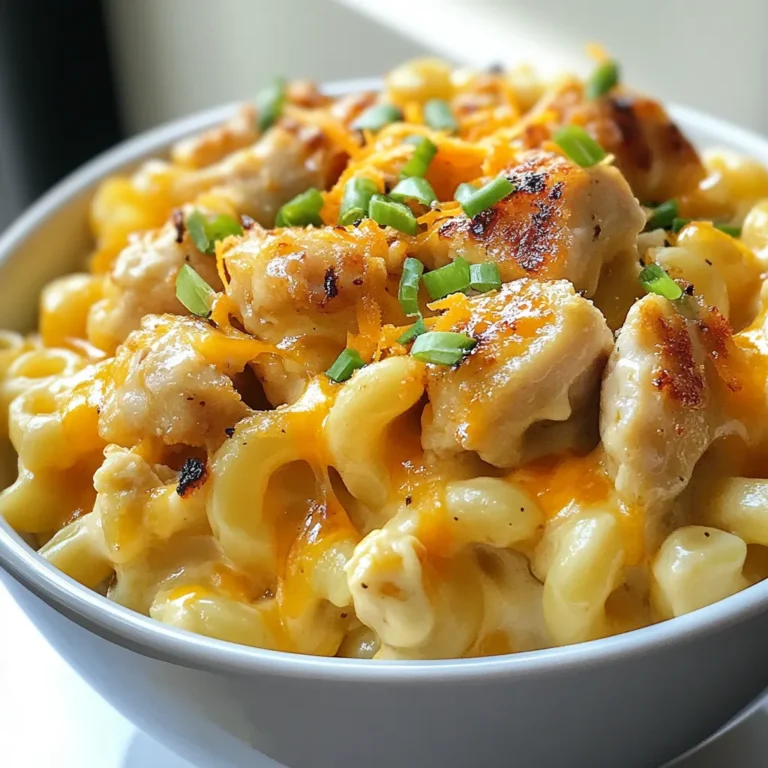 - 2 cups elbow macaroni - 1 lb boneless, skinless chicken breast, diced - 2 tablespoons honey - 3 cloves garlic, minced - 2 cups sharp cheddar cheese, shredded - 1 cup Greek yogurt - 2 cups chicken broth - 1 tablespoon olive oil - 1 teaspoon paprika - Salt and pepper to taste - 1/4 cup green onions, chopped This dish starts with simple, yet flavorful ingredients. The elbow macaroni gives a great base. I love using boneless, skinless chicken breast for its lean protein. Honey adds a sweet touch that balances the garlic's punch. Fresh garlic gives the best flavor, so I always use minced garlic. Sharp cheddar cheese is key; it makes the sauce creamy and rich. I add Greek yogurt for extra creaminess and protein. Chicken broth provides depth to the sauce. Olive oil helps cook the chicken and adds a nice richness. Paprika brings warmth to the dish. I always season with salt and pepper to enhance all the flavors. Finally, I top it all off with chopped green onions for a fresh bite and color. Each ingredient plays a role in creating a tasty and satisfying meal. {{ingredient_image_1}} First, take a large pot and fill it with water. Add salt to the water to season it. Bring the water to a boil. Once it boils, add the elbow macaroni. Cook it according to the package instructions until it's al dente. This usually takes about 7 to 9 minutes. When done, drain the pasta in a colander and set it aside. Next, grab a large skillet and heat olive oil over medium heat. Once the oil is hot, add the diced chicken breast. Season the chicken with salt, pepper, and paprika. Cook the chicken for about 7 to 10 minutes. You want it golden brown and cooked through. Stir it occasionally to ensure even cooking. Now, lower the heat on your skillet. Add minced garlic to the chicken and sauté for about 1 minute. The garlic should smell fragrant but not burn. After that, drizzle in the honey. Stir the chicken well to coat it in the honey. Cook for 2 more minutes until the sauce thickens a bit. In the same pot you used for the pasta, pour in the chicken broth. Bring the broth to a gentle simmer. Gradually add Greek yogurt to the pot. Stir it until the mixture is smooth and creamy. This will help to make your sauce rich and give extra protein. Once the sauce is creamy, slowly mix in the shredded sharp cheddar cheese. Stir constantly until the cheese melts and blends into the sauce. This will give the dish a cheesy flavor that pairs well with the chicken and honey. Finally, add the drained macaroni and the honey garlic chicken into the cheese sauce. Mix everything together well, making sure each piece of pasta is coated. Taste your dish and adjust seasoning with more salt or pepper if needed. Serve the Honey Garlic Chicken Mac and Cheese hot, garnished with chopped green onions for a fresh touch. Enjoy every cheesy bite! To boost protein in this dish, use Greek yogurt. It adds creaminess and protein. You can also try adding cottage cheese or even ricotta. These options blend well into the cheese sauce. For an extra protein punch, consider using ground turkey instead of chicken. This keeps the dish tasty while adding more protein per serving. Creaminess is key in mac and cheese. Greek yogurt helps, but you can use different methods too. Try adding more cheese, like Monterey Jack or Gouda. This gives a rich texture. You can also stir in a bit of milk or cream. This will help achieve the perfect creamy consistency. Remember to mix slowly to keep the sauce smooth. Seasoning is crucial for flavor. I love using garlic and paprika for a great taste. You can add more spices, like onion powder or cayenne pepper, for heat. Fresh herbs like thyme or basil can also add depth. Just remember, taste as you go! Adjust salt and pepper to your liking for the best flavor experience. Pro Tips Use Fresh Garlic: Freshly minced garlic provides a more robust flavor than pre-minced alternatives; it enhances the dish's aroma and taste. Cheese Choices: Experiment with different cheeses like Gruyère or Monterey Jack for a unique twist on the mac and cheese flavor profile. Cooking Chicken: Make sure not to overcrowd the skillet when cooking the chicken; this ensures even cooking and browning. Adjust Creaminess: If you prefer a creamier mac and cheese, add a bit more Greek yogurt or a splash of cream to the sauce. {{image_2}} You can swap the sharp cheddar cheese for other types. Try mozzarella for a milder taste. For a bolder flavor, use gouda or pepper jack. Mixing two cheeses can also create a fun depth of flavor. Just make sure to keep the total amount the same. To make this dish vegetarian, replace the chicken with cooked chickpeas or lentils. They add protein and a nice texture. You can also add veggies like spinach or bell peppers for extra color and nutrition. Just sauté them before adding to the cheese sauce. If you like heat, add some diced jalapeños or red pepper flakes. Mix them in with the chicken as it cooks. For an even spicier kick, try a spicy cheese, like pepper jack. This variation brings a new level of excitement to your meal. After enjoying your Honey Garlic Chicken Mac and Cheese, store the leftovers in an airtight container. Make sure to cool the dish to room temperature first. This helps maintain the taste and texture. Leftovers can last for up to three days in the fridge. Label the container with the date to keep track of freshness. To reheat, place the leftovers in a microwave-safe bowl. Add a splash of chicken broth or water to keep it moist. Cover the bowl with a microwave-safe lid or wrap. Heat in the microwave for about 1-2 minutes. Stir halfway for even warming. You can also reheat in a skillet over low heat. Stir often to prevent sticking. If you want to save some for later, you can freeze the Honey Garlic Chicken Mac and Cheese. Use a freezer-safe container or bag. Make sure to remove as much air as possible. Label it with the date. It can last for about 2-3 months in the freezer. To thaw, place it in the fridge overnight before reheating. Yes, you can use whole wheat pasta. It adds more fiber and nutrients. The taste and texture are a bit different, but it will still work well. Just cook it according to package directions. Whole wheat pasta makes this dish even healthier. To make this dish dairy-free, switch Greek yogurt and cheese for plant-based options. Use almond or coconut yogurt. For cheese, try a dairy-free cheese blend. Nutritional yeast can add a cheesy flavor, too. Adjust the liquid in the sauce with more broth as needed. If you don't have Greek yogurt, use plain yogurt or sour cream. You can also try silken tofu blended until smooth. Each option will keep the dish creamy and rich. Just make sure it has a similar texture for the best results. The chicken is fully cooked when it reaches an internal temperature of 165°F. You can check this with a meat thermometer. The meat should look white and be firm. If it’s still pink or soft, cook it a bit longer. Always ensure your chicken is safe to eat. This blog explored a tasty pasta dish with chicken and honey garlic sauce. We covered the key ingredients, like elbow macaroni and sharp cheddar. You learned step-by-step how to cook the pasta and prepare the chicken. Tips helped you enhance protein and perfect creaminess. We even looked at variations, storage info, and common questions. Cooking can be fun and easy with these simple steps. Enjoy your delicious creation!