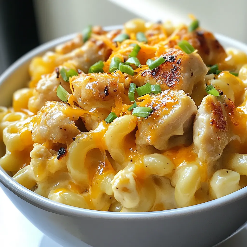 - 2 cups elbow macaroni - 1 lb boneless, skinless chicken breast, diced - 2 tablespoons honey - 3 cloves garlic, minced - 2 cups sharp cheddar cheese, shredded - 1 cup Greek yogurt - 2 cups chicken broth - 1 tablespoon olive oil - 1 teaspoon paprika - Salt and pepper to taste - 1/4 cup green onions, chopped This dish starts with simple, yet flavorful ingredients. The elbow macaroni gives a great base. I love using boneless, skinless chicken breast for its lean protein. Honey adds a sweet touch that balances the garlic's punch. Fresh garlic gives the best flavor, so I always use minced garlic. Sharp cheddar cheese is key; it makes the sauce creamy and rich. I add Greek yogurt for extra creaminess and protein. Chicken broth provides depth to the sauce. Olive oil helps cook the chicken and adds a nice richness. Paprika brings warmth to the dish. I always season with salt and pepper to enhance all the flavors. Finally, I top it all off with chopped green onions for a fresh bite and color. Each ingredient plays a role in creating a tasty and satisfying meal. {{ingredient_image_1}} First, take a large pot and fill it with water. Add salt to the water to season it. Bring the water to a boil. Once it boils, add the elbow macaroni. Cook it according to the package instructions until it's al dente. This usually takes about 7 to 9 minutes. When done, drain the pasta in a colander and set it aside. Next, grab a large skillet and heat olive oil over medium heat. Once the oil is hot, add the diced chicken breast. Season the chicken with salt, pepper, and paprika. Cook the chicken for about 7 to 10 minutes. You want it golden brown and cooked through. Stir it occasionally to ensure even cooking. Now, lower the heat on your skillet. Add minced garlic to the chicken and sauté for about 1 minute. The garlic should smell fragrant but not burn. After that, drizzle in the honey. Stir the chicken well to coat it in the honey. Cook for 2 more minutes until the sauce thickens a bit. In the same pot you used for the pasta, pour in the chicken broth. Bring the broth to a gentle simmer. Gradually add Greek yogurt to the pot. Stir it until the mixture is smooth and creamy. This will help to make your sauce rich and give extra protein. Once the sauce is creamy, slowly mix in the shredded sharp cheddar cheese. Stir constantly until the cheese melts and blends into the sauce. This will give the dish a cheesy flavor that pairs well with the chicken and honey. Finally, add the drained macaroni and the honey garlic chicken into the cheese sauce. Mix everything together well, making sure each piece of pasta is coated. Taste your dish and adjust seasoning with more salt or pepper if needed. Serve the Honey Garlic Chicken Mac and Cheese hot, garnished with chopped green onions for a fresh touch. Enjoy every cheesy bite! To boost protein in this dish, use Greek yogurt. It adds creaminess and protein. You can also try adding cottage cheese or even ricotta. These options blend well into the cheese sauce. For an extra protein punch, consider using ground turkey instead of chicken. This keeps the dish tasty while adding more protein per serving. Creaminess is key in mac and cheese. Greek yogurt helps, but you can use different methods too. Try adding more cheese, like Monterey Jack or Gouda. This gives a rich texture. You can also stir in a bit of milk or cream. This will help achieve the perfect creamy consistency. Remember to mix slowly to keep the sauce smooth. Seasoning is crucial for flavor. I love using garlic and paprika for a great taste. You can add more spices, like onion powder or cayenne pepper, for heat. Fresh herbs like thyme or basil can also add depth. Just remember, taste as you go! Adjust salt and pepper to your liking for the best flavor experience. Pro Tips Use Fresh Garlic: Freshly minced garlic provides a more robust flavor than pre-minced alternatives; it enhances the dish's aroma and taste. Cheese Choices: Experiment with different cheeses like Gruyère or Monterey Jack for a unique twist on the mac and cheese flavor profile. Cooking Chicken: Make sure not to overcrowd the skillet when cooking the chicken; this ensures even cooking and browning. Adjust Creaminess: If you prefer a creamier mac and cheese, add a bit more Greek yogurt or a splash of cream to the sauce. {{image_2}} You can swap the sharp cheddar cheese for other types. Try mozzarella for a milder taste. For a bolder flavor, use gouda or pepper jack. Mixing two cheeses can also create a fun depth of flavor. Just make sure to keep the total amount the same. To make this dish vegetarian, replace the chicken with cooked chickpeas or lentils. They add protein and a nice texture. You can also add veggies like spinach or bell peppers for extra color and nutrition. Just sauté them before adding to the cheese sauce. If you like heat, add some diced jalapeños or red pepper flakes. Mix them in with the chicken as it cooks. For an even spicier kick, try a spicy cheese, like pepper jack. This variation brings a new level of excitement to your meal. After enjoying your Honey Garlic Chicken Mac and Cheese, store the leftovers in an airtight container. Make sure to cool the dish to room temperature first. This helps maintain the taste and texture. Leftovers can last for up to three days in the fridge. Label the container with the date to keep track of freshness. To reheat, place the leftovers in a microwave-safe bowl. Add a splash of chicken broth or water to keep it moist. Cover the bowl with a microwave-safe lid or wrap. Heat in the microwave for about 1-2 minutes. Stir halfway for even warming. You can also reheat in a skillet over low heat. Stir often to prevent sticking. If you want to save some for later, you can freeze the Honey Garlic Chicken Mac and Cheese. Use a freezer-safe container or bag. Make sure to remove as much air as possible. Label it with the date. It can last for about 2-3 months in the freezer. To thaw, place it in the fridge overnight before reheating. Yes, you can use whole wheat pasta. It adds more fiber and nutrients. The taste and texture are a bit different, but it will still work well. Just cook it according to package directions. Whole wheat pasta makes this dish even healthier. To make this dish dairy-free, switch Greek yogurt and cheese for plant-based options. Use almond or coconut yogurt. For cheese, try a dairy-free cheese blend. Nutritional yeast can add a cheesy flavor, too. Adjust the liquid in the sauce with more broth as needed. If you don't have Greek yogurt, use plain yogurt or sour cream. You can also try silken tofu blended until smooth. Each option will keep the dish creamy and rich. Just make sure it has a similar texture for the best results. The chicken is fully cooked when it reaches an internal temperature of 165°F. You can check this with a meat thermometer. The meat should look white and be firm. If it’s still pink or soft, cook it a bit longer. Always ensure your chicken is safe to eat. This blog explored a tasty pasta dish with chicken and honey garlic sauce. We covered the key ingredients, like elbow macaroni and sharp cheddar. You learned step-by-step how to cook the pasta and prepare the chicken. Tips helped you enhance protein and perfect creaminess. We even looked at variations, storage info, and common questions. Cooking can be fun and easy with these simple steps. Enjoy your delicious creation!