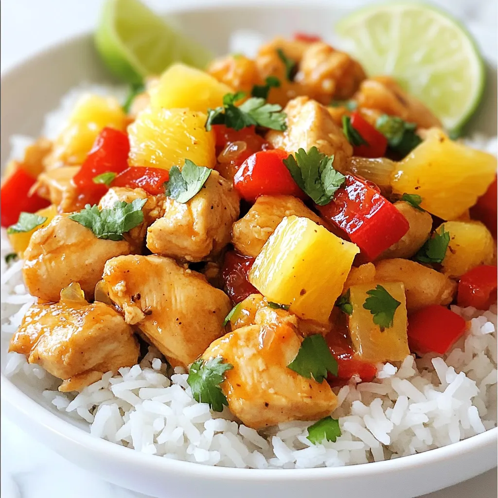 - 2 cups jasmine rice - 1 lb chicken breast, diced - 1 ripe pineapple, peeled and cut into small chunks - 1 red bell pepper, diced - 1 green bell pepper, diced - 1 onion, finely chopped Jasmine rice gives this dish a great texture. It is soft and fragrant. The chicken breast adds protein and heartiness. Pineapple brings sweetness and acidity, which balances the flavors. The bell peppers and onion add color and crunch. Together, these ingredients create a vibrant mix. - 2 tablespoons soy sauce - 1 tablespoon sesame oil - 1 tablespoon fresh ginger, grated - 3 cloves garlic, minced - ½ teaspoon black pepper - Salt to taste Soy sauce adds depth and umami. Sesame oil gives a nutty flavor that boosts the dish. Fresh ginger and garlic provide warmth and spice. Black pepper adds a nice kick, while salt enhances all the flavors. - Fresh cilantro for garnish - Lime wedges for serving Cilantro adds a fresh, herbal note. Lime wedges bring acidity, which brightens the dish. These garnishes make the meal look and taste even better. {{ingredient_image_1}} - Rinse jasmine rice. - Use cold water until it runs clear. This helps remove excess starch. - Cook according to package instructions. This usually takes about 15 minutes. - Once done, set the rice aside. - Heat sesame oil in a large skillet over medium-high heat. - Add the diced chicken. Season it with salt and black pepper. - Cook the chicken for 5-7 minutes, until it is browned and cooked through. - Next, add the chopped onion, garlic, and grated ginger to the skillet. - Sauté for 2-3 minutes. The onion should become soft and fragrant. - Now stir in the diced red and green bell peppers. Cook for another 3-4 minutes. They should start to soften. - Add the pineapple chunks to the skillet. Pour in the soy sauce as well. - Cook until the pineapple is hot and the flavors mix well, about 2-3 minutes. - Finally, combine the cooked jasmine rice with the chicken and vegetables. - Stir everything to blend evenly. Taste and adjust seasoning if needed. - Serve hot, garnished with fresh cilantro and lime wedges on the side. Rinsing the rice is key. It helps remove extra starch, which makes the rice sticky. Rinse the jasmine rice under cold water until the water runs clear. This step is simple but very important. You can cook jasmine rice in a pot or a rice cooker. If using a pot, use two cups of water for every cup of rice. Bring the water to a boil, then cover and simmer for about 15 minutes. Remove it from heat and let it sit for 5 minutes. This makes sure the rice is fluffy. To boost the taste, you can adjust the seasonings. Adding a bit more soy sauce can deepen the flavor. If you like it spicy, consider adding a pinch of red pepper flakes. The cooking time for each ingredient matters. Sauté the chicken for 5-7 minutes until it's brown. Cooking the onion, garlic, and ginger for 2-3 minutes gives a nice aroma. Bell peppers should cook for 3-4 minutes to stay crisp, while the pineapple needs just 2-3 minutes to warm up. When plating, use a large bowl to show off the colors. Garnish with fresh cilantro for a pop of green. Adding lime wedges on the side gives a fresh zing. Pair your Pineapple Chicken and Rice with a simple salad or steamed broccoli for a balanced meal. This makes for a beautiful and tasty family dinner. Pro Tips Use Fresh Pineapple: Using fresh pineapple instead of canned will enhance the flavor and texture of your dish, giving it a vibrant and juicy profile. Marinate the Chicken: For added flavor, consider marinating the diced chicken in soy sauce, ginger, and garlic for at least 30 minutes before cooking. Adjust Spice Levels: If you like a bit of heat, add some crushed red pepper flakes or diced jalapeños to the skillet along with the vegetables. Serve with Extra Lime: A squeeze of fresh lime juice just before serving brightens the dish and balances the sweetness of the pineapple. {{image_2}} You can swap chicken for shrimp or tofu in this dish. Shrimp cooks fast and adds a nice flavor. Just sauté them for 4-5 minutes until pink. Tofu gives a great texture. Use firm tofu and cube it. Cook it until golden brown for best results. Adjust the soy sauce to fit these proteins. Shrimp and tofu can soak up flavors quickly, so taste and add more as needed. Feel free to add more veggies! Carrots, snap peas, or broccoli work well. They add color and crunch. You can roast or grill these veggies for a smoky taste. Just toss them in oil and season before cooking. This will enhance their flavors and bring out natural sweetness. If you want to change up the rice, use brown rice. It takes longer to cook but adds a nutty flavor. Cauliflower rice is a great low-carb option. It cooks quickly and soaks up the dish's flavors. Just remember to adjust cooking time based on your rice choice. Each option can make this meal unique! To keep your Pineapple Chicken and Rice fresh, follow these tips: - Let it cool down to room temperature. - Place it in airtight containers. - Store in the fridge for up to 3 days. Using glass containers helps keep flavors strong. Plastic can absorb smells. When reheating, aim for even warmth. Here are some methods to try: - Microwave: Heat in short bursts, stirring in between. - Skillet: Add a splash of water and cover. Stir occasionally. - Oven: Bake at 350°F until warm. This helps keep the texture. For best taste, add a little fresh lime juice before serving. Freezing is great for long-term storage. Here’s how to do it right: - Cool the dish completely first. - Portion it into freezer-safe bags or containers. - Label with the date for easy tracking. When you’re ready to eat, thaw it in the fridge overnight. For faster thawing, use the microwave on low power. This keeps the dish tasty! Yes, you can make Pineapple Chicken and Rice ahead. Cook the dish and let it cool. Store it in a container in the fridge. It stays good for about three days. When ready to eat, reheat on the stove or in the microwave. This makes it easy for busy nights! If you need a soy sauce substitute, try coconut aminos. It has a similar flavor but less salt. You can also use tamari for a gluten-free option. Another choice is to mix balsamic vinegar with water for a new twist. To add spice, include red pepper flakes or chopped chili peppers. You can also use sriracha or a hot sauce of your choice. Mix these in when cooking the chicken or add them to your plate. Adjust the amount to your heat preference for a kick! Yes! For a vegetarian version, swap chicken for tofu or tempeh. Use vegetable broth instead of soy sauce for more flavor. You can also add extra veggies like broccoli or snap peas. This keeps the dish tasty and satisfying for everyone. To wrap up, we explored how to make Pineapple Chicken and Rice. We covered the key ingredients, including jasmine rice, chicken, and fresh veggies. I shared simple steps for cooking and flavor tips. You can also customize this dish with different proteins or veggies. Remember to store leftovers properly for later enjoyment. Whether you make this dish ahead or adjust for spice, the options are endless. Dive in and enjoy this tasty meal anytime!