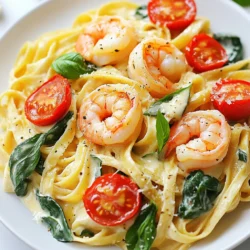 - Shrimp and Pasta - 1 lb shrimp, peeled and deveined - 8 oz fettuccine or linguine Shrimp is the star of this dish. Choose fresh shrimp for the best flavor. If you use frozen shrimp, make sure to thaw them fully. Pasta adds heartiness. Fettuccine works well, but linguine is a great choice too. - Fresh Vegetables - 3 cloves garlic, minced - 1 cup cherry tomatoes, halved - 1 cup fresh spinach Garlic brings a lovely aroma. Use fresh cloves for the best taste. Cherry tomatoes add sweetness. Halving them helps release their juices. Fresh spinach adds color and nutrition. It wilts quickly, making it easy to cook. - Cream Sauce Components - ½ cup heavy cream - ½ cup grated Parmesan cheese - 2 tablespoons olive oil - 1 teaspoon Italian seasoning - Salt and pepper to taste - Fresh basil, for garnish Heavy cream gives richness to the sauce. Parmesan adds a salty, nutty flavor. Olive oil helps sauté the shrimp and veggies. Italian seasoning ties the dish together. Adjust salt and pepper to suit your taste. Fresh basil is perfect for a finishing touch. {{ingredient_image_1}} Boiling and Draining the Pasta To start, grab a large pot and fill it with water. Add salt to the water and bring it to a boil. Once boiling, add 8 ounces of fettuccine or linguine. Cook it according to the package directions. You want the pasta to be al dente, which means it should be firm but cooked through. After cooking, drain the pasta in a colander. Don't forget to reserve ½ cup of the pasta water for later. Reserving Pasta Water Keeping some pasta water is key. The starchy water helps to make your sauce creamy and smooth. Set it aside to use when you mix everything together. Sautéing with Olive Oil Next, heat 2 tablespoons of olive oil in a large skillet over medium heat. Once hot, add 1 pound of peeled and deveined shrimp. You want to hear a nice sizzle when the shrimp hit the pan. Perfectly Seasoning the Shrimp Sprinkle salt and pepper over the shrimp. Cook for about 2 to 3 minutes on each side. The shrimp will turn pink and opaque when done. Once cooked, take them out of the skillet and set them aside. Sautéing Garlic and Tomatoes In the same skillet, add 3 cloves of minced garlic and 1 cup of halved cherry tomatoes. Cook these for about 2 to 3 minutes. You want the tomatoes to soften and release their juices. Incorporating Spinach and Cream Next, stir in 1 cup of fresh spinach. Let it cook until it wilts down. Then, lower the heat and pour in ½ cup of heavy cream. Add ½ cup of grated Parmesan cheese and 1 teaspoon of Italian seasoning. Stir until everything is smooth. If the sauce is too thick, add some reserved pasta water a little at a time until you reach the right consistency. Tossing in Shrimp and Pasta Now it’s time to bring it all together. Return the cooked shrimp back to the skillet. Add the drained pasta next. Toss everything gently until the pasta is well coated in the creamy sauce. Taste and adjust seasoning with salt and pepper if needed. Garnishing for Presentation To finish, plate your creamy Tuscan shrimp pasta. Garnish with fresh basil leaves and a sprinkle of extra Parmesan cheese on top. This step makes your dish look as good as it tastes! Determining Al Dente Texture To make the best creamy Tuscan shrimp pasta, you want your pasta cooked just right. Al dente means "to the tooth" in Italian. The pasta should be firm, but not hard. It should have a slight bite when you chew it. To check for doneness, taste a piece a minute or two before the package time ends. Tips for Timing Timing is key when cooking pasta. Start boiling your water while you prepare other ingredients. Once your water is boiling, add salt before adding the pasta. Salt helps flavor the pasta. Follow the package instructions, but do not forget to check it a minute early. You want that perfect al dente bite! Suggested Seasonings and Herbs To boost flavor, use fresh herbs like basil or parsley. A dash of red pepper flakes can add a nice kick. You can also try adding lemon zest for a fresh touch. Italian seasoning already gives a nice blend, but don't hesitate to customize it to your taste. Alternative Cheese Options While Parmesan cheese is classic, you can swap it with Pecorino Romano for a saltier taste. For a creamier texture, use mascarpone cheese. If you want to avoid dairy, try nutritional yeast for a cheesy flavor. Overcooking Shrimp Shrimp cooks quickly. If you cook it too long, it will become rubbery. Cook shrimp for just 2-3 minutes on each side. They should turn pink and opaque. Once they reach this color, they are done. Remove them from the heat right away. Sauce Consistency Issues A creamy sauce is key to this dish. If your sauce is too thick, add a little reserved pasta water. Stir slowly until you reach the right consistency. If it’s too thin, let it simmer for a minute. This helps it thicken up nicely. Pro Tips Use Fresh Ingredients: For the best flavor, opt for fresh spinach and ripe cherry tomatoes. Fresh ingredients elevate the dish and enhance its overall taste. Don’t Overcook the Shrimp: Cook the shrimp just until pink and opaque. Overcooking can make them rubbery, so keep an eye on them while sautéing. Adjust Sauce Consistency: If the sauce is too thick, gradually add reserved pasta water until you reach your desired consistency. This also helps the sauce adhere better to the pasta. Garnish for Flavor: Fresh basil not only adds a pop of color but also a burst of flavor. Don’t skip this step to enhance your dish presentation and taste. {{image_2}} Alternatives to Shrimp If you want to switch things up, try chicken or scallops. These proteins cook well and absorb the sauce's flavor nicely. You can also use firm fish, like salmon, which pairs great with the creamy sauce. Vegetarian Options For a meat-free meal, replace shrimp with mushrooms or tofu. Both options provide a nice texture and soak up the flavors. You can also add chickpeas for extra protein and fiber. Other Types of Pasta to Use While fettuccine and linguine are great, you can use penne or farfalle. These shapes hold the sauce well and add a fun twist to the dish. Gluten-Free Alternatives If you need a gluten-free option, try rice pasta or zucchini noodles. They work well with the creamy sauce and keep the dish light. Adding Spices To spice things up, include red pepper flakes for heat. A pinch of paprika can also add depth to the flavor. Experiment with fresh herbs like thyme or rosemary for a fragrant twist. Incorporating Vegetables You can boost nutrition by adding bell peppers, asparagus, or artichokes. These veggies add color and crunch, making your dish even more appealing. To keep your creamy Tuscan shrimp pasta fresh, follow these best practices: - Cool down: Let the pasta cool to room temperature before storing. - Refrigerate: Place it in the fridge within two hours of cooking. - Containers: Use airtight containers to prevent moisture loss and odors. - Label: Write the date on the container. Enjoy your leftovers within 3 days. To reheat your creamy Tuscan shrimp pasta without drying it out, you have a few options: - Stovetop method: Heat a non-stick skillet on low. Add a splash of water or cream. Stir gently until warmed through. - Microwave method: Place pasta in a microwave-safe dish. Add a bit of water or cream. Cover with a damp paper towel and heat in short bursts. Stir between intervals to avoid hot spots. Both methods keep your pasta creamy and delicious. Enjoy your tasty meal again! Creamy Tuscan shrimp pasta lasts about 3 to 4 days in the fridge. Store it in an airtight container. The sauce may thicken, but it will still taste great. Yes, you can make this dish ahead of time. Cook the pasta and shrimp, then store them separately. Mix them with the sauce just before serving. This keeps everything fresh and tasty. If you need a substitute for heavy cream, try using half-and-half or a mix of milk and butter. You can also use coconut cream for a dairy-free option. Each choice will change the flavor a bit. Freezing creamy Tuscan shrimp pasta is not the best idea. The cream sauce may separate when thawed. If you freeze it, try to store the shrimp and sauce separately from the pasta. Yes, you can use frozen shrimp. Just thaw them before cooking. This makes it easy to enjoy this dish anytime without worrying about fresh shrimp. You now have all the tools to create a tasty Creamy Tuscan Shrimp Pasta. Start with fresh ingredients like shrimp, pasta, and vibrant veggies. Follow the steps for cooking the pasta, preparing the shrimp, and making that rich cream sauce. Remember the tips to avoid mistakes and customize your dish to fit your taste. With the right storage methods, you can keep leftovers fresh and enjoy them later. This dish is not just a meal; it’s a way to impress. Enjoy your cooking adventure!