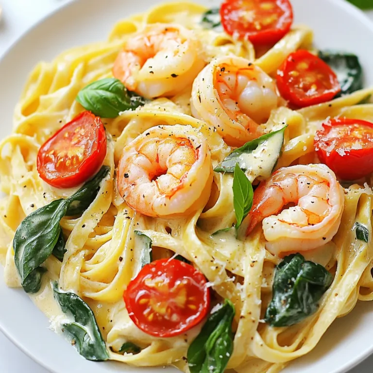 - Shrimp and Pasta - 1 lb shrimp, peeled and deveined - 8 oz fettuccine or linguine Shrimp is the star of this dish. Choose fresh shrimp for the best flavor. If you use frozen shrimp, make sure to thaw them fully. Pasta adds heartiness. Fettuccine works well, but linguine is a great choice too. - Fresh Vegetables - 3 cloves garlic, minced - 1 cup cherry tomatoes, halved - 1 cup fresh spinach Garlic brings a lovely aroma. Use fresh cloves for the best taste. Cherry tomatoes add sweetness. Halving them helps release their juices. Fresh spinach adds color and nutrition. It wilts quickly, making it easy to cook. - Cream Sauce Components - ½ cup heavy cream - ½ cup grated Parmesan cheese - 2 tablespoons olive oil - 1 teaspoon Italian seasoning - Salt and pepper to taste - Fresh basil, for garnish Heavy cream gives richness to the sauce. Parmesan adds a salty, nutty flavor. Olive oil helps sauté the shrimp and veggies. Italian seasoning ties the dish together. Adjust salt and pepper to suit your taste. Fresh basil is perfect for a finishing touch. {{ingredient_image_1}} Boiling and Draining the Pasta To start, grab a large pot and fill it with water. Add salt to the water and bring it to a boil. Once boiling, add 8 ounces of fettuccine or linguine. Cook it according to the package directions. You want the pasta to be al dente, which means it should be firm but cooked through. After cooking, drain the pasta in a colander. Don't forget to reserve ½ cup of the pasta water for later. Reserving Pasta Water Keeping some pasta water is key. The starchy water helps to make your sauce creamy and smooth. Set it aside to use when you mix everything together. Sautéing with Olive Oil Next, heat 2 tablespoons of olive oil in a large skillet over medium heat. Once hot, add 1 pound of peeled and deveined shrimp. You want to hear a nice sizzle when the shrimp hit the pan. Perfectly Seasoning the Shrimp Sprinkle salt and pepper over the shrimp. Cook for about 2 to 3 minutes on each side. The shrimp will turn pink and opaque when done. Once cooked, take them out of the skillet and set them aside. Sautéing Garlic and Tomatoes In the same skillet, add 3 cloves of minced garlic and 1 cup of halved cherry tomatoes. Cook these for about 2 to 3 minutes. You want the tomatoes to soften and release their juices. Incorporating Spinach and Cream Next, stir in 1 cup of fresh spinach. Let it cook until it wilts down. Then, lower the heat and pour in ½ cup of heavy cream. Add ½ cup of grated Parmesan cheese and 1 teaspoon of Italian seasoning. Stir until everything is smooth. If the sauce is too thick, add some reserved pasta water a little at a time until you reach the right consistency. Tossing in Shrimp and Pasta Now it’s time to bring it all together. Return the cooked shrimp back to the skillet. Add the drained pasta next. Toss everything gently until the pasta is well coated in the creamy sauce. Taste and adjust seasoning with salt and pepper if needed. Garnishing for Presentation To finish, plate your creamy Tuscan shrimp pasta. Garnish with fresh basil leaves and a sprinkle of extra Parmesan cheese on top. This step makes your dish look as good as it tastes! Determining Al Dente Texture To make the best creamy Tuscan shrimp pasta, you want your pasta cooked just right. Al dente means "to the tooth" in Italian. The pasta should be firm, but not hard. It should have a slight bite when you chew it. To check for doneness, taste a piece a minute or two before the package time ends. Tips for Timing Timing is key when cooking pasta. Start boiling your water while you prepare other ingredients. Once your water is boiling, add salt before adding the pasta. Salt helps flavor the pasta. Follow the package instructions, but do not forget to check it a minute early. You want that perfect al dente bite! Suggested Seasonings and Herbs To boost flavor, use fresh herbs like basil or parsley. A dash of red pepper flakes can add a nice kick. You can also try adding lemon zest for a fresh touch. Italian seasoning already gives a nice blend, but don't hesitate to customize it to your taste. Alternative Cheese Options While Parmesan cheese is classic, you can swap it with Pecorino Romano for a saltier taste. For a creamier texture, use mascarpone cheese. If you want to avoid dairy, try nutritional yeast for a cheesy flavor. Overcooking Shrimp Shrimp cooks quickly. If you cook it too long, it will become rubbery. Cook shrimp for just 2-3 minutes on each side. They should turn pink and opaque. Once they reach this color, they are done. Remove them from the heat right away. Sauce Consistency Issues A creamy sauce is key to this dish. If your sauce is too thick, add a little reserved pasta water. Stir slowly until you reach the right consistency. If it’s too thin, let it simmer for a minute. This helps it thicken up nicely. Pro Tips Use Fresh Ingredients: For the best flavor, opt for fresh spinach and ripe cherry tomatoes. Fresh ingredients elevate the dish and enhance its overall taste. Don’t Overcook the Shrimp: Cook the shrimp just until pink and opaque. Overcooking can make them rubbery, so keep an eye on them while sautéing. Adjust Sauce Consistency: If the sauce is too thick, gradually add reserved pasta water until you reach your desired consistency. This also helps the sauce adhere better to the pasta. Garnish for Flavor: Fresh basil not only adds a pop of color but also a burst of flavor. Don’t skip this step to enhance your dish presentation and taste. {{image_2}} Alternatives to Shrimp If you want to switch things up, try chicken or scallops. These proteins cook well and absorb the sauce's flavor nicely. You can also use firm fish, like salmon, which pairs great with the creamy sauce. Vegetarian Options For a meat-free meal, replace shrimp with mushrooms or tofu. Both options provide a nice texture and soak up the flavors. You can also add chickpeas for extra protein and fiber. Other Types of Pasta to Use While fettuccine and linguine are great, you can use penne or farfalle. These shapes hold the sauce well and add a fun twist to the dish. Gluten-Free Alternatives If you need a gluten-free option, try rice pasta or zucchini noodles. They work well with the creamy sauce and keep the dish light. Adding Spices To spice things up, include red pepper flakes for heat. A pinch of paprika can also add depth to the flavor. Experiment with fresh herbs like thyme or rosemary for a fragrant twist. Incorporating Vegetables You can boost nutrition by adding bell peppers, asparagus, or artichokes. These veggies add color and crunch, making your dish even more appealing. To keep your creamy Tuscan shrimp pasta fresh, follow these best practices: - Cool down: Let the pasta cool to room temperature before storing. - Refrigerate: Place it in the fridge within two hours of cooking. - Containers: Use airtight containers to prevent moisture loss and odors. - Label: Write the date on the container. Enjoy your leftovers within 3 days. To reheat your creamy Tuscan shrimp pasta without drying it out, you have a few options: - Stovetop method: Heat a non-stick skillet on low. Add a splash of water or cream. Stir gently until warmed through. - Microwave method: Place pasta in a microwave-safe dish. Add a bit of water or cream. Cover with a damp paper towel and heat in short bursts. Stir between intervals to avoid hot spots. Both methods keep your pasta creamy and delicious. Enjoy your tasty meal again! Creamy Tuscan shrimp pasta lasts about 3 to 4 days in the fridge. Store it in an airtight container. The sauce may thicken, but it will still taste great. Yes, you can make this dish ahead of time. Cook the pasta and shrimp, then store them separately. Mix them with the sauce just before serving. This keeps everything fresh and tasty. If you need a substitute for heavy cream, try using half-and-half or a mix of milk and butter. You can also use coconut cream for a dairy-free option. Each choice will change the flavor a bit. Freezing creamy Tuscan shrimp pasta is not the best idea. The cream sauce may separate when thawed. If you freeze it, try to store the shrimp and sauce separately from the pasta. Yes, you can use frozen shrimp. Just thaw them before cooking. This makes it easy to enjoy this dish anytime without worrying about fresh shrimp. You now have all the tools to create a tasty Creamy Tuscan Shrimp Pasta. Start with fresh ingredients like shrimp, pasta, and vibrant veggies. Follow the steps for cooking the pasta, preparing the shrimp, and making that rich cream sauce. Remember the tips to avoid mistakes and customize your dish to fit your taste. With the right storage methods, you can keep leftovers fresh and enjoy them later. This dish is not just a meal; it’s a way to impress. Enjoy your cooking adventure!