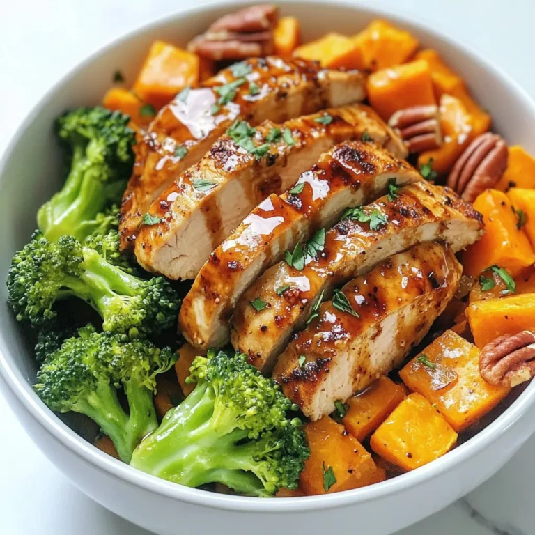- 2 boneless skinless chicken breasts - 2 tablespoons Dijon mustard - 2 tablespoons pure maple syrup - 1 tablespoon olive oil - 1 teaspoon garlic powder - 1 teaspoon thyme (dried or fresh) - 2 medium sweet potatoes, peeled and diced - 1 cup broccoli florets - 1 tablespoon balsamic vinegar - 1/4 cup chopped pecans - Fresh parsley for garnish The main ingredients create a great mix of flavors. The chicken gets a sweet and tangy kick from the Dijon mustard and maple syrup. The sweet potatoes add a creamy texture and a hint of sweetness. Broccoli gives a fresh crunch. The pecans provide a nutty bite, while balsamic vinegar adds a nice finish. - Additional seasonings - Other vegetables for roasting - Toppings and garnishes You can customize your bowl with extra seasonings like paprika or cumin. Feel free to add other vegetables like carrots or bell peppers. Top your bowl with avocado or feta cheese for added taste. - Calories per serving: Approximately 450 - Macronutrient breakdown: - Protein: 30g - Carbohydrates: 50g - Fats: 15g This bowl is a balanced meal. The chicken provides lean protein, and the sweet potatoes offer fiber. Broccoli adds vitamins and minerals. Using pure maple syrup gives a natural sweetness without refined sugars. {{ingredient_image_1}} - Preheat your oven to 425°F (220°C). - In a bowl, mix 2 tablespoons Dijon mustard, 2 tablespoons pure maple syrup, 1 tablespoon olive oil, 1 teaspoon garlic powder, 1 teaspoon thyme, salt, and pepper. - Coat 2 boneless, skinless chicken breasts in the marinade. Let them sit for at least 15 minutes. - Peel and dice 2 medium sweet potatoes into bite-sized cubes. - Toss the diced sweet potatoes with a drizzle of olive oil, salt, and pepper. - Spread them evenly on a baking sheet. - Roast the sweet potatoes for about 20 minutes, until they are tender and slightly caramelized. - Heat a skillet over medium-high heat. - Add the marinated chicken breasts to the hot skillet. - Cook for 6-7 minutes on each side. The chicken should be golden brown and reach an internal temperature of 165°F (75°C). - Once cooked, remove the chicken and let it rest for a few minutes before slicing. - For the broccoli, use 1 cup of florets. - In the last few minutes of roasting sweet potatoes, add the broccoli to a steamer basket. - Steam the broccoli for about 4-5 minutes until it is bright green and tender. - Start with a base of roasted sweet potatoes in your serving bowl. - Add sliced chicken on top of the sweet potatoes. - Next, add a portion of steamed broccoli. - Drizzle with 1 tablespoon balsamic vinegar and sprinkle with 1/4 cup chopped pecans for crunch. - Garnish your bowl with fresh parsley for added color. - Serve your Maple Dijon Chicken Sweet Potato Bowl warm and enjoy! - Marinate the chicken for at least 15 minutes. This helps the flavors soak in well. - If you want more flavor, add extra mustard or maple syrup. Taste as you mix. - For juicy chicken, sear in a hot skillet for a nice crust. Use medium-high heat. - When roasting vegetables, space them out on the tray. This helps them get crispy. - Make sure the chicken reaches an internal temperature of 165°F (75°C). Use a meat thermometer. - For sweet potatoes, roast them until they are soft and slightly caramelized. Check them at 20 minutes. Pro Tips Marinate for Maximum Flavor: Allow the chicken to marinate for at least 30 minutes or even overnight for a deeper flavor infusion. Perfectly Roasted Sweet Potatoes: Make sure the sweet potatoes are evenly cut to ensure they cook at the same rate, achieving that perfect caramelization. Steam Broccoli for Brightness: Steaming broccoli instead of boiling helps retain its vibrant color and nutrients, making it more appealing. Add Texture with Pecans: Toast the pecans before adding them to the bowl for an extra crunch and enhanced flavor. {{image_2}} You can change the chicken if you want. Try tofu or turkey for a twist. Tofu gives a great texture. Turkey adds a leaner protein. If sweet potatoes are not available, use butternut squash or carrots. Both options bring sweetness and color. These swaps keep the dish exciting and tasty. Adding spices or herbs can boost flavor. Try paprika for a smoky kick. Fresh herbs like basil or cilantro add freshness. You can also swap pecans for walnuts or almonds. Each nut gives a different crunch and taste. Mix and match to find your favorite combo. You can switch the bowl to a salad if you like. Just add leafy greens for a lighter meal. Another option is to serve it with grains like quinoa or brown rice. Grains add a nutty flavor and extra fiber. These changes can make the meal feel new each time. To keep your Maple Dijon Chicken Sweet Potato Bowl fresh, store leftovers in the fridge. Use airtight containers. Make sure the bowl cools down before sealing. This helps keep moisture in and avoids sogginess. When reheating, use the oven for best results. Preheat your oven to 350°F (175°C). Place the bowl in a dish and cover with foil. Heat for about 15 minutes. This keeps the chicken juicy and the sweet potatoes soft. You can use the microwave too. Place the bowl on a microwave-safe plate. Heat in 1-minute intervals until warm. Stir in between to help heat evenly. Watch closely to avoid drying out the chicken. Yes, you can freeze this bowl! It’s great for meal prep. To freeze, let the bowl cool completely. Then, place it in a freezer-safe container. Seal tightly to prevent freezer burn. To thaw, move the bowl to the fridge overnight. Reheat using the oven or microwave. This way, your dish stays tasty and safe to eat. To boost the flavor, try adding a splash of lemon juice. It brightens the taste. You can also use more garlic powder or even minced garlic. Marinating longer than 15 minutes helps too. If you have time, let the chicken sit in the marinade for an hour or overnight. This allows the flavors to soak in better. Yes, you can use fresh herbs! Fresh thyme adds a nice touch. Use about three times the amount of fresh herbs. For thyme, that means one tablespoon of fresh for one teaspoon of dried. Just chop them finely before mixing them in the marinade. Fresh herbs bring a vibrant taste and aroma. If you don't have maple syrup, try honey or agave nectar. Both will add sweetness. You can also use brown sugar dissolved in a bit of warm water. This mimic the syrup's flavor. Just remember that each sweetener has a different sweetness level, so adjust to taste. Making this bowl gluten-free is easy. Ensure your Dijon mustard is gluten-free. Most brands are, but check the label. Use gluten-free balsamic vinegar too. All the other ingredients are gluten-free, so you'll be good to go! You can prepare this dish ahead of time! Cook the chicken and sweet potatoes, then store them in the fridge. They will last for about three to four days. You can also chop the vegetables in advance to save time. Just reheat everything together before serving. This makes meal prep simple! You can create a tasty, healthy dish by following these steps. We explored key ingredients, including chicken and sweet potatoes, that enhance flavor and nutrition. Optimal cooking methods ensure your meal is delicious and safe. Feel free to swap ingredients or try different flavors to make it your own. Remember to store and reheat leftovers properly for the best taste. With these tips, you’re set to impress at mealtime. Enjoy your cooking adventure!