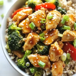 - Chicken - 2 boneless, skinless chicken breasts, diced - Marinade Components - 2 tablespoons sesame oil - 2 tablespoons low-sodium soy sauce - 1 tablespoon honey or maple syrup - 1 tablespoon rice vinegar - 2 cloves garlic, minced - 1 inch ginger, grated - Vegetables and Grains - 1 cup broccoli florets - 1 red bell pepper, sliced - 1 cup cooked brown rice or quinoa - 2 green onions, sliced - 2 tablespoons sesame seeds - Salt and pepper to taste To make a healthy sesame chicken bowl, start with fresh ingredients. The chicken gives protein and flavor. The marinade adds depth. You want to soak the chicken for at least 15 minutes. This helps it absorb all the tasty flavors. For veggies, broccoli and red bell pepper bring color and crunch. They cook quickly and stay crisp. You can use brown rice or quinoa as a base. Both are great for adding fiber. Don’t forget green onions and sesame seeds for garnish. They add a nice finish. Each ingredient plays a role. Choose quality, fresh items for the best taste. Enjoy creating a balanced meal that looks good and tastes even better! {{ingredient_image_1}} To start, you need to prepare the marinade. In a medium bowl, mix the diced chicken with half of the sesame oil, low-sodium soy sauce, honey or maple syrup, rice vinegar, minced garlic, and grated ginger. This blend adds flavor and keeps the chicken moist. You should marinate the chicken for at least 15 minutes. This time allows the chicken to soak up the flavors. Marinating is essential because it makes the chicken tender and tasty. Now it’s time to cook the chicken. Heat a large skillet or wok over medium-high heat. Add the remaining sesame oil and the marinated chicken. Remember to reserve the marinade for later. Cook the chicken for about 5 to 7 minutes. Keep stirring occasionally to ensure even cooking. You’ll know it’s done when the chicken is browned and fully cooked. Season it with salt and pepper to taste. This step adds a nice crust and enhances the flavor. Next, it’s time to add the veggies. Toss in the broccoli florets and sliced red bell pepper into the skillet. Pour in the reserved marinade to keep everything moist. Stir the vegetables for about 3 to 4 minutes. This cooking time helps keep them tender-crisp, which is important for texture and nutrition. You want them to stay bright and vibrant. They will add color and crunch to your bowl. For a tasty twist, try different marinades. You can use teriyaki sauce or even a spicy chili sauce. Both add a nice kick. Fresh ingredients make a big difference. Use crisp veggies and fragrant herbs. They bring life to your dish and boost flavor. Choosing between a skillet or a wok? A wok heats evenly and cooks food fast. It’s great for stir-frying. A skillet works well too. Just keep an eye on your heat. Start with medium-high, then lower it if needed. This way, your chicken cooks perfectly without burning. Garnishing matters! Sprinkle green onions and sesame seeds on top. This adds color and crunch. Serve it in a nice bowl to impress. Think about layering your dish. Start with grains, then add chicken and veggies on top. A beautiful plate makes meals more enjoyable. Pro Tips Marinate for Flavor: Allow the chicken to marinate for at least 30 minutes or up to overnight for deeper flavor absorption. Vegetable Variations: Feel free to add other vegetables like snap peas, carrots, or mushrooms for added color and nutrition. Perfectly Cooked Rice or Quinoa: Use a rice cooker or instant pot to ensure perfectly cooked brown rice or quinoa every time. Garnish Wisely: Experiment with different garnishes like crushed peanuts or cilantro for an extra layer of flavor and texture. {{image_2}} If you want a vegetarian option, try using tofu or tempeh. Both are great sources of protein. Tofu is soft and absorbs flavors well. Tempeh has a nutty taste and a firm texture. Both can be marinated just like chicken. For those who need gluten-free options, choose tamari instead of soy sauce. Tamari has a similar taste but is made without wheat. You can also look for gluten-free soy sauces at the store. Always check labels to ensure they meet your dietary needs. Brown rice is a classic choice for this bowl. It adds fiber and nutrients. Quinoa is another excellent option. It cooks quickly and is packed with protein. Both grains give a nice texture to your meal. You can also explore other whole grains. Barley or farro can add a different taste. They are hearty and very filling. Experiment with what you have on hand for variety. Swapping vegetables can keep your dish fresh and exciting. In spring, add asparagus or snap peas. In summer, zucchini and corn are tasty choices. Fall brings squash, while winter is great for carrots and kale. Using frozen veggies is a smart option too. They are often picked at peak ripeness. Just toss them in at the end of cooking. This saves time and keeps the meal nutritious. Leftovers from your Healthy Sesame Chicken Bowl can last in the fridge for about three days. To keep them fresh, store them in airtight containers. Glass containers work best as they do not absorb odors. Make sure to cool the food before sealing it up. You can freeze the cooked sesame chicken bowl for up to three months. To freeze, let the dish cool completely. Then, transfer it to freezer-safe bags or containers. Try to remove as much air as possible to prevent freezer burn. For reheating, thaw it overnight in the fridge for best results. To keep the chicken tender, reheat it in a skillet over medium heat. Add a splash of water or broth to maintain moisture. If you use a microwave, cover the bowl with a damp paper towel to avoid dryness. Avoid reheating too long to keep the texture right and prevent sogginess. Yes, you can make the sesame chicken ahead. To prep, marinate the chicken in advance. Store it in the fridge for up to a day. This helps flavors develop. When ready to cook, just heat your skillet and follow the steps. If you want to save even more time, you can cook the chicken and veggies and store them separately. This way, you can mix fresh rice or quinoa right before eating. This healthy sesame chicken bowl pairs well with many sides. Here are some tasty ideas: - Steamed edamame for a protein boost. - A fresh salad with cucumbers and carrots. - Crispy spring rolls for a fun crunch. - A side of pickled vegetables for tanginess. These options will add more color and flavor to your meal. Each side can help balance the dish. Absolutely! This recipe works great for meal prep. To portion for the week, divide the chicken and veggies into containers. Add a serving of brown rice or quinoa in each. Use airtight containers to keep the meals fresh. You can store them in the fridge for up to four days. For longer storage, freeze portions. Just reheat when you're ready to enjoy. This method saves time and keeps meals healthy! This blog post covered key steps to make a delicious sesame chicken dish. We discussed ingredients, marinating tips, cooking methods, and even storage advice. Flavor is key, so consider fresh ingredients and alternative marinades. Don’t forget about variations for dietary needs and seasonal veggies. With these tips, you can make meals easier and tastier. Remember, cooking should be fun and creative. Enjoy experimenting to find your perfect mix!