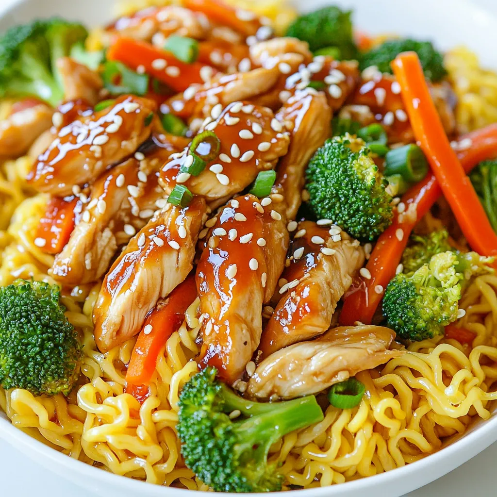 - 2 chicken breasts, thinly sliced - 200g egg noodles - 3 tablespoons honey - 4 tablespoons soy sauce - 4 cloves garlic, minced - 1 tablespoon fresh ginger, grated - 1 cup broccoli florets - 1 red bell pepper, thinly sliced - 2 carrots, julienned - 2 green onions, sliced - 2 tablespoons sesame oil - Salt and pepper to taste - Sesame seeds for garnish I love this combination of ingredients. The chicken adds protein, while the veggies give color and crunch. The honey and soy sauce create a tasty sauce that ties everything together. - Sliced green onions - Sesame seeds These garnishes bring extra flavor and a nice look to your dish. You can also add crushed peanuts for crunch or cilantro for a fresh taste. - Chicken: You can use turkey or tofu instead of chicken. - Noodles: Rice noodles work well for gluten-free options. - Broccoli: Snap peas or green beans can replace broccoli. - Soy Sauce: Use tamari for a gluten-free choice. These substitutes keep the essence of the dish. They offer different flavors and textures, so feel free to mix it up! {{ingredient_image_1}} To start, bring a big pot of salted water to a boil. Once the water bubbles, add 200g of egg noodles. Cook them according to the package instructions until they are nice and al dente. This usually takes about 4-5 minutes. When done, drain the noodles and set them aside. Make sure not to rinse them, as you want to keep that lovely starch for the sauce. Next, we’ll whip up the honey garlic sauce. In a medium bowl, mix together 3 tablespoons of honey, 4 tablespoons of soy sauce, 4 cloves of minced garlic, and 1 tablespoon of grated fresh ginger. Stir well until everything combines. Set this sauce aside for later; it’s what gives your dish that sweet and savory kick. Now, let’s move to the chicken. In a large skillet or wok, heat 1 tablespoon of sesame oil over medium-high heat. Add the 2 thinly sliced chicken breasts, seasoning them with salt and pepper. Cook the chicken for about 5-7 minutes. You want it to turn golden brown and be cooked through. Once ready, take the chicken out and set it aside. In the same skillet, add another tablespoon of sesame oil. Toss in 1 cup of broccoli florets, 1 thinly sliced red bell pepper, and 2 julienned carrots. Stir-fry these for about 4-5 minutes. They should be tender but still crisp. This step adds a nice crunch to your meal. Now it’s time to bring everything together. Return the cooked chicken to the skillet with the veggies. Pour in the honey-garlic sauce and stir well. Cook for an additional 2-3 minutes, letting all the flavors meld together. Finally, add the drained egg noodles to the pan. Toss everything well until the noodles are coated in the sauce and mixed with the chicken and vegetables. For the final touch, garnish with sliced green onions and sprinkle sesame seeds on top before serving. Enjoy your delicious honey garlic chicken noodles! To make your chicken tender, slice it thinly. Thin slices cook faster and stay juicy. Season the chicken well with salt and pepper before cooking. Use medium-high heat in your skillet. This gives a nice golden color in just 5-7 minutes. Make sure not to overcrowd the pan. This helps the chicken sear properly. For a great sauce, mix honey and soy sauce well. The garlic and ginger add depth to the flavor. If you want a thicker sauce, simmer it longer. This allows the sauce to reduce and thicken. If it’s too thick, just add a little water. Always taste the sauce before adding it to the dish. Adjust sweetness or saltiness as needed. You’ll need a large pot for boiling noodles and a skillet or wok for frying. A sharp knife makes slicing chicken easy. Use a cutting board to keep your workspace clean. A mixing bowl is great for preparing the sauce. Finally, tongs or a spatula help you toss the noodles and chicken without making a mess. Pro Tips Marinate the Chicken: For enhanced flavor, consider marinating the sliced chicken in the honey-soy mixture for at least 30 minutes before cooking. This allows the chicken to absorb more flavors. Cook Noodles Al Dente: Make sure to cook the egg noodles just until al dente. They will continue to cook slightly when combined with the hot chicken and vegetables, preventing them from becoming mushy. Add Fresh Herbs: Incorporate fresh herbs like cilantro or basil at the end for an extra layer of flavor and freshness. This adds a vibrant touch to your dish. Customize Your Veggies: Feel free to swap out the vegetables based on what you have on hand or your preferences. Snow peas, snap peas, or bell peppers of different colors work wonderfully too! {{image_2}} You can switch the chicken for other proteins. Shrimp works great in this dish. Just sauté it until pink and tender. Tofu is another option for a plant-based choice. Use firm tofu and pan-fry until golden. Beef or pork can also add a nice twist. Slice it thin and cook it just like the chicken. If you want to go vegetarian or vegan, leave out the chicken. Use more vegetables like mushrooms or bell peppers instead. You can also add chickpeas for protein. They soak up the sauce and add texture. Use vegetable broth for a rich flavor in the sauce. To make this dish gluten-free, choose gluten-free soy sauce. You can use rice noodles or zucchini noodles instead of egg noodles. Both alternatives work well and taste great. Ensure all your ingredients are gluten-free, like the sesame oil. This way, everyone can enjoy the meal without worry. To store your leftover Honey Garlic Chicken Noodles, first let them cool. Put them in an airtight container. Keep the container in the fridge. They will stay fresh for up to three days. Make sure to separate the noodles from the sauce to keep them from getting soggy. When you're ready to eat your leftovers, take them out of the fridge. You can reheat them in a pan over medium heat. Add a splash of water or broth to help steam them. Stir every few minutes until hot. You can also use the microwave. Put the noodles in a microwave-safe bowl. Cover it with a lid or plate. Heat for one to two minutes, stirring halfway through. If you want to freeze the Honey Garlic Chicken Noodles, follow these steps. First, let the dish cool completely. Then, place it in a freezer-safe container. Make sure to leave some space at the top, as the sauce may expand. Label the container with the date. You can freeze it for up to three months. When you're ready to eat, thaw it in the fridge overnight before reheating. You can make Honey Garlic Chicken Noodles ahead. Cook the chicken and veggies, then store them. Keep the noodles and sauce separate. This way, the noodles won’t get soggy. When you’re ready to eat, reheat everything in a pan. Toss in the noodles and sauce for a quick meal. Yes, you can use other noodles! Feel free to swap egg noodles for rice noodles, udon, or even spaghetti. Just adjust cooking times as needed. Each type of noodle adds a unique texture and flavor. Serve Honey Garlic Chicken Noodles with a fresh salad or steamed veggies. A light cucumber salad or bok choy pairs well. If you like, add spring rolls or dumplings for a fun side. These options balance the meal nicely. The honey garlic sauce is not spicy at all. It’s sweet and savory, thanks to honey and soy sauce. If you want some heat, add red pepper flakes or chili sauce. This way, you can control the spice level to your taste. In this article, we explored how to make Honey Garlic Chicken Noodles. We discussed the important ingredients, step-by-step instructions, and helpful tips. You learned about different variations and storage methods to keep your dish fresh. These noodles are easy to adapt to your taste or diet. Whether you want to tweak the sauce or use different proteins, the options are endless. Enjoy cooking this dish and share it with friends and family!