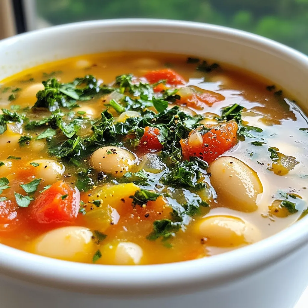 You will need these fresh and pantry items: - 2 cups cooked white beans (cannellini or navy beans) - 4 cups vegetable broth - 1 medium onion, diced - 2 cloves garlic, minced - 2 medium carrots, diced - 2 celery stalks, diced - 1 teaspoon dried thyme - 1 teaspoon dried rosemary - 1 bay leaf - 1 cup kale, chopped - 1 (14.5 oz) can diced tomatoes, undrained - 2 tablespoons olive oil - Salt and pepper to taste - Fresh parsley, finely chopped (for garnish) Not all ingredients must be set in stone. You can swap out items based on what you have. - Use any white beans you like, such as great northern or pinto beans. - If you don’t have vegetable broth, chicken broth works well too. - For a boost of flavor, try using leeks instead of onions. - You can add spinach if you don’t have kale. - Any canned tomatoes will do, just avoid sweetened ones. This soup is not only tasty but also good for you. Here’s a rough guide: - Calories: 250 - Protein: 12g - Carbohydrates: 40g - Dietary Fiber: 10g - Fat: 6g - Sodium: 400mg This soup is a hearty meal. It's packed with nutrients and made with simple ingredients. Enjoy making it your own! {{ingredient_image_1}} To start, gather all your ingredients. You’ll need cooked white beans, broth, onion, garlic, carrots, celery, herbs, kale, and tomatoes. Chop the onion, carrots, and celery into small pieces. Mince the garlic. This prep makes cooking smooth and fast. Heat olive oil in a large pot over medium heat. Add the diced onion, carrots, and celery. Sauté them for 5 to 7 minutes. You want the onions to turn soft and clear. Next, add minced garlic and herbs. Sauté for 1 to 2 minutes until you smell the herbs. This step adds depth to your soup. Now pour in vegetable broth and add the bay leaf. Stir well to mix all the flavors. Add the diced tomatoes, including their juice, and the cooked white beans. Bring everything to a gentle simmer. Keep the heat low and cover the pot. Let the soup simmer for 15 to 20 minutes. This helps the flavors blend well. Afterward, remove the bay leaf and stir in chopped kale. Cook for another 5 minutes. The kale should be tender but still bright green. Before serving, taste the soup. Add salt and pepper as needed. This will ensure every bowl is flavorful. Enjoy your Tuscan White Bean Soup hot, garnished with fresh parsley. Herbs and spices bring life to your Tuscan white bean soup. I love using dried thyme and rosemary. These herbs add a warm and earthy flavor. Fresh herbs, like parsley, can brighten the dish. Just add them at the end for a fresh taste. You can also try adding a pinch of red pepper flakes. This gives a nice kick without being too hot. Lemon juice can enhance the soup's flavor too. A squeeze before serving makes it bright and tasty. Avoid using too much salt early on. It’s easy to over-season when you're excited. Taste the soup as it cooks. You can always add more salt later. Don’t skip the bay leaf! It adds depth to the flavor. Remember to take it out before serving. I’ve made this mistake before, and it’s not pleasant. Another mistake is overcooking the beans. They should be tender but not mushy. When you add them to the pot, let them warm up gently. This soup is perfect for meal prep. It keeps well in the fridge for about 3-5 days. Store it in airtight containers. If you want to freeze it, let it cool first. When reheating, do it slowly over low heat. This helps keep the flavors fresh. If the soup looks thick, add a splash of broth or water. Make a big batch and enjoy it throughout the week. You can serve it with crusty bread for a filling meal. Pro Tips Use Fresh Herbs: Fresh thyme and rosemary can elevate the flavor of your soup. If available, try using them instead of dried herbs for a more vibrant taste. Blend for Creaminess: For a creamier texture, blend a portion of the soup before adding the kale. This will give the soup a rich and velvety consistency. Customize Your Greens: While kale is a great choice, you can also use spinach or Swiss chard for a different flavor and texture. Just add them towards the end of cooking. Make It Ahead: This soup tastes even better the next day! Make a big batch and store it in the fridge for a quick, healthy meal throughout the week. {{image_2}} You can easily make this soup vegan or vegetarian. Start with the base recipe. Use vegetable broth and skip any meat. The beans and veggies give it a rich taste. Add more greens like spinach or Swiss chard for extra nutrients. You can also use smoked paprika to add depth and a smoky flavor without meat. If you want to add meat, try diced chicken or sausage. Cook the meat first, then add the other ingredients. For a seafood twist, shrimp works well. Add the shrimp during the last few minutes of cooking. This keeps it tender and juicy. Both options enhance the soup's flavor and make it heartier. In winter, root veggies like potatoes or parsnips fit nicely. In spring, add peas or asparagus for brightness. Summer brings zucchini and bell peppers, which add color and freshness. In fall, butternut squash adds sweetness. Use whatever is in season to keep the soup exciting and flavorful. Each season brings new tastes to enjoy! To store your leftover soup, let it cool first. Pour the soup into an airtight container. Make sure the lid is tight. You can keep it in the fridge for up to three days. If you need it to last longer, consider freezing it. When you're ready to enjoy your soup again, heat it gently. Pour the soup into a pot. Warm it on low heat, stirring often. You can also use the microwave. Heat it in short bursts, stirring in between. This keeps the soup creamy and tasty. To freeze the soup, use freezer-safe containers. Leave some space at the top for expansion. Label the containers with the date. The soup can last up to three months in the freezer. When you're ready to eat, thaw it in the fridge overnight before reheating. I love using cannellini beans for this soup. They have a creamy texture and mild flavor. Navy beans also work well. They offer a nice bite and hold up in the soup. If you use dried beans, soak and cook them first. Canned beans save time and are just as tasty. Always rinse canned beans to remove excess salt. Yes, you can easily make this soup in a slow cooker. Start by sautéing the onions, carrots, and celery in a pan. This step adds depth to the flavor. Then, add all ingredients to the slow cooker. Cook on low for 6-8 hours or on high for 3-4 hours. Your soup will still be rich and hearty. To adjust spice, you can add red pepper flakes. Start with a pinch for a mild heat. If you want more spice, add more flakes to taste. You can also include fresh ground black pepper. For a different flavor, try adding smoked paprika. Always taste as you go to find your perfect heat. Absolutely! This soup is packed with nutrients. It has fiber from beans and vitamins from vegetables. Kale adds iron and antioxidants. Using vegetable broth keeps it low in calories too. This soup is filling and nourishing, making it a healthy choice for any meal. Tuscan White Bean Soup is simple and tasty. You learned about the ingredients, cooking steps, and tips to improve flavor. I also covered healthy options and how to store leftovers. Remember, you can adapt this soup for any season or diet. Enjoy making this dish. It warms the heart and feeds the soul. You now have all you need to create your perfect bowl of soup. Make it your own!