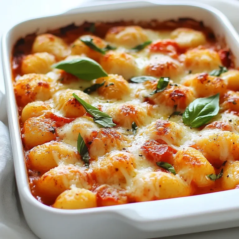 To make Easy Gnocchi and Tomato Bake, you will need: - 500g store-bought gnocchi - 400g canned diced tomatoes - 1 tablespoon olive oil - 2 cloves garlic, minced - 1 teaspoon dried oregano - 1 teaspoon dried basil - 150g mozzarella cheese, shredded - 50g grated Parmesan cheese - Salt and pepper to taste - Fresh basil leaves for garnish (optional) These ingredients come together to create a warm and comforting dish. You can swap some ingredients for different flavors or dietary needs: - Use fresh tomatoes instead of canned for a brighter taste. - Substitute olive oil with avocado oil for a different flavor. - If you don’t have mozzarella, try using cheddar cheese. - For a dairy-free option, you can use vegan cheese. - Fresh herbs can replace dried ones; just use a bit more of them. These changes allow you to customize the dish while keeping it delicious. When choosing ingredients, freshness makes a big difference: - Look for gnocchi that feels firm and not mushy. - Choose canned tomatoes that have no added sugars or preservatives. - Select garlic that is firm and has no sprouting. - Fresh basil should be vibrant green and not wilted. - For cheese, seek out blocks instead of pre-shredded for better melting. Selecting fresh ingredients will elevate your Easy Gnocchi and Tomato Bake to new heights. {{ingredient_image_1}} First, you need to get your oven ready. Preheat it to 200°C (400°F). This step is key for cooking the dish evenly. While the oven heats, take a large baking dish. You can use glass or ceramic. Make sure it is big enough for the gnocchi and sauce. Grab a large skillet and put it on medium heat. Add one tablespoon of olive oil. Let it heat for a moment. Now, add two minced garlic cloves and stir. Cook it for about one minute until it smells great. Next, pour in 400g of canned diced tomatoes. Add one teaspoon each of dried oregano and dried basil. Don’t forget salt and pepper to taste. Stir everything well and let it simmer for about five minutes. This will blend the flavors nicely. Now, it's time to bring it all together. In your large baking dish, add 500g of cooked gnocchi. Pour the tomato sauce over the gnocchi. Stir gently to coat the gnocchi well. After that, sprinkle 150g of shredded mozzarella cheese and 50g of grated Parmesan cheese on top. This will create a delicious, cheesy layer. Place the baking dish in the oven. Bake it for about 20 minutes. When it's done, the cheese should be bubbly and golden brown. Let it cool for a couple of minutes, then serve. Enjoy your easy gnocchi and tomato bake! For the best cheese melt, use a mix of mozzarella and Parmesan. Mozzarella gives that stretchy pull, while Parmesan adds a nice crust. Make sure to shred the cheese yourself. Pre-shredded cheese often has anti-caking agents that can affect melting. When you layer cheese on top of the gnocchi, ensure it covers evenly. This helps it melt well and creates a golden top. Bake your dish until the cheese is bubbly and has a light brown color. This will give you that perfect cheese melt. To cook gnocchi just right, always follow the package instructions. Boil water in a large pot and add salt. This adds flavor to the gnocchi. Once the water is boiling, drop the gnocchi gently into the pot. They will sink at first, then float to the top. This floating means they are done! Drain them carefully and add them to the sauce right away. This keeps them tender and prevents sticking. Easy Gnocchi and Tomato Bake pairs well with a fresh salad. A simple green salad with a light vinaigrette balances the dish. You can also add garlic bread for a crunchy side. If you want a protein boost, grilled chicken or sausage complements this meal nicely. For a light touch, garnish with fresh basil leaves. They add color and enhance the flavor. Enjoy your meal with a glass of red wine for a cozy night in. Pro Tips Use Fresh Herbs: Fresh basil can elevate the flavor of this dish significantly. Consider adding some chopped fresh herbs just before serving for a burst of freshness. Cheese Variations: Feel free to mix and match different cheeses. Adding a bit of goat cheese or feta can introduce a tangy flavor that complements the tomatoes beautifully. Make It Spicy: If you enjoy a bit of heat, add a pinch of red pepper flakes to the tomato sauce while it simmers for a spicy kick. Pre-Cook Gnocchi: For a firmer texture, consider lightly boiling the gnocchi before adding them to the sauce. This can help prevent them from becoming too soft during baking. {{image_2}} You can boost nutrition by adding vegetables. Spinach, zucchini, and bell peppers fit well. Chop them small to mix easily. Sauté them with garlic before adding tomatoes. This adds color and flavor. Plus, you sneak in more vitamins and minerals. Want more protein? Chicken or sausage works great. Cook the chicken in the skillet until golden. Slice it and mix it with the gnocchi. If you prefer sausage, slice it thin and brown it first. This adds a hearty touch and keeps you full longer. If you need gluten-free, choose gnocchi made from potatoes or rice. They taste just as good! For a dairy-free option, skip the cheese or use vegan cheese. Nutritional yeast can give a cheesy flavor without the dairy. These swaps help make the dish fit your needs. To keep your gnocchi and tomato bake fresh, store it in an airtight container. Let it cool to room temperature first. This way, it won’t steam and get soggy. Place it in the fridge if you plan to eat it within three days. When you're ready to enjoy the leftovers, preheat your oven to 175°C (350°F). Place the bake in an oven-safe dish. Cover it with foil to prevent drying out. Heat for about 15-20 minutes. Check if it’s hot in the center. You can also reheat it in the microwave. Just use a microwave-safe dish and heat in short intervals, stirring in between. If you want to save it for later, freezing is a great option. First, let the dish cool completely. Then, portion it into smaller containers for easy meals. Wrap each container tightly with plastic wrap or foil. Label them with the date. When you're ready to eat, thaw it overnight in the fridge. Reheat as mentioned above. Freezing keeps the dish good for up to three months. Yes, you can use homemade gnocchi. Fresh gnocchi adds a nice touch. Just remember to cook it briefly before adding it to the dish. This will help it mix well with the sauce. Homemade gnocchi may taste richer than store-bought versions. Your gnocchi and tomato bake will last about three to four days in the fridge. To store it, cover it tightly with plastic wrap or foil. This keeps it fresh and prevents it from drying out. Reheating is easy; just pop it in the oven or microwave. You can serve a simple salad with greens and a light dressing. Garlic bread pairs well too, as it soaks up the sauce. For a heartier meal, add grilled chicken or sautéed vegetables. These options make your meal more balanced and tasty. This blog post covered everything you need for an Easy Gnocchi and Tomato Bake. We talked about the best ingredients, cooking steps, and tips for great results. I shared ideas for variations, including adding protein or vegetables. We also discussed how to store and reheat leftovers. In the end, this dish is fun to make and easy to change. Enjoy your tasty creation and share it with friends!