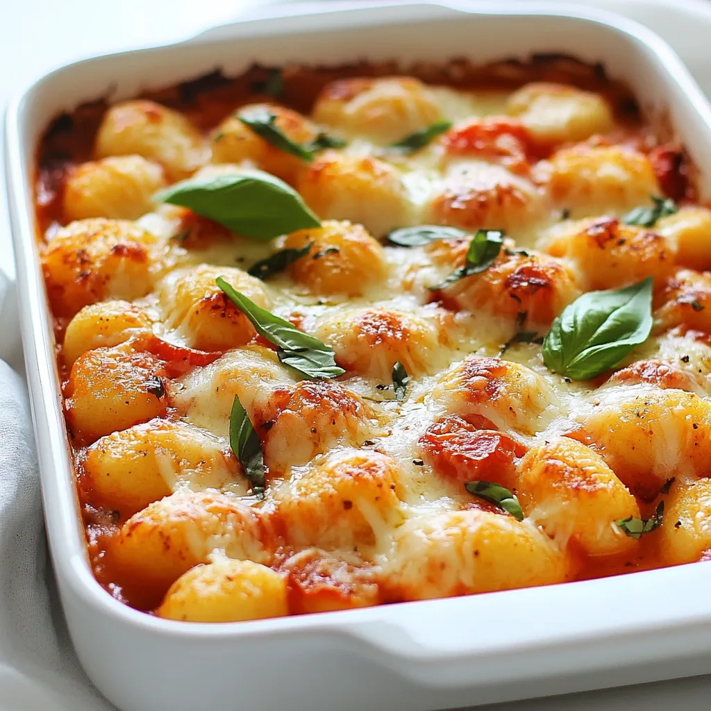To make Easy Gnocchi and Tomato Bake, you will need: - 500g store-bought gnocchi - 400g canned diced tomatoes - 1 tablespoon olive oil - 2 cloves garlic, minced - 1 teaspoon dried oregano - 1 teaspoon dried basil - 150g mozzarella cheese, shredded - 50g grated Parmesan cheese - Salt and pepper to taste - Fresh basil leaves for garnish (optional) These ingredients come together to create a warm and comforting dish. You can swap some ingredients for different flavors or dietary needs: - Use fresh tomatoes instead of canned for a brighter taste. - Substitute olive oil with avocado oil for a different flavor. - If you don’t have mozzarella, try using cheddar cheese. - For a dairy-free option, you can use vegan cheese. - Fresh herbs can replace dried ones; just use a bit more of them. These changes allow you to customize the dish while keeping it delicious. When choosing ingredients, freshness makes a big difference: - Look for gnocchi that feels firm and not mushy. - Choose canned tomatoes that have no added sugars or preservatives. - Select garlic that is firm and has no sprouting. - Fresh basil should be vibrant green and not wilted. - For cheese, seek out blocks instead of pre-shredded for better melting. Selecting fresh ingredients will elevate your Easy Gnocchi and Tomato Bake to new heights. {{ingredient_image_1}} First, you need to get your oven ready. Preheat it to 200°C (400°F). This step is key for cooking the dish evenly. While the oven heats, take a large baking dish. You can use glass or ceramic. Make sure it is big enough for the gnocchi and sauce. Grab a large skillet and put it on medium heat. Add one tablespoon of olive oil. Let it heat for a moment. Now, add two minced garlic cloves and stir. Cook it for about one minute until it smells great. Next, pour in 400g of canned diced tomatoes. Add one teaspoon each of dried oregano and dried basil. Don’t forget salt and pepper to taste. Stir everything well and let it simmer for about five minutes. This will blend the flavors nicely. Now, it's time to bring it all together. In your large baking dish, add 500g of cooked gnocchi. Pour the tomato sauce over the gnocchi. Stir gently to coat the gnocchi well. After that, sprinkle 150g of shredded mozzarella cheese and 50g of grated Parmesan cheese on top. This will create a delicious, cheesy layer. Place the baking dish in the oven. Bake it for about 20 minutes. When it's done, the cheese should be bubbly and golden brown. Let it cool for a couple of minutes, then serve. Enjoy your easy gnocchi and tomato bake! For the best cheese melt, use a mix of mozzarella and Parmesan. Mozzarella gives that stretchy pull, while Parmesan adds a nice crust. Make sure to shred the cheese yourself. Pre-shredded cheese often has anti-caking agents that can affect melting. When you layer cheese on top of the gnocchi, ensure it covers evenly. This helps it melt well and creates a golden top. Bake your dish until the cheese is bubbly and has a light brown color. This will give you that perfect cheese melt. To cook gnocchi just right, always follow the package instructions. Boil water in a large pot and add salt. This adds flavor to the gnocchi. Once the water is boiling, drop the gnocchi gently into the pot. They will sink at first, then float to the top. This floating means they are done! Drain them carefully and add them to the sauce right away. This keeps them tender and prevents sticking. Easy Gnocchi and Tomato Bake pairs well with a fresh salad. A simple green salad with a light vinaigrette balances the dish. You can also add garlic bread for a crunchy side. If you want a protein boost, grilled chicken or sausage complements this meal nicely. For a light touch, garnish with fresh basil leaves. They add color and enhance the flavor. Enjoy your meal with a glass of red wine for a cozy night in. Pro Tips Use Fresh Herbs: Fresh basil can elevate the flavor of this dish significantly. Consider adding some chopped fresh herbs just before serving for a burst of freshness. Cheese Variations: Feel free to mix and match different cheeses. Adding a bit of goat cheese or feta can introduce a tangy flavor that complements the tomatoes beautifully. Make It Spicy: If you enjoy a bit of heat, add a pinch of red pepper flakes to the tomato sauce while it simmers for a spicy kick. Pre-Cook Gnocchi: For a firmer texture, consider lightly boiling the gnocchi before adding them to the sauce. This can help prevent them from becoming too soft during baking. {{image_2}} You can boost nutrition by adding vegetables. Spinach, zucchini, and bell peppers fit well. Chop them small to mix easily. Sauté them with garlic before adding tomatoes. This adds color and flavor. Plus, you sneak in more vitamins and minerals. Want more protein? Chicken or sausage works great. Cook the chicken in the skillet until golden. Slice it and mix it with the gnocchi. If you prefer sausage, slice it thin and brown it first. This adds a hearty touch and keeps you full longer. If you need gluten-free, choose gnocchi made from potatoes or rice. They taste just as good! For a dairy-free option, skip the cheese or use vegan cheese. Nutritional yeast can give a cheesy flavor without the dairy. These swaps help make the dish fit your needs. To keep your gnocchi and tomato bake fresh, store it in an airtight container. Let it cool to room temperature first. This way, it won’t steam and get soggy. Place it in the fridge if you plan to eat it within three days. When you're ready to enjoy the leftovers, preheat your oven to 175°C (350°F). Place the bake in an oven-safe dish. Cover it with foil to prevent drying out. Heat for about 15-20 minutes. Check if it’s hot in the center. You can also reheat it in the microwave. Just use a microwave-safe dish and heat in short intervals, stirring in between. If you want to save it for later, freezing is a great option. First, let the dish cool completely. Then, portion it into smaller containers for easy meals. Wrap each container tightly with plastic wrap or foil. Label them with the date. When you're ready to eat, thaw it overnight in the fridge. Reheat as mentioned above. Freezing keeps the dish good for up to three months. Yes, you can use homemade gnocchi. Fresh gnocchi adds a nice touch. Just remember to cook it briefly before adding it to the dish. This will help it mix well with the sauce. Homemade gnocchi may taste richer than store-bought versions. Your gnocchi and tomato bake will last about three to four days in the fridge. To store it, cover it tightly with plastic wrap or foil. This keeps it fresh and prevents it from drying out. Reheating is easy; just pop it in the oven or microwave. You can serve a simple salad with greens and a light dressing. Garlic bread pairs well too, as it soaks up the sauce. For a heartier meal, add grilled chicken or sautéed vegetables. These options make your meal more balanced and tasty. This blog post covered everything you need for an Easy Gnocchi and Tomato Bake. We talked about the best ingredients, cooking steps, and tips for great results. I shared ideas for variations, including adding protein or vegetables. We also discussed how to store and reheat leftovers. In the end, this dish is fun to make and easy to change. Enjoy your tasty creation and share it with friends!
