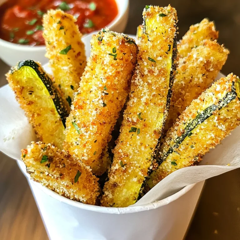 - 3 medium zucchinis - 1 cup whole wheat breadcrumbs - 1/2 cup grated Parmesan cheese - 1 teaspoon garlic powder - 1 teaspoon Italian seasoning - Salt and pepper to taste - 1/4 cup all-purpose or almond flour - 2 large eggs The first step to making Baked Parmesan Zucchini Fries is gathering the right ingredients. Zucchini is the star of the show. I recommend using three medium zucchinis. They create the perfect fry shape and texture. Next, we need one cup of whole wheat breadcrumbs. These breadcrumbs add a nice crunch. Grated Parmesan cheese is essential as well. Half a cup will give the fries a cheesy flavor that everyone loves. For seasonings, garlic powder and Italian seasoning each get one teaspoon. These add a burst of flavor. Don’t forget salt and pepper to taste. You will also need a quarter cup of flour. You can choose all-purpose or almond flour. Almond flour is a great gluten-free option. Finally, you need two large eggs to help the coating stick. Gather all these items before you start. This makes the cooking process smooth and easy. {{ingredient_image_1}} 1. Preheat the oven and prepare the baking sheet. Start by setting your oven to 425°F (220°C). This high heat will help make the fries crispy. Line a baking sheet with parchment paper. This paper will stop the fries from sticking. 2. Set up the dredging station. For an easy coating process, gather three shallow bowls. Fill one bowl with flour, the second with beaten eggs, and the third with your breadcrumb mix. Mix in the grated Parmesan, garlic powder, Italian seasoning, salt, and pepper. This setup makes dipping easy and quick. 1. Dip zucchini fries in flour. Take a zucchini fry and coat it well in the flour. Make sure to shake off any extra flour. This step helps the egg and breadcrumbs stick better. 2. Coat with egg and roll in breadcrumb mixture. Next, dip the floured fry into the beaten eggs. Let any extra egg drip off. Then roll it in the breadcrumb mix, pressing gently to help the coating stick. Repeat this for all your zucchini fries. 1. Arrange on baking sheet. Place the coated fries in a single layer on your lined baking sheet. Make sure they have space between them. This space helps them cook evenly. 2. Tips for ensuring crispiness. For extra crunch, lightly spray the fries with cooking spray or drizzle a bit of olive oil on top. Bake them for 20-25 minutes, flipping halfway through. This will help them brown evenly. When they are golden and crispy, take them out and let them cool for a few minutes. Enjoy your tasty snack! To get your zucchini fries crispy, use cooking spray or olive oil. This helps the coating to brown nicely. Lightly spray or drizzle the oil over the fries before baking. This small step makes a big difference. Adjust the baking time to get your desired texture. For softer fries, bake for 20 minutes. If you want extra crunch, bake for up to 25 minutes. Remember to flip the fries halfway through to ensure even cooking. Zucchini fries are great on their own, but they shine with dips. Try marinara sauce or garlic aioli for a tasty experience. These dips add flavor and fun to your snack. Get creative with your serving ideas. Use a tall cup or a small basket lined with parchment paper for a fun presentation. This not only looks good but also makes it easy to grab a fry! Enjoy your delicious creation. Pro Tips Choose the Right Zucchini: Select firm, medium-sized zucchinis for the best texture. Avoid overripe ones, as they can be watery and less flavorful. Double-Coat for Extra Crunch: For even crispier fries, consider double dipping the zucchini in the egg and breadcrumb mixture. Experiment with Seasonings: Feel free to customize the breadcrumb mixture with your favorite spices or herbs to enhance the flavor profile. Serving Suggestions: Pair the fries with a tangy dipping sauce like tzatziki or ranch for a delicious contrast to the Parmesan flavor. {{image_2}} If you want to make these fries gluten-free, use almond flour. Almond flour works great in place of all-purpose flour. This swap keeps the fries crispy and adds a nice nutty flavor. Just dip the zucchini fries in the almond flour like you would with regular flour. It’s easy and delicious! You can change the taste by adding different herbs and spices. Try paprika for a smoky kick or chili powder for some heat. Fresh herbs like parsley or basil can also add a fresh touch. Another fun way to mix it up is by incorporating different cheese blends. Instead of just Parmesan, you can use a mix of mozzarella and cheddar. This creates a gooey, cheesy bite that everyone will love. Feel free to experiment and find your favorite combo! To keep your baked Parmesan zucchini fries fresh, follow these tips: - Refrigeration: Place the leftover fries in an airtight container. This helps prevent them from getting soggy. They stay good for about 2-3 days in the fridge. - Freezing: For longer storage, freeze the fries. First, arrange them in a single layer on a baking sheet. Freeze until solid, then transfer them to a freezer bag. They can last up to 2 months in the freezer. When it's time to enjoy your leftovers, reheating them correctly is key. - Oven Method: Preheat your oven to 400°F (200°C). Place the fries on a baking sheet and bake for about 10-15 minutes. This method helps keep them crispy. - Microwave Method: If you're short on time, use the microwave. However, this can make them soft. Heat in short bursts of 30 seconds. Check often to avoid overcooking. To maintain crispiness when reheating, use the oven method whenever possible. You’ll get that crunchy texture back! Yes, you can! If you want to switch things up, try these vegetables: - Eggplant: Cut into sticks for a soft inside with a crispy shell. - Carrots: They add a sweet flavor and great crunch. - Sweet potatoes: These fries are sweet and filling. - Bell peppers: Slice them into strips for a colorful option. These alternatives will still deliver that crispy texture and delicious taste. To make these fries vegan, you can replace the eggs. Here are some great options: - Flaxseed meal: Mix 1 tablespoon with 2.5 tablespoons of water. Let it sit until it thickens. - Chia seeds: Use the same method as flaxseed meal. - Unsweetened applesauce: Use 1/4 cup for binding. - Aquafaba: The liquid from a can of chickpeas works well, use 3 tablespoons. Each of these options will help your fries stick without eggs. Yes, you can prepare these fries ahead of time! Here’s how: - Storage: After coating, place fries on a baking sheet and freeze them. Once frozen, transfer to a bag. - Preparation tips: You can coat the fries a day before baking. Just store them in the fridge until you're ready to bake. This makes dinner easy and quick when you’re short on time. These crunchy zucchini fries are simple and fun to make. You learned about the key ingredients, coating process, and tricks for crispiness. Don’t forget the serving ideas to elevate your dish. There are also tasty options for gluten-free diets and ways to explore different flavors. Store leftovers properly and reheat to keep that crisp texture. Enjoy your zucchini fries as a healthy snack or side dish!