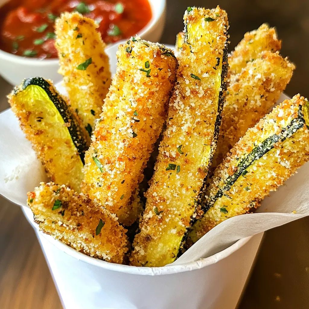 - 3 medium zucchinis - 1 cup whole wheat breadcrumbs - 1/2 cup grated Parmesan cheese - 1 teaspoon garlic powder - 1 teaspoon Italian seasoning - Salt and pepper to taste - 1/4 cup all-purpose or almond flour - 2 large eggs The first step to making Baked Parmesan Zucchini Fries is gathering the right ingredients. Zucchini is the star of the show. I recommend using three medium zucchinis. They create the perfect fry shape and texture. Next, we need one cup of whole wheat breadcrumbs. These breadcrumbs add a nice crunch. Grated Parmesan cheese is essential as well. Half a cup will give the fries a cheesy flavor that everyone loves. For seasonings, garlic powder and Italian seasoning each get one teaspoon. These add a burst of flavor. Don’t forget salt and pepper to taste. You will also need a quarter cup of flour. You can choose all-purpose or almond flour. Almond flour is a great gluten-free option. Finally, you need two large eggs to help the coating stick. Gather all these items before you start. This makes the cooking process smooth and easy. {{ingredient_image_1}} 1. Preheat the oven and prepare the baking sheet. Start by setting your oven to 425°F (220°C). This high heat will help make the fries crispy. Line a baking sheet with parchment paper. This paper will stop the fries from sticking. 2. Set up the dredging station. For an easy coating process, gather three shallow bowls. Fill one bowl with flour, the second with beaten eggs, and the third with your breadcrumb mix. Mix in the grated Parmesan, garlic powder, Italian seasoning, salt, and pepper. This setup makes dipping easy and quick. 1. Dip zucchini fries in flour. Take a zucchini fry and coat it well in the flour. Make sure to shake off any extra flour. This step helps the egg and breadcrumbs stick better. 2. Coat with egg and roll in breadcrumb mixture. Next, dip the floured fry into the beaten eggs. Let any extra egg drip off. Then roll it in the breadcrumb mix, pressing gently to help the coating stick. Repeat this for all your zucchini fries. 1. Arrange on baking sheet. Place the coated fries in a single layer on your lined baking sheet. Make sure they have space between them. This space helps them cook evenly. 2. Tips for ensuring crispiness. For extra crunch, lightly spray the fries with cooking spray or drizzle a bit of olive oil on top. Bake them for 20-25 minutes, flipping halfway through. This will help them brown evenly. When they are golden and crispy, take them out and let them cool for a few minutes. Enjoy your tasty snack! To get your zucchini fries crispy, use cooking spray or olive oil. This helps the coating to brown nicely. Lightly spray or drizzle the oil over the fries before baking. This small step makes a big difference. Adjust the baking time to get your desired texture. For softer fries, bake for 20 minutes. If you want extra crunch, bake for up to 25 minutes. Remember to flip the fries halfway through to ensure even cooking. Zucchini fries are great on their own, but they shine with dips. Try marinara sauce or garlic aioli for a tasty experience. These dips add flavor and fun to your snack. Get creative with your serving ideas. Use a tall cup or a small basket lined with parchment paper for a fun presentation. This not only looks good but also makes it easy to grab a fry! Enjoy your delicious creation. Pro Tips Choose the Right Zucchini: Select firm, medium-sized zucchinis for the best texture. Avoid overripe ones, as they can be watery and less flavorful. Double-Coat for Extra Crunch: For even crispier fries, consider double dipping the zucchini in the egg and breadcrumb mixture. Experiment with Seasonings: Feel free to customize the breadcrumb mixture with your favorite spices or herbs to enhance the flavor profile. Serving Suggestions: Pair the fries with a tangy dipping sauce like tzatziki or ranch for a delicious contrast to the Parmesan flavor. {{image_2}} If you want to make these fries gluten-free, use almond flour. Almond flour works great in place of all-purpose flour. This swap keeps the fries crispy and adds a nice nutty flavor. Just dip the zucchini fries in the almond flour like you would with regular flour. It’s easy and delicious! You can change the taste by adding different herbs and spices. Try paprika for a smoky kick or chili powder for some heat. Fresh herbs like parsley or basil can also add a fresh touch. Another fun way to mix it up is by incorporating different cheese blends. Instead of just Parmesan, you can use a mix of mozzarella and cheddar. This creates a gooey, cheesy bite that everyone will love. Feel free to experiment and find your favorite combo! To keep your baked Parmesan zucchini fries fresh, follow these tips: - Refrigeration: Place the leftover fries in an airtight container. This helps prevent them from getting soggy. They stay good for about 2-3 days in the fridge. - Freezing: For longer storage, freeze the fries. First, arrange them in a single layer on a baking sheet. Freeze until solid, then transfer them to a freezer bag. They can last up to 2 months in the freezer. When it's time to enjoy your leftovers, reheating them correctly is key. - Oven Method: Preheat your oven to 400°F (200°C). Place the fries on a baking sheet and bake for about 10-15 minutes. This method helps keep them crispy. - Microwave Method: If you're short on time, use the microwave. However, this can make them soft. Heat in short bursts of 30 seconds. Check often to avoid overcooking. To maintain crispiness when reheating, use the oven method whenever possible. You’ll get that crunchy texture back! Yes, you can! If you want to switch things up, try these vegetables: - Eggplant: Cut into sticks for a soft inside with a crispy shell. - Carrots: They add a sweet flavor and great crunch. - Sweet potatoes: These fries are sweet and filling. - Bell peppers: Slice them into strips for a colorful option. These alternatives will still deliver that crispy texture and delicious taste. To make these fries vegan, you can replace the eggs. Here are some great options: - Flaxseed meal: Mix 1 tablespoon with 2.5 tablespoons of water. Let it sit until it thickens. - Chia seeds: Use the same method as flaxseed meal. - Unsweetened applesauce: Use 1/4 cup for binding. - Aquafaba: The liquid from a can of chickpeas works well, use 3 tablespoons. Each of these options will help your fries stick without eggs. Yes, you can prepare these fries ahead of time! Here’s how: - Storage: After coating, place fries on a baking sheet and freeze them. Once frozen, transfer to a bag. - Preparation tips: You can coat the fries a day before baking. Just store them in the fridge until you're ready to bake. This makes dinner easy and quick when you’re short on time. These crunchy zucchini fries are simple and fun to make. You learned about the key ingredients, coating process, and tricks for crispiness. Don’t forget the serving ideas to elevate your dish. There are also tasty options for gluten-free diets and ways to explore different flavors. Store leftovers properly and reheat to keep that crisp texture. Enjoy your zucchini fries as a healthy snack or side dish!