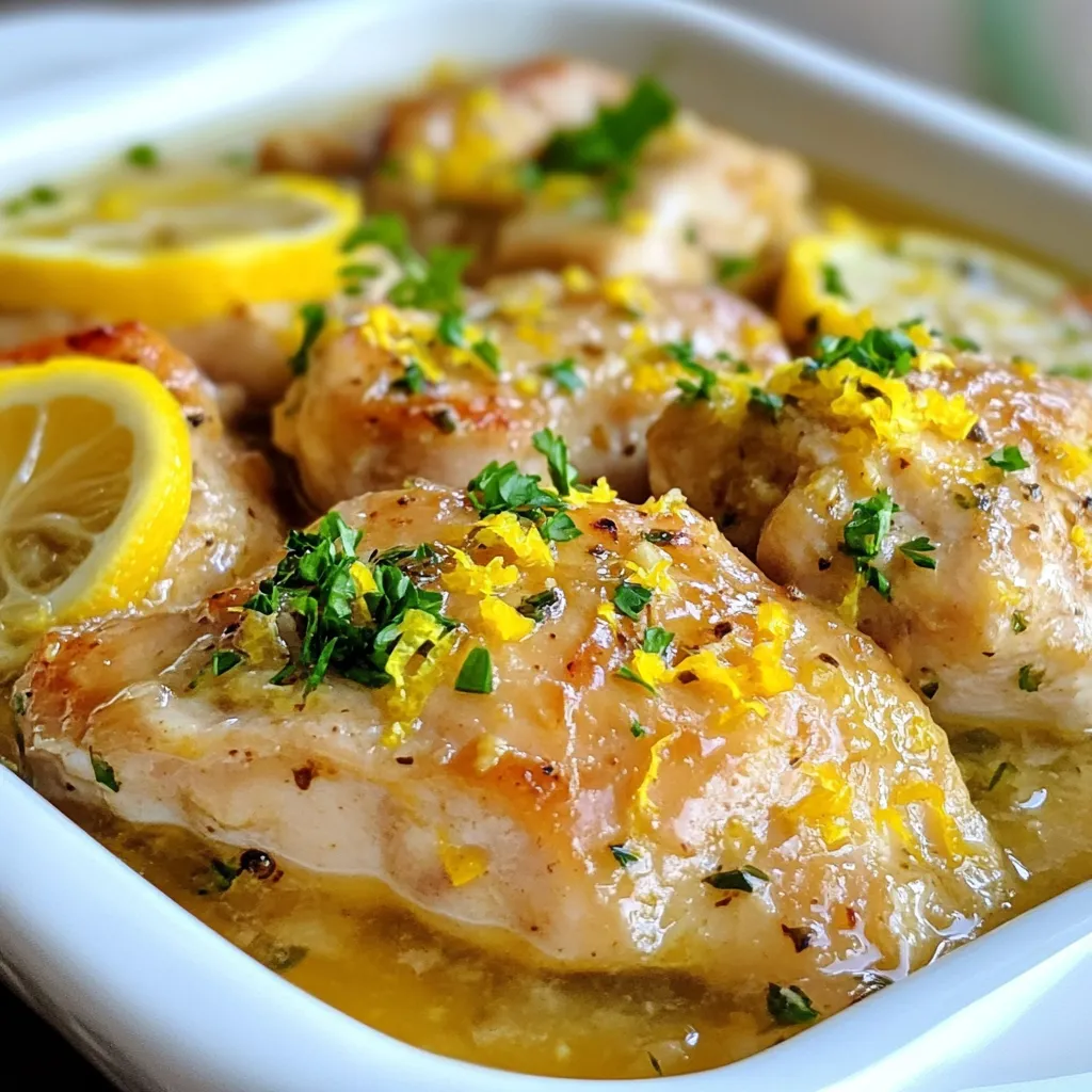 To make Crockpot Lemon Garlic Chicken, gather these main items: - 4 boneless, skinless chicken breasts - 1/4 cup fresh lemon juice - 4 cloves garlic, minced - 1 teaspoon dried thyme - 1 teaspoon dried oregano - 1/2 teaspoon salt - 1/2 teaspoon black pepper - 1/4 cup chicken broth - 1 tablespoon olive oil - Zest of 1 lemon - Fresh parsley, chopped (for garnish) These ingredients blend to create a bright and savory dish. The lemon juice adds a tangy kick, while the garlic gives it a warm depth. You can add optional ingredients to enhance the dish: - 1 teaspoon red pepper flakes for heat - 1/2 cup chopped onions for sweetness - 1/2 cup bell peppers for crunch - Fresh herbs like basil or rosemary for more aroma These extras can take your chicken to the next level. Feel free to mix and match based on what you like. Here are some tools that will make cooking easier: - A crockpot for slow cooking - A mixing bowl for combining ingredients - A measuring cup and spoons for accuracy - A cutting board and knife for prepping - Tongs to handle the chicken Using the right tools helps you stay organized and efficient. Enjoy the process of making this tasty meal! {{ingredient_image_1}} Start by gathering your ingredients. You need lemon juice, garlic, thyme, oregano, salt, pepper, chicken broth, olive oil, and lemon zest. In a medium bowl, mix the lemon juice and minced garlic. Add the dried thyme, oregano, salt, and black pepper. Pour in the chicken broth and olive oil. Finally, add the lemon zest. Stir everything well. This mixture will give your chicken a bright, tasty flavor. Next, take your four boneless, skinless chicken breasts. Place them in the crockpot. Pour the lemon garlic mixture over the chicken. Make sure to coat the chicken evenly. Cover the crockpot with a lid. Cook on low for 6-7 hours or on high for 3-4 hours. The chicken is ready when it reaches 165°F (75°C). This slow cooking helps the flavors blend beautifully. Once the chicken is cooked, carefully remove it from the crockpot. Use two forks to shred the chicken if you want. This makes it easier to serve. Drizzle some of the tasty cooking liquid over the chicken. For a nice touch, sprinkle chopped parsley on top. This adds color and flavor to your dish. Enjoy your delicious meal! To get juicy chicken, start with fresh, high-quality meat. Always season your chicken well. The lemon juice and garlic mix adds moisture. Cook on low heat when possible. This method helps keep the chicken tender. If you want to shred the chicken, let it rest for a few minutes after cooking. This step helps keep it juicy. Different slow cookers have varying heat levels. A newer model may cook food faster. If your cooker runs hot, check the chicken sooner. For low settings, cook for 6-7 hours. If set to high, 3-4 hours works well. Always check the chicken's internal temperature. It should reach 165°F (75°C) for safe eating. Use a meat thermometer for accuracy. To boost the flavor of your dish, try adding fresh herbs. Rosemary and basil pair well with lemon and garlic. You can also add a splash of white wine for depth. A bit of red pepper flakes gives a nice kick. For a twist, mix in some sun-dried tomatoes or olives. These additions make the meal even more exciting. Experiment with flavors to find your favorite mix! Pro Tips Marinate for Extra Flavor: Allow the chicken to marinate in the lemon garlic mixture for at least 30 minutes before cooking for a more intense flavor. Use Fresh Herbs: If possible, substitute dried thyme and oregano with fresh herbs for a brighter and more aromatic dish. Adjust the Garlic: For a milder garlic flavor, roast the garlic before adding it to the mixture. This gives a sweeter, less pungent taste. Serve with Sides: This dish pairs beautifully with rice, quinoa, or steamed vegetables to soak up the delicious cooking juices. {{image_2}} You can add vegetables to your dish. This makes it colorful and healthy. Try carrots, bell peppers, or zucchini. Cut the veggies into bite-sized pieces. Mix them with the chicken in the crockpot. The veggies soak up the lemon garlic flavor. This adds more taste and nutrition to your meal. You can make this dish in an Instant Pot or oven. For the Instant Pot, use the same ingredients. Cook on high pressure for about 10 minutes. Let the pressure release naturally for 5 minutes. If using the oven, preheat it to 375°F (190°C). Place the chicken in a baking dish. Bake for 25-30 minutes or until it’s cooked through. Both methods keep the chicken juicy and flavorful. You can switch up the protein in this recipe. Chicken thighs work great and add more flavor. They stay juicy even if cooked longer. You can also use fish like salmon. Fish cooks faster, so reduce the time to 2-3 hours on low. Each protein brings its own taste to the dish. Experiment with what you like best! After enjoying your meal, cool the chicken first. Place the leftovers in an airtight container. Store them in the fridge for up to three days. Make sure to keep the cooking liquid with the chicken to keep it moist. When you’re ready to eat again, gently reheat the chicken. You can use a microwave or a skillet. If using a microwave, place the chicken on a plate and cover it. Heat on medium for about one to two minutes. If using a skillet, add a splash of chicken broth and heat on low until warm. To freeze, place the cooled chicken in a freezer-safe bag. Remove as much air as possible before sealing. This helps prevent freezer burn. You can freeze it for up to three months. To thaw, move the chicken to the fridge overnight. If you're in a hurry, you can use the microwave's defrost setting. Yes, you can use frozen chicken breasts. Just increase the cooking time. If you use frozen chicken, cook it on high for 4-5 hours. Always check that the chicken reaches 165°F (75°C) before serving. This will ensure your chicken is safe to eat and fully cooked. To check if the chicken is done, use a meat thermometer. The chicken should reach an internal temperature of 165°F (75°C). If you don’t have a thermometer, cut into the chicken. It should be white throughout, with no pink. Juices should run clear as well. Crockpot Lemon Garlic Chicken goes great with many sides. Here are some tasty options: - Steamed rice - Quinoa - Roasted vegetables - Garlic bread - Fresh salad These sides will complement the flavors of the chicken well. Enjoy your meal! This blog post covered how to make Lemon Garlic Chicken in a Crockpot. We discussed the key ingredients and the tools you need. I shared step-by-step instructions for preparing, cooking, and serving. Tips for juicy chicken and cooking adjustments were also provided. You learned about variations and how to store leftovers. Remember, this dish is easy and flavorful, making it a great choice for dinner. Enjoy trying the recipe with your own twist!