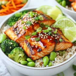 - 2 salmon fillets (about 6 oz each) - 2 tablespoons honey - 2 tablespoons sriracha sauce - 2 teaspoons soy sauce - 1 teaspoon sesame oil For this dish, the star is the salmon. I love using fresh salmon fillets because they cook quickly and taste great. The honey and sriracha sauce create a sweet and spicy flavor that is simply amazing. Soy sauce adds a savory touch, while sesame oil gives it a nutty flavor. - 1 cup cooked brown rice - 1 cup steamed broccoli florets - 1/2 cup shredded carrots - 1/4 cup edamame (shelled) - 2 green onions, finely sliced - Sesame seeds for garnish - Lime wedges for serving Brown rice acts as a hearty base for the bowls. I enjoy adding steamed broccoli, shredded carrots, and edamame for color and crunch. These veggies bring vitamins and flavor to the meal. Green onions and sesame seeds make for perfect toppings, while lime adds a fresh zing! {{ingredient_image_1}} - Prepare the Marinade In a small bowl, mix honey, sriracha, soy sauce, and sesame oil. Whisk until smooth. This marinade adds a sweet and spicy kick to the salmon. - Coat Salmon and Marinate Take two salmon fillets and place them in a shallow dish. Pour the marinade over the salmon, covering it well. Cover the dish and let it sit in the fridge for at least 20 minutes. This time allows the salmon to soak up all those great flavors. - Grilling Instructions Preheat your grill to medium-high heat. Place the marinated salmon on the grill and cook for about 4-5 minutes per side. When done, the salmon should flake easily with a fork. - Broiling Instructions If you prefer broiling, preheat your oven's broiler. Line a baking sheet with parchment paper. Place the salmon on the sheet and broil for about 6-7 minutes. Keep an eye on it to avoid burning. - Cooking Brown Rice If you haven’t cooked brown rice yet, follow the package instructions. Usually, it takes about 30-40 minutes to cook. The rice serves as a hearty base for your bowl. - Steaming Broccoli While the salmon cooks, steam the broccoli florets for about 5 minutes. They should become bright green and tender. This veggie adds color and crunch to your meal. - Layering Ingredients Start with a layer of cooked brown rice in each bowl. Then, add the steamed broccoli, shredded carrots, and shelled edamame on top of the rice. - Placing Salmon on Top Once the salmon is cooked, place each fillet on top of the veggies and rice. This creates a beautiful and vibrant bowl. - Garnishing with Green Onions and Sesame Seeds Finish your bowls by sprinkling sliced green onions and sesame seeds over the salmon. This adds an extra layer of flavor and a nice crunch. - Serving Suggestions with Lime Serve each bowl with lime wedges on the side. A squeeze of lime adds a fresh, zesty taste that brightens the dish. Cooking Times for Salmon Cooking salmon perfectly is key. For grilling, aim for 4-5 minutes per side. If you broil, it takes about 6-7 minutes. The salmon should flake easily with a fork when done. Keep an eye on it to avoid overcooking. Marination Tips Marinating salmon is simple and adds great flavor. Mix honey, sriracha, soy sauce, and sesame oil in a bowl. Coat your salmon fillets well. Let them sit for at least 20 minutes in the fridge. This helps the flavors soak in deeply. Recommended Seasonings While the marinade is great, you can add more flavor. Try garlic powder or ginger for a spicy kick. A dash of black pepper can also enhance the taste. Don’t be afraid to experiment with flavors you enjoy! Additional Topping Ideas Toppings can make this dish special. Consider adding sliced avocado for creaminess. A handful of fresh cilantro adds a nice touch too. You can also sprinkle crushed peanuts for extra crunch. Lime wedges are perfect for a zesty finish. Prepping Ingredients Ahead To save time, prep your ingredients. Cook the brown rice in advance and store it in the fridge. You can also chop vegetables ahead of time. This makes assembly quick and easy on busy nights. Storage Tips for Leftovers If you have leftovers, store them well. Use airtight containers to keep the salmon and veggies fresh. They can last in the fridge for up to three days. When reheating, do it gently to keep the salmon moist and tasty. Pro Tips Marination Time: Allow the salmon to marinate for at least 20 minutes, but for even more flavor, consider marinating it for up to an hour. This enhances the taste and tenderness of the fish. Cooking Method: Whether grilling or broiling, ensure that the salmon is cooked to an internal temperature of 145°F (63°C) for optimal taste and safety. Use a food thermometer for accuracy. Vegetable Variations: Feel free to mix in other vegetables like bell peppers or snap peas for added color and nutrition. Just ensure they are cooked to your liking. Serving Suggestion: Squeeze fresh lime juice over the assembled bowls just before serving. It brightens the flavors and adds a refreshing zest to the dish. {{image_2}} You can switch the salmon for chicken or tofu. Both options work great. For chicken, use boneless breast fillets. Marinate and cook just like the salmon. For tofu, use firm or extra-firm tofu. Press it to remove water, then cut it into cubes. Marinate and bake or fry until golden. Both proteins soak up the honey sriracha sauce well. If you want a vegetarian bowl, tofu is a top choice. You can also use tempeh or seitan. These options have good texture and flavor. Marinate them the same way. Follow the same cooking method for best results. You can even add chickpeas for extra protein. If you want a different base, try quinoa. It cooks fast and has a nice nutty taste. Just rinse it and follow package instructions. Cauliflower rice is another great choice. It’s low in carbs and cooks quickly. Just sauté it for a few minutes. Want to mix it up? Use white rice for a softer bite. Jasmine or basmati rice adds a fragrant touch. You could also try wild rice. It has a chewier texture and looks lovely in the bowl. Change up your veggies based on what’s in season. In spring, use asparagus or snap peas. In summer, add bell peppers or zucchini. Fall brings in squash or sweet potatoes. Winter is perfect for Brussels sprouts or kale. Think about adding fresh herbs too. Cilantro or basil can add a burst of flavor. You can also add sliced avocados for creaminess. This can make the bowl even tastier and more colorful. - Refrigeration Guidelines: Store leftover salmon bowls in an airtight container. They can last 2-3 days in the fridge. Keep the salmon and vegetables separate from the rice if possible. This helps maintain texture. - Freezing Instructions: If you want to freeze, place the salmon and veggies in a freezer-safe bag. They can last up to 2 months. Cooked rice can also be frozen. Just make sure to cool it completely before sealing. - Best Methods for Reheating Salmon: The oven is great for reheating salmon. Preheat it to 350°F and bake for about 10-15 minutes. You can also use a microwave, but do it in short bursts to avoid drying out the fish. - Keeping Vegetables Fresh: Reheat veggies quickly in a pan with a little water. This helps steam them without making them mushy. You can also serve them cold if you prefer. You should marinate the salmon for at least 20 minutes. This time allows the flavors to soak in. For a stronger taste, you can marinate it for up to 1 hour. Just keep it in the fridge. Yes, you can use other sauces if you prefer. Try using chili garlic sauce for heat. You can also use sweet chili sauce for a milder taste. Just remember to adjust the sweetness to match the honey. You can serve many side dishes with salmon bowls. Some good choices include: - Steamed green beans - Roasted sweet potatoes - A simple green salad These sides pair well with the flavors of the salmon bowls. This recipe can be made gluten-free. Use gluten-free soy sauce instead of regular soy sauce. Check all labels for hidden gluten in sauces and toppings to ensure they are gluten-free. Yes, you can make parts of this recipe ahead of time. Cook the rice and steam the veggies earlier in the day. You can also marinate the salmon and store it in the fridge. Just cook the salmon fresh when you are ready to eat. In this post, we explored how to make delicious honey sriracha salmon bowls. We covered the essential ingredients like salmon, honey, and sriracha. I shared step-by-step instructions, from marinating to cooking and assembling. You also learned tips to achieve the perfect salmon and some fun variations. These bowls are tasty and easy to customize. Try different proteins or veggies based on your preferences. Enjoy creating your own version of this healthy meal.