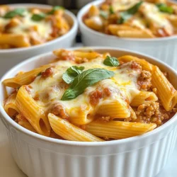 - 1 lb (450g) ground turkey - 8 oz (225g) whole wheat or regular pasta (like penne or fusilli) - 1 cup shredded mozzarella cheese - 1 cup cottage cheese - 1 cup marinara sauce - 1 small onion, finely chopped - 2 cloves garlic, minced - 1 teaspoon dried Italian herbs (basil, oregano) - Salt and pepper to taste - 1 tablespoon olive oil These ingredients come together to make a creamy and delicious dish. You get protein from the turkey and cheese, plus carbs from the pasta. The marinara sauce adds a rich flavor and keeps things moist. - Red pepper flakes for heat - Fresh spinach or kale for greens - Bell peppers, diced for sweetness - Mushrooms, sliced for added depth Adding any of these can change the dish's taste. Red pepper flakes add a kick, while spinach boosts nutrition. These options let you customize the pasta to your liking. - Fresh basil leaves for color and flavor - Grated Parmesan cheese for a salty touch - Toasted breadcrumbs for crunch Toppings make your dish look and taste better. Fresh basil adds brightness, while Parmesan enhances the cheesy flavor. Toasted breadcrumbs give a nice texture contrast, making each bite exciting. {{ingredient_image_1}} First, you need to cook the pasta. Boil a large pot of salted water. Make sure it’s really hot! Add 8 ounces of your favorite pasta. I like penne or fusilli. Cook until it’s al dente, which means it should still be firm. This usually takes around 8 to 10 minutes. When done, drain the pasta in a colander and set it aside. Now, let’s move on to the turkey. In a large skillet, heat 1 tablespoon of olive oil over medium heat. Add 1 small chopped onion. Sauté it for about 3 to 4 minutes until it’s soft. Then, add 2 minced garlic cloves. Cook for another minute until you smell that yummy garlic aroma. Next, increase the heat to medium-high. Add 1 pound of ground turkey. Cook it for 6 to 8 minutes. Make sure to break it apart with a spoon as it cooks. Once it’s browned, stir in 1 cup of marinara sauce, 1 teaspoon of dried Italian herbs, salt, and pepper. Let this simmer for 5 minutes so the flavors mix well. Now it’s time for the best part: the cheese! In a separate bowl, mix 1 cup of shredded mozzarella cheese with 1 cup of cottage cheese. This combo adds great creaminess. Pour this cheese mixture over the turkey and pasta in the skillet. Fold it in gently until the cheese melts and is evenly mixed. Remove the skillet from heat and let it sit for a couple of minutes. This helps the cheese firm up a bit. Now, your Cheesy Ground Turkey Pasta is ready to serve! To cook pasta well, use a large pot. Fill it with salted water. Bring it to a boil before adding the pasta. Stir the pasta often to keep it from sticking. Cook until al dente, which means it should still be firm. Test a piece a minute before the package time is up. Drain the pasta but save a bit of the water. This starchy water helps blend flavors later. Ground turkey can be bland if not seasoned well. Start by using fresh onion and garlic. Sauté these until soft and fragrant. Add dried Italian herbs for a burst of flavor. You can also include a splash of Worcestershire sauce or soy sauce for depth. For a spicy kick, add red pepper flakes. Let the turkey brown well to develop a rich taste. For extra creaminess, mix mozzarella and cottage cheese. This mix adds flavor and texture. When you pour it over the pasta, keep the heat low. Stir gently so the cheese melts evenly. Let it sit for a couple of minutes off the heat. This resting time helps the cheese firm up just right. If you want it even creamier, try adding a splash of heavy cream before serving. Pro Tips Use Lean Turkey: Opt for lean ground turkey to keep the dish healthy without sacrificing flavor. Cheese Variations: Experiment with different cheeses like cheddar or gouda for a unique taste. Herb Freshness: Fresh herbs can elevate the dish; consider adding fresh basil or parsley just before serving. Make-Ahead Meal: Prepare the dish in advance and refrigerate; it reheats well for quick weeknight dinners. {{image_2}} You can easily make Cheesy Ground Turkey Pasta healthier by adding vegetables. Try adding spinach, bell peppers, or zucchini. These veggies add color, flavor, and nutrients. - Add 1 cup of chopped spinach right before serving. - Sauté bell peppers with the onion for extra crunch. - Mix in diced zucchini while cooking the turkey. These options not only boost nutrition but also make your dish more colorful and fun. If you need gluten-free pasta, don’t worry! There are many great choices. Look for pasta made from rice, corn, or lentils. These options work well and taste great. - Use 8 oz of gluten-free pasta, like brown rice penne. - Cook it just like regular pasta, following package directions. This way, everyone can enjoy Cheesy Ground Turkey Pasta without gluten. Feel free to mix up the cheeses and sauces in this dish. Different flavors can change the whole meal. - Use sharp cheddar instead of mozzarella for a bolder taste. - Try ricotta cheese for a creamier texture. - Experiment with different sauces like Alfredo or pesto. These changes allow you to create a new dish each time. Let your creativity shine! To store your leftover cheesy ground turkey pasta, let it cool first. Use an airtight container to keep it fresh. Place the pasta in the container and seal it tightly. It can stay in the fridge for up to three days. This way, you can enjoy it again without losing flavor. When reheating, you want the pasta to stay creamy. Place it in a skillet over low heat. Add a splash of water or broth to help it heat evenly. Stir often to prevent sticking. You can also use the microwave. Heat it in short bursts, stirring in between. This keeps the cheese from getting tough. If you want to freeze your cheesy ground turkey pasta, first let it cool completely. Portion it into freezer-safe bags or containers. Squeeze out as much air as you can. Label them with the date. It can last in the freezer for up to three months. When you’re ready to eat, thaw it in the fridge overnight before reheating. This makes meal prep easy and tasty! Yes, you can use different types of ground meat. Ground chicken, beef, or pork all work well. Each meat adds its own flavor. Ground beef will be richer, while chicken will be lighter. Just cook the meat until it’s fully browned. Adjust the cooking time as needed based on the type of meat you choose. To make this dish lighter, consider using less cheese. You can cut the mozzarella and cottage cheese by half. Use whole wheat pasta for added fiber. Adding more vegetables like spinach or zucchini is another great option. These changes keep the dish tasty while lowering calories. You can serve this pasta with a simple green salad. A side of garlic bread pairs nicely too. For a fresh touch, add steamed broccoli or green beans. These sides balance the meal and add more nutrients. Feel free to get creative with what you have on hand. Cheesy ground turkey pasta is simple and tasty. I shared the main ingredients, cooking steps, and tips to make it great. You can customize it with veggies or sauces to fit your taste. Proper storage helps keep leftovers fresh. Remember, you can swap ground turkey for other meats too. I hope you find joy in making and sharing this dish. Enjoy your cooking adventure!