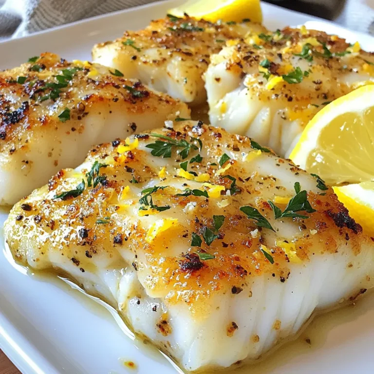 - 4 cod fillets (6 oz each) - 4 tablespoons unsalted butter, melted - 4 cloves garlic, minced - 1 teaspoon lemon zest - 1 tablespoon fresh parsley, chopped - 1 teaspoon paprika - Salt and pepper to taste - Lemon wedges for serving To make this dish, you need fresh cod fillets. They should be about 6 ounces each. You'll also need unsalted butter, which you will melt for the garlic butter sauce. Minced garlic adds great flavor. Lemon zest brightens the dish, while fresh parsley gives it color. Paprika adds a nice touch and pairs well with the fish. Don't forget salt and pepper to season your cod. - Capers - Red pepper flakes - Fresh dill or thyme You can add capers for a briny taste. Red pepper flakes give a spicy kick. Fresh dill or thyme can add a nice herbal note. Feel free to mix and match these ingredients based on your taste. - Cod fillets can be replaced with haddock or tilapia. - Use olive oil instead of butter for a lighter version. - If you don't have fresh parsley, dried parsley works too. If you can't find cod, try haddock or tilapia for a similar texture. You can also swap out butter for olive oil. This can make the dish healthier. If fresh parsley is not available, dried parsley can still add flavor, though fresh is best. {{ingredient_image_1}} First, you need to pat the cod fillets dry. Use a paper towel for this task. Drying helps the fish get crispy. Place the fillets on a clean plate. Make sure they are not stacked. This will keep them intact while cooking. Next, grab a small bowl. Combine melted butter with minced garlic. Add the lemon zest for a fresh kick. Then, toss in chopped parsley, paprika, salt, and pepper. Stir until the mixture is well blended. This garlic butter will add amazing flavor to the fish. Preheat your air fryer to 400°F (200°C). Let it warm up for about 5 minutes. While it heats, brush both sides of the cod fillets with garlic butter. Save some for later. Place the fillets in the air fryer basket. Make sure there is space between them. Cook for 10-12 minutes. Check them at the 8-minute mark. The fish is done when it flakes easily. Carefully take the cod out and drizzle with the reserved garlic butter. Serve with lemon wedges on the side. Enjoy your tasty air fryer cod! To get that great crispy skin on your cod, start by patting the fillets dry. Use a paper towel to absorb any moisture. This step is key. Next, brush the cod with the garlic butter mixture. This will help the fish crisp up nicely. Don’t overcrowd the air fryer basket. Give each fillet space to circulate hot air. This ensures an even cook and perfect crisp. Cooking times depend on the thickness of your cod fillets. For fillets about 6 oz, cook for 10-12 minutes at 400°F (200°C). If your fillets are thicker, add a minute or two. Always check at the 8-minute mark. You want the fish to flake easily with a fork. This means it’s cooked just right. If you overcook it, the fish can dry out quickly. To boost the flavor of your cod, don’t skip the garlic butter mixture. The blend of garlic, lemon zest, and herbs packs a punch. If you want more zing, add extra lemon zest or a splash of lemon juice. Fresh herbs like dill or cilantro can also elevate the dish. For a smoky taste, try adding a pinch of smoked paprika instead of regular paprika. Always reserve some garlic butter for drizzling after cooking. This adds an extra layer of flavor and keeps the dish moist. Pro Tips Ensure Freshness: Always use fresh cod fillets for the best flavor and texture. Frozen fillets can work, but make sure they are fully thawed and patted dry before cooking. Perfect Butter Blend: For an extra depth of flavor, consider adding a pinch of red pepper flakes to the garlic butter mixture for a subtle kick. Keep it Crisp: Avoid overcrowding the air fryer basket. Cooking in batches ensures even cooking and a delightful crispiness. Check for Doneness: Use a fork to test for flakiness at the 10-minute mark. Cod is perfectly cooked when it flakes easily and is opaque throughout. {{image_2}} You can change the flavors of your air fryer cod easily. Try using dill, thyme, or even oregano. These herbs pair well with fish. For a spicy kick, add cayenne pepper. You can also mix in some lemon pepper for a zesty touch. Experiment with different seasonings to find what you like best. Sauces can change the taste of your dish. Instead of garlic butter, try a honey mustard glaze. Just mix honey and mustard for a sweet and tangy flavor. You could also use a creamy dill sauce. It adds a rich taste. A squeeze of lime can give a fresh twist. Think about what flavors excite your taste buds. Pair your cod with tasty sides for a complete meal. Roasted vegetables, like carrots and zucchini, make a great choice. You can also serve it with a simple salad. Quinoa or rice adds good texture and fills you up. Consider mashed potatoes for a comforting option. Each side can enhance your meal and make it more enjoyable. After enjoying your air fryer cod, store leftovers in a good way. First, let the cod cool down to room temperature. Then, place the fillets in an airtight container. Make sure to separate layers with parchment paper to avoid sticking. This helps keep the fish fresh. You can store it in the fridge for up to 3 days. When you’re ready to eat the leftovers, reheat them to keep the flavor. Preheat your air fryer to 350°F (175°C). Place the cod fillets in the basket. Heat for about 5-7 minutes. Check if it's warm throughout. The fish should be flaky and not dry. If you want, add a little garlic butter on top to boost the taste. If you have extra cod, freezing is a great option. Wrap each fillet tightly in plastic wrap. Then, place them in a freezer-safe bag. Label the bag with the date. You can freeze the cod for up to 2 months. When you're ready to cook, thaw the fillets in the fridge overnight. This keeps the texture nice when you reheat them. It takes about 10 to 12 minutes to cook cod in an air fryer. At 400°F, the fish cooks quickly and evenly. Check it at the 8-minute mark. This helps ensure it does not overcook. When done, the cod should flake easily with a fork. This quick cooking time makes air frying a great choice for busy days. Yes, you can use frozen cod fillets! Just add a few extra minutes to the cooking time. It’s best to thaw them first for even cooking. If you cook them straight from frozen, check for doneness at 12 to 15 minutes. Ensure they reach an internal temperature of 145°F to be safe. Air fryer cod pairs well with many sides. Here are some great options: - Steamed vegetables like broccoli or asparagus - A fresh green salad with lemon vinaigrette - Quinoa or rice for a hearty meal - Garlic mashed potatoes for comfort food - Crusty bread to soak up extra garlic butter These sides complement the cod's flavors nicely. Enjoy mixing and matching to find your favorite combo! In this blog post, we covered all aspects of cooking cod in an air fryer. We explored required and optional ingredients, including substitutions to suit your taste. You learned step-by-step instructions for preparation, making garlic butter, and cooking. Tips for a crispy texture and flavor enhancements were shared. We also discussed variations, storage info, and addressed common questions about cooking cod. Try these methods to enjoy perfect air-fried cod every time. Cooking can be fun and tasty!