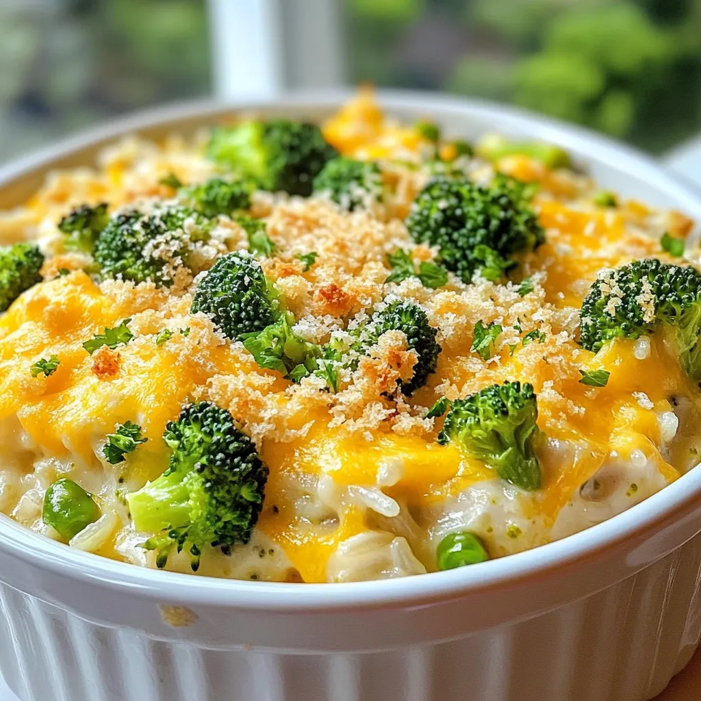 - 2 cups cooked rice (white or brown) - 2 cups cooked chicken, shredded - 2 cups broccoli florets (fresh or frozen) - 1 cup shredded cheddar cheese - 1 cup cream of mushroom soup - 1/2 cup milk - 1 teaspoon garlic powder - 1 teaspoon onion powder - 1/2 teaspoon black pepper - 1/2 teaspoon salt - 1/2 cup breadcrumbs - 2 tablespoons olive oil - 1/4 cup grated Parmesan cheese Options for alternative proteins: You can swap chicken for turkey or even tofu. Each option adds a unique flavor while keeping it filling. Vegan substitutions for cheese and cream of mushroom soup: Use cashew cheese or nutritional yeast for cheese. Replace the cream of mushroom soup with coconut cream mixed with mushrooms. Gluten-free breadcrumb options: Try using almond flour or crushed gluten-free crackers. They give a nice crunch without gluten. {{ingredient_image_1}} First, preheat your oven to 350°F (175°C). This step helps cook the casserole evenly. While the oven heats, grease a 9x13 inch casserole dish using a bit of olive oil. This keeps the casserole from sticking. Next, gather a large mixing bowl. In this bowl, combine the cooked rice, shredded chicken, and broccoli florets. Add the shredded cheddar cheese, cream of mushroom soup, and milk. Sprinkle in the garlic powder, onion powder, black pepper, and salt. Mix everything well. You want it all to blend nicely. Now, pour the mixture into the greased casserole dish. Spread it evenly across the dish. In a small bowl, mix the breadcrumbs with the remaining olive oil and Parmesan cheese. Sprinkle this mixture evenly on top of the casserole. Bake the casserole in the preheated oven for about 30-35 minutes. Look for bubbles and a golden brown topping. These are signs that it is ready. Once done, remove it from the oven. Let the casserole sit for about 5 minutes. This helps it set and makes serving easier. For this casserole, I recommend using long-grain white rice or brown rice. Both types hold up well and mix nicely. It's best to use cooked rice. This way, you avoid mushy rice in your dish. Mixing the ingredients is key for even flavor. Start by adding all the main ingredients in a big bowl. Use a spatula to gently fold them together. Be careful not to crush the broccoli. You want each bite to taste great. Adding spices can really boost flavors. I suggest a pinch of paprika for warmth. You could also try dried thyme or basil for a fresh twist. Adding these can make your casserole even more delicious. When it comes to cheese, cheddar is a classic choice. But feel free to mix it up! Try mozzarella for a gooey texture or pepper jack for some heat. You can even blend different cheeses for a richer taste. Pro Tips Use Fresh Broccoli: Fresh broccoli not only enhances the flavor but also adds a vibrant color to your casserole. If using frozen, make sure to thaw and drain excess moisture to avoid a watery dish. Shred Your Chicken: For better texture and flavor distribution, shred your chicken instead of cubing it. This allows the chicken to blend seamlessly with the other ingredients. Experiment with Cheese: While cheddar is classic, feel free to mix it up! Adding mozzarella or pepper jack can create a unique flavor profile and add creaminess to the casserole. Let it Rest: Allow the casserole to cool for a few minutes before serving. This helps it set properly, making it easier to cut and serve without falling apart. {{image_2}} You can make this cheesy broccoli chicken rice casserole your own. Try adding other veggies like bell peppers or carrots. They bring a nice crunch and color. Just chop them small and mix them in with the other ingredients. You can also switch up the protein. If you have leftover turkey or ham, use that instead of chicken. These meats add a different taste and keep it exciting. If you want a hands-off approach, try a slow cooker version. Just mix all the ingredients and set your slow cooker on low for 4-6 hours. Your casserole will be ready when you come home. You can also use a stovetop or instant pot. For the stovetop, cook the rice and add all ingredients in a pot. Stir well until heated through. If using an instant pot, cook on high pressure for 10 minutes, then let it release naturally for 5 minutes. This way, you can enjoy your casserole in less time! After you enjoy your cheesy broccoli chicken rice casserole, store any leftovers right away. First, let the casserole cool to room temperature. Then, transfer it to an airtight container. This helps keep the flavors fresh. You can refrigerate it for up to three days. If you want to keep it longer, freeze it instead. Make sure to wrap it tightly in plastic wrap, then place it in a freezer-safe container. It can last up to three months in the freezer. When you’re ready to eat it, just take it out and let it thaw in the fridge overnight. Reheating your casserole is simple. For the best texture, I suggest using the oven. Preheat your oven to 350°F (175°C). Place the casserole in an oven-safe dish. Cover it with foil to keep the moisture in. Heat it for about 20 to 25 minutes. If you want a crispy top, remove the foil for the last 5 minutes. You can also use a microwave. Just place a portion on a microwave-safe plate. Heat it in 1-minute intervals until hot. Enjoy the creamy, cheesy goodness again! Can I use uncooked rice in the casserole? No, you should not use uncooked rice. Uncooked rice will not cook properly in the casserole. It needs time and liquid to soften. Always use cooked rice for best results. This makes the dish creamy and delicious. How do I know when the casserole is fully cooked? Check the edges of the casserole. They should bubble and be golden brown. You can also poke it with a fork. If it is hot all the way through, it is done. The topping should be crispy and inviting. Can this dish be made ahead of time? Yes, you can prepare this casserole a day before. Just mix all the ingredients and place them in the dish. Cover it and store it in the fridge. When ready to bake, let it sit at room temperature for a bit before cooking. This helps it bake evenly. This casserole is easy to make and full of flavor. You learned about the key ingredients and how to mix them right. I shared tips for texture and ways to change it up for your taste. Don't forget, you can store leftovers and reheat them to keep them tasty. When cooking, trust your senses for doneness. This dish is flexible, so be creative! Enjoy your cooking and make it your own.