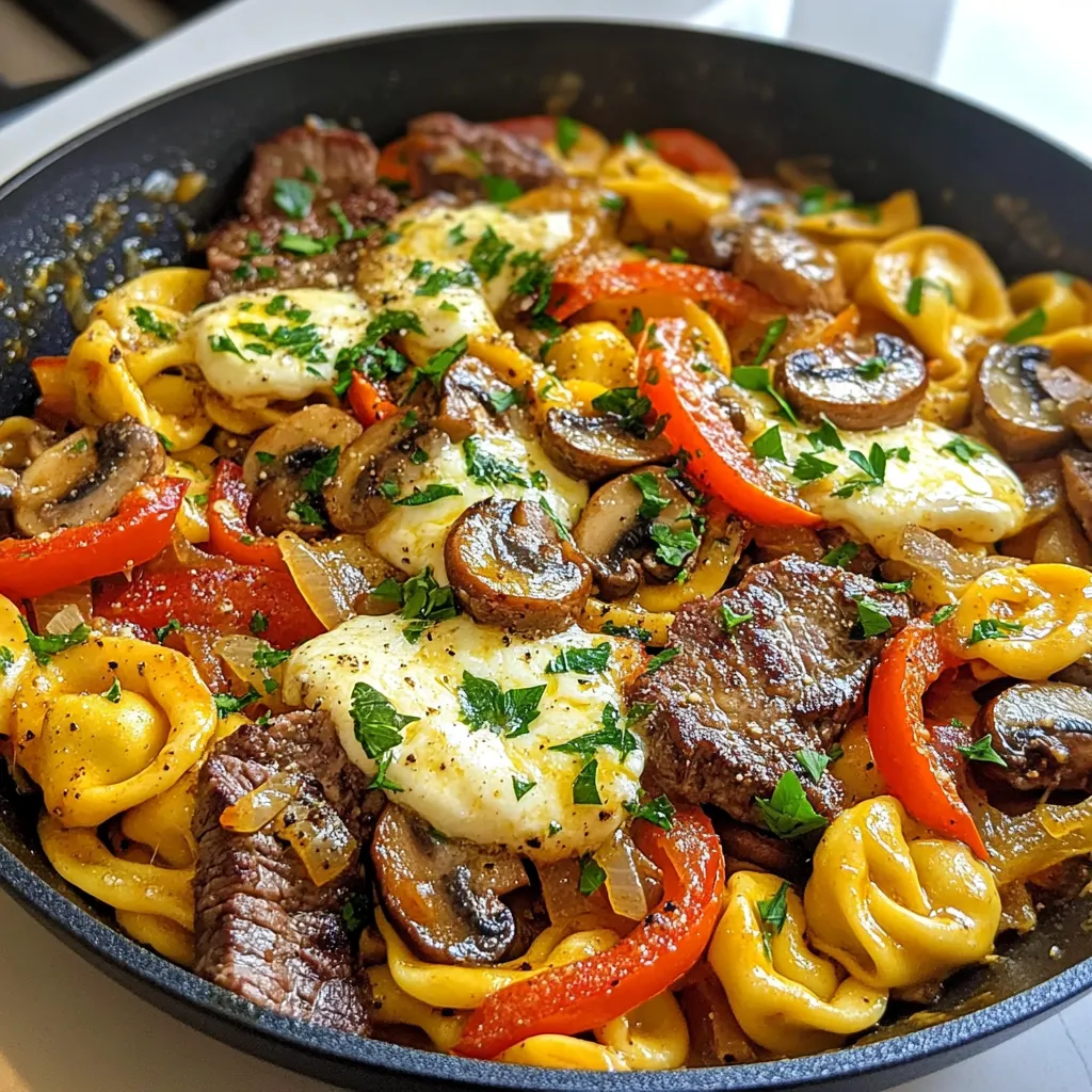 To make a tasty Steak and Cheese Tortellini Skillet, gather these simple ingredients: - 8 ounces cheese tortellini - 1 pound steak (sirloin or flank), thinly sliced - 2 tablespoons olive oil - 1 medium onion, sliced - 2 cloves garlic, minced - 1 red bell pepper, sliced - 1 cup mushrooms, sliced - 1 teaspoon Italian seasoning - Salt and pepper to taste - 1 cup shredded mozzarella cheese - Fresh parsley, chopped (for garnish) These ingredients come together to create a hearty dish that bursts with flavor. The cheese tortellini adds a nice touch of creaminess, while the steak provides protein and richness. The vegetables bring color and crunch, making every bite enjoyable. When you combine all these elements, you get a meal that's not only delicious but also visually appealing. Remember, using fresh ingredients enhances the taste. So, choose your steak and veggies wisely for the best results! {{ingredient_image_1}} Start by boiling salted water in a large pot. Add 8 ounces of cheese tortellini. Cook according to the package instructions, usually about 3-5 minutes. Drain the tortellini when done and set it aside. In a large skillet, heat 1 tablespoon of olive oil over medium-high heat. Season 1 pound of thinly sliced steak with salt and pepper. Add the steak to the skillet. Sear for 2-3 minutes until it turns brown. Remove the steak and set it aside. In the same skillet, add another tablespoon of olive oil. Toss in 1 medium sliced onion and cook for 3 minutes until it softens. Next, add 2 cloves of minced garlic, 1 sliced red bell pepper, and 1 cup of sliced mushrooms. Sauté for 5-7 minutes until the veggies are tender. Return the seared steak to the skillet along with the cooked tortellini. Sprinkle in 1 teaspoon of Italian seasoning, mixing everything well. Cook for an additional 2-3 minutes to heat through. Sprinkle 1 cup of shredded mozzarella cheese over the mixture. Cover the skillet with a lid and reduce the heat to low. Let the cheese melt for about 3-4 minutes. You'll want it bubbly and gooey. Once the cheese is melted, remove the skillet from heat. Garnish with chopped fresh parsley for a pop of color. This dish pairs well with a light salad or crusty bread. Enjoy your savory steak and cheese tortellini! Select a steak with good marbling. Sirloin or flank works well here. Thin slices help it cook fast. Look for bright color and freshness when buying. Ask your butcher for the best cut. You want a balance of flavor and tenderness. Cook the steak for 2-3 minutes. This keeps it juicy and tender. Don’t overcrowd the skillet. Sear in batches if needed. After adding veggies, cook them until soft, about 5-7 minutes. Finally, heat everything together for 2-3 minutes. This melds the flavors nicely. Use Italian seasoning for depth. Salt and pepper are key too. You can add more spices if you like. A pinch of red pepper flakes gives heat. Fresh herbs like parsley add brightness. Always taste as you go for balance. Use shredded mozzarella for best results. Spread it evenly over the dish. Cover the skillet to trap heat. This helps the cheese melt well. Keep the heat low to prevent burning. In 3-4 minutes, you’ll have gooey, melted cheese that everyone loves! Pro Tips Choose the Right Steak: Opt for tender cuts like sirloin or flank steak for the best flavor and texture. Don't Overcook the Vegetables: Sauté the vegetables just until tender to maintain their color and nutrients. Let the Cheese Melt Properly: Cover the skillet to trap heat and ensure the mozzarella melts evenly and becomes gooey. Garnish for Freshness: A sprinkle of fresh parsley not only adds color but also enhances the dish's flavor profile. {{image_2}} You can swap steak for chicken or shrimp. Chicken breast works well cut into strips. Cook it until golden brown, just like the steak. Shrimp cooks fast. Add it towards the end for juicy bites. Both options bring new flavors to the dish. Vegetables add color and nutrients. Try spinach, zucchini, or broccoli. Toss them in with the onions and peppers. They will cook down and blend nicely. Add a splash of lemon juice for extra flavor. This makes the dish even healthier. While mozzarella is classic, feel free to explore. Cheddar, gouda, or provolone can add a twist. Use a mix of cheeses for extra depth. They melt well and bring great taste. Just remember to adjust the amount based on your choice. To store your leftover steak and cheese tortellini, let it cool first. Place it in an airtight container. This will keep it fresh for up to 3 days in the fridge. Make sure to seal it well to avoid drying out. When you are ready to eat the leftovers, use a skillet or microwave. If using a skillet, add a splash of water or broth. Heat it on low until warm, stirring often. If using the microwave, cover the dish to keep moisture. Heat for one minute, then check. Stir and continue heating in 30-second bursts until hot. You can freeze the tortellini skillet for later. First, let it cool completely. Then, place it in a freezer-safe container. This dish can last for up to 2 months in the freezer. To thaw, leave it in the fridge overnight. Reheat as mentioned above for best results. Yes, you can use frozen tortellini. Just cook it according to package instructions. Frozen tortellini cooks quickly and tastes great in this dish. It saves time and still gives you that cheesy goodness. I recommend using mozzarella cheese. It melts well and adds a creamy texture. You could also try provolone or fontina for a twist. Each cheese brings a unique flavor to the dish. To make this dish gluten-free, use gluten-free tortellini. Many brands offer gluten-free options made from rice or corn. Also, check that your steak and seasonings are gluten-free to keep it safe. Yes, you can prepare this dish ahead of time. Cook the tortellini and sauté the steak and veggies. Store them in the fridge for up to two days. When ready to serve, simply reheat and add the cheese. I suggest serving a fresh salad or garlic bread. A light side helps balance the rich flavors of the skillet. You can also add a glass of red wine to enhance your meal. Enjoy! This recipe for Steak and Cheese Tortellini combines simple, tasty ingredients. We shared step-by-step cooking instructions to make this dish easy. You learned tips for choosing steak and perfecting cooking times. We also explored variations with different proteins and vegetables. Whether you enjoy it right away or store leftovers, this dish satisfies. Now, you can impress family and friends with your skills. Get cooking and enjoy every bite!