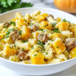 For a cozy and flavorful Autumn Sausage Squash Pasta, you need the following ingredients: - 2 cups butternut squash, cubed - 8 ounces Italian sausage, casings removed - 2 tablespoons olive oil - 3 cloves garlic, minced - 1 small onion, finely chopped - 8 ounces pasta (penne or rigatoni works well) - 1/2 teaspoon dried sage - 1/2 teaspoon thyme - 1/4 teaspoon nutmeg - Salt and pepper to taste - 1/2 cup vegetable broth - 1/2 cup grated Parmesan cheese - Fresh parsley, chopped (for garnish) These ingredients create a warm and hearty dish. The butternut squash adds a sweet flavor and a lovely color. Italian sausage brings a savory depth. Olive oil and garlic enhance the taste while the herbs add a fragrant touch. Pasta like penne or rigatoni holds the sauce well. The vegetable broth gives the dish a nice base. Finally, the grated Parmesan cheese adds creaminess and richness. You can sprinkle fresh parsley on top for a pop of color. With these simple ingredients, you can create a dish that warms the heart and satisfies the soul. {{ingredient_image_1}} To start, I always choose a fresh butternut squash. First, I cut it into small cubes. This size helps it cook evenly and become tender. Next, I spread the cubes on a baking sheet. I drizzle them with olive oil and sprinkle salt and pepper on top. These seasonings boost the flavor. Then, I roast the squash in a preheated oven at 400°F (200°C) for about 20-25 minutes. I look for a golden color and a tender texture when it's done. For this dish, I prefer using penne or rigatoni pasta. Both types hold the creamy sauce well. I boil a large pot of salted water. Once it’s boiling, I add the pasta and cook it until it is al dente. This usually takes about 8-10 minutes, but I check the package for the exact time. After draining, I always save some pasta water. This water will help create a creamy sauce later. While the squash roasts and the pasta cooks, I prepare the sausage. I heat a large skillet over medium heat. I add the Italian sausage, breaking it apart with a wooden spoon. I cook it until it turns brown and is fully cooked, which takes around 5-7 minutes. Next, I add chopped onion and minced garlic to the skillet. I sauté them until the onion becomes translucent, which takes about 3-4 minutes. The aroma fills the kitchen, making it hard to wait! Now comes the fun part! I add dried sage, thyme, and nutmeg to the skillet. I stir them in and let them cook for 1-2 minutes. This step releases their flavors. Next, I pour in vegetable broth and let it simmer. I scrape the brown bits from the pan, which adds more flavor. After about 3 minutes, I add the roasted butternut squash and cooked pasta. I toss everything together, adding reserved pasta water as needed to make it creamy. Finally, I stir in grated Parmesan cheese until it melts. The dish is now ready to serve! To get the best caramelization, cut the butternut squash into even cubes. This helps them cook evenly. Spread the cubes on a baking sheet in a single layer. Drizzle with olive oil and sprinkle salt and pepper. Roast at 400°F (200°C) for 20 to 25 minutes. Look for a golden color and a soft texture. For seasoning, I suggest mixing in dried sage and thyme. These herbs bring out the sweetness of the squash. A pinch of nutmeg adds warmth and depth. To achieve the best texture, cook your pasta in salted boiling water. Follow the package instructions for timing. You want it al dente, which means it should be firm but not hard. This gives a nice bite to the dish. Save some pasta water before draining. This starchy water can help thicken your sauce. If your pasta seems dry, add a bit of this water to create a creamy finish. Consider adding fresh herbs like basil or parsley. These can brighten the dish and add fresh notes. You might also try using rosemary for a different flavor twist. For cheese, you can swap Parmesan for pecorino or goat cheese. Each type will change the dish's flavor. Grated cheese stirred into the pasta adds creaminess and richness. Pro Tips Choose the Right Pasta: Opt for pasta shapes like penne or rigatoni that can hold onto the sauce and roasted squash pieces for a better flavor experience. Add a Touch of Sweetness: If you like a hint of sweetness, consider adding a drizzle of maple syrup or honey to the roasted squash before baking. Customize Your Herbs: Feel free to experiment with fresh herbs like rosemary or sage to elevate the dish’s flavor profile even further. Make it Creamy: For an extra creamy sauce, add a splash of heavy cream or a dollop of mascarpone cheese along with the Parmesan. {{image_2}} You can change the sausage type for different flavors. Use chicken sausage for a lighter dish. Turkey sausage works well too and keeps it healthy. For a vegan option, try plant-based sausage. It adds a nice texture without meat. You can also use mushrooms for a hearty feel. This dish fits many vegetables. You can add spinach or kale for greens. Roasted Brussels sprouts or carrots add sweet flavors. In winter, use root vegetables like parsnips. In spring, fresh peas or asparagus can brighten the meal. Each season brings new tastes to explore! Pair your pasta with a fresh salad for balance. A simple arugula salad with lemon dressing works well. You can also serve it with garlic bread for a classic touch. Try different styles too. Serve the pasta in bowls for a cozy meal or on a big platter for sharing. Each way brings a fun twist. To store leftovers, use airtight containers. Glass containers work well. They keep food fresh and let you see inside. You can also use plastic containers, but make sure they seal tight. Let the pasta cool before sealing it. This prevents moisture buildup. Store your leftovers in the fridge. They will stay good for 3 to 4 days. If you want to keep it longer, freeze it. Use freezer-safe containers or bags. It will last up to 3 months in the freezer. When you are ready to eat again, reheating is easy. Use the stove for the best results. Place the pasta in a pan over low heat. Add a splash of vegetable broth or water. This helps keep it moist. Stir often to make sure it heats evenly. If you prefer the microwave, use a microwave-safe bowl. Cover the bowl with a damp paper towel. This keeps the pasta from drying out. Heat in short bursts, stirring in between. Enjoy the same cozy flavors as when it was fresh! You can pair this dish with a simple green salad. A salad with arugula and lemon dressing works well. You might also enjoy bread, like crusty baguette or garlic bread. For wine, try a light red like Pinot Noir. A crisp white, like Sauvignon Blanc, also matches nicely. Yes, you can prep some parts ahead. Cook the pasta and roast the squash in advance. Store them in the fridge for up to two days. When you're ready, just combine everything and heat it up. Look for golden brown edges on the squash. It should feel soft when you poke it with a fork. If you like a bit of bite, pull it out a little early. If you want it very tender, let it roast longer. You’ve learned how to make a delightful Autumn Sausage Squash Pasta. We covered ingredients, step-by-step cooking, and helpful tips. Remember to roast the squash well and choose the right pasta. Adjust flavors with herbs and cheese to fit your taste. This dish is flexible, easy to store, and great for sharing. With the right care, your meal can shine every time. Enjoy your cooking journey and make it your own!