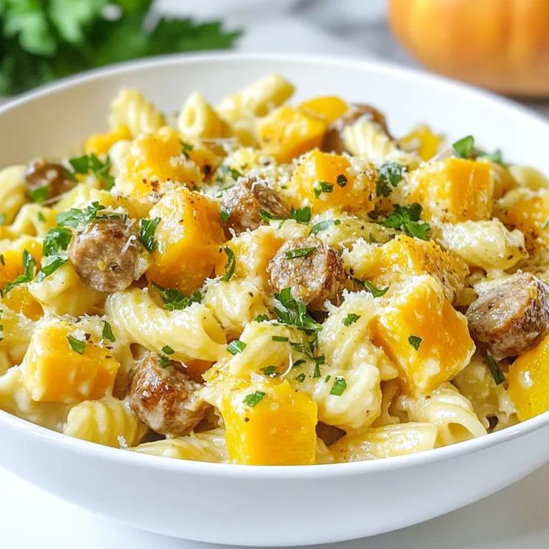 For a cozy and flavorful Autumn Sausage Squash Pasta, you need the following ingredients: - 2 cups butternut squash, cubed - 8 ounces Italian sausage, casings removed - 2 tablespoons olive oil - 3 cloves garlic, minced - 1 small onion, finely chopped - 8 ounces pasta (penne or rigatoni works well) - 1/2 teaspoon dried sage - 1/2 teaspoon thyme - 1/4 teaspoon nutmeg - Salt and pepper to taste - 1/2 cup vegetable broth - 1/2 cup grated Parmesan cheese - Fresh parsley, chopped (for garnish) These ingredients create a warm and hearty dish. The butternut squash adds a sweet flavor and a lovely color. Italian sausage brings a savory depth. Olive oil and garlic enhance the taste while the herbs add a fragrant touch. Pasta like penne or rigatoni holds the sauce well. The vegetable broth gives the dish a nice base. Finally, the grated Parmesan cheese adds creaminess and richness. You can sprinkle fresh parsley on top for a pop of color. With these simple ingredients, you can create a dish that warms the heart and satisfies the soul. {{ingredient_image_1}} To start, I always choose a fresh butternut squash. First, I cut it into small cubes. This size helps it cook evenly and become tender. Next, I spread the cubes on a baking sheet. I drizzle them with olive oil and sprinkle salt and pepper on top. These seasonings boost the flavor. Then, I roast the squash in a preheated oven at 400°F (200°C) for about 20-25 minutes. I look for a golden color and a tender texture when it's done. For this dish, I prefer using penne or rigatoni pasta. Both types hold the creamy sauce well. I boil a large pot of salted water. Once it’s boiling, I add the pasta and cook it until it is al dente. This usually takes about 8-10 minutes, but I check the package for the exact time. After draining, I always save some pasta water. This water will help create a creamy sauce later. While the squash roasts and the pasta cooks, I prepare the sausage. I heat a large skillet over medium heat. I add the Italian sausage, breaking it apart with a wooden spoon. I cook it until it turns brown and is fully cooked, which takes around 5-7 minutes. Next, I add chopped onion and minced garlic to the skillet. I sauté them until the onion becomes translucent, which takes about 3-4 minutes. The aroma fills the kitchen, making it hard to wait! Now comes the fun part! I add dried sage, thyme, and nutmeg to the skillet. I stir them in and let them cook for 1-2 minutes. This step releases their flavors. Next, I pour in vegetable broth and let it simmer. I scrape the brown bits from the pan, which adds more flavor. After about 3 minutes, I add the roasted butternut squash and cooked pasta. I toss everything together, adding reserved pasta water as needed to make it creamy. Finally, I stir in grated Parmesan cheese until it melts. The dish is now ready to serve! To get the best caramelization, cut the butternut squash into even cubes. This helps them cook evenly. Spread the cubes on a baking sheet in a single layer. Drizzle with olive oil and sprinkle salt and pepper. Roast at 400°F (200°C) for 20 to 25 minutes. Look for a golden color and a soft texture. For seasoning, I suggest mixing in dried sage and thyme. These herbs bring out the sweetness of the squash. A pinch of nutmeg adds warmth and depth. To achieve the best texture, cook your pasta in salted boiling water. Follow the package instructions for timing. You want it al dente, which means it should be firm but not hard. This gives a nice bite to the dish. Save some pasta water before draining. This starchy water can help thicken your sauce. If your pasta seems dry, add a bit of this water to create a creamy finish. Consider adding fresh herbs like basil or parsley. These can brighten the dish and add fresh notes. You might also try using rosemary for a different flavor twist. For cheese, you can swap Parmesan for pecorino or goat cheese. Each type will change the dish's flavor. Grated cheese stirred into the pasta adds creaminess and richness. Pro Tips Choose the Right Pasta: Opt for pasta shapes like penne or rigatoni that can hold onto the sauce and roasted squash pieces for a better flavor experience. Add a Touch of Sweetness: If you like a hint of sweetness, consider adding a drizzle of maple syrup or honey to the roasted squash before baking. Customize Your Herbs: Feel free to experiment with fresh herbs like rosemary or sage to elevate the dish’s flavor profile even further. Make it Creamy: For an extra creamy sauce, add a splash of heavy cream or a dollop of mascarpone cheese along with the Parmesan. {{image_2}} You can change the sausage type for different flavors. Use chicken sausage for a lighter dish. Turkey sausage works well too and keeps it healthy. For a vegan option, try plant-based sausage. It adds a nice texture without meat. You can also use mushrooms for a hearty feel. This dish fits many vegetables. You can add spinach or kale for greens. Roasted Brussels sprouts or carrots add sweet flavors. In winter, use root vegetables like parsnips. In spring, fresh peas or asparagus can brighten the meal. Each season brings new tastes to explore! Pair your pasta with a fresh salad for balance. A simple arugula salad with lemon dressing works well. You can also serve it with garlic bread for a classic touch. Try different styles too. Serve the pasta in bowls for a cozy meal or on a big platter for sharing. Each way brings a fun twist. To store leftovers, use airtight containers. Glass containers work well. They keep food fresh and let you see inside. You can also use plastic containers, but make sure they seal tight. Let the pasta cool before sealing it. This prevents moisture buildup. Store your leftovers in the fridge. They will stay good for 3 to 4 days. If you want to keep it longer, freeze it. Use freezer-safe containers or bags. It will last up to 3 months in the freezer. When you are ready to eat again, reheating is easy. Use the stove for the best results. Place the pasta in a pan over low heat. Add a splash of vegetable broth or water. This helps keep it moist. Stir often to make sure it heats evenly. If you prefer the microwave, use a microwave-safe bowl. Cover the bowl with a damp paper towel. This keeps the pasta from drying out. Heat in short bursts, stirring in between. Enjoy the same cozy flavors as when it was fresh! You can pair this dish with a simple green salad. A salad with arugula and lemon dressing works well. You might also enjoy bread, like crusty baguette or garlic bread. For wine, try a light red like Pinot Noir. A crisp white, like Sauvignon Blanc, also matches nicely. Yes, you can prep some parts ahead. Cook the pasta and roast the squash in advance. Store them in the fridge for up to two days. When you're ready, just combine everything and heat it up. Look for golden brown edges on the squash. It should feel soft when you poke it with a fork. If you like a bit of bite, pull it out a little early. If you want it very tender, let it roast longer. You’ve learned how to make a delightful Autumn Sausage Squash Pasta. We covered ingredients, step-by-step cooking, and helpful tips. Remember to roast the squash well and choose the right pasta. Adjust flavors with herbs and cheese to fit your taste. This dish is flexible, easy to store, and great for sharing. With the right care, your meal can shine every time. Enjoy your cooking journey and make it your own!