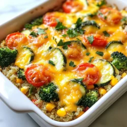 For this cheesy veggie quinoa casserole, you will need: - 1 cup quinoa, rinsed - 2 cups vegetable broth - 1 medium zucchini, diced - 1 bell pepper (any color), diced - 1 cup broccoli florets - 1 cup corn (fresh or frozen) - 1 cup cherry tomatoes, halved - 1 cup shredded cheese (cheddar or mozzarella) - 1/2 cup Greek yogurt - 1 teaspoon garlic powder - 1 teaspoon onion powder - 1 teaspoon dried oregano - 1 teaspoon smoked paprika - Salt and pepper to taste - 1 tablespoon olive oil - Fresh parsley for garnish (optional) I find that cheddar and mozzarella work best in this dish. Cheddar adds a strong, sharp flavor while mozzarella gives that gooey texture we all love. You can also use a blend of both for extra richness. If you want a tangy twist, try feta cheese. It pairs well with the veggies. Feel free to get creative! You can add cooked chicken or beans for protein. If you like heat, toss in some diced jalapeños or red pepper flakes. Swap in different veggies such as spinach or carrots based on your taste. You can even use quinoa flour if you want a gluten-free option. {{ingredient_image_1}} Start by preheating your oven to 375°F (190°C). This step is key. While the oven heats, gather your ingredients. You will need quinoa, broth, veggies, cheese, and spices. Rinse one cup of quinoa under cold water. This helps remove any bitterness. In a medium pot, bring two cups of vegetable broth to a boil. Once boiling, add the rinsed quinoa. Lower the heat to a simmer. Cover the pot and let it cook for about 15 minutes. You want the quinoa to be fluffy and all the liquid absorbed. While the quinoa cooks, heat one tablespoon of olive oil in a large skillet over medium heat. Add the diced zucchini and bell pepper. Sauté these for three to four minutes until they start to soften. Then, stir in the broccoli, corn, and cherry tomatoes. Add garlic powder, onion powder, oregano, smoked paprika, salt, and pepper. Cook this mix for another five minutes. Aim for vibrant, tender veggies. In a large mixing bowl, combine the cooked quinoa and sautéed veggies. Add half a cup of Greek yogurt and half the shredded cheese. Mix everything well until it is evenly combined. This step brings all the flavors together. Transfer the quinoa and veggie mix into a lightly greased baking dish. Spread it out evenly. Top with the remaining shredded cheese. Cover the dish with aluminum foil and bake it in your preheated oven for 20 minutes. After that, remove the foil and bake for another 10 to 15 minutes. Look for melted and golden cheese. Once done, let it cool for a few minutes before serving. You can add fresh parsley on top for a nice touch. To get that dreamy cheese melt, use cheese at room temperature. Shred it yourself for better melt. Mix half of the cheese into your quinoa blend, then sprinkle the rest on top. Cover the dish with foil while baking to keep moisture in. Remove the foil near the end to let the cheese brown. This gives you both gooey and crispy cheese! Cooking quinoa right is key to this dish. First, always rinse your quinoa to remove any bitter taste. Use two cups of vegetable broth for one cup of quinoa. Bring it to a boil, then lower the heat and cover. Let it simmer for about 15 minutes. Look for fluffy grains and no water left. If it’s not fluffy, let it sit off the heat for a few minutes. You only need a few tools for this recipe. A medium pot for cooking quinoa is a must. A large skillet helps sauté the veggies. Use a large mixing bowl to combine everything. Finally, a baking dish is needed for the casserole. A spatula or wooden spoon will help mix and serve. Having these tools ready makes cooking smooth and fun! Pro Tips Use Fresh Ingredients: For the best flavor and nutrition, opt for fresh vegetables when making this casserole. They will enhance the dish's overall taste and texture. Customize Your Cheese: Feel free to mix different types of cheese to add depth of flavor. A combination of sharp cheddar and creamy mozzarella works wonderfully. Make Ahead: This casserole can be assembled a day in advance. Just cover it tightly and refrigerate until you’re ready to bake, making weeknight meals a breeze. Spice It Up: If you enjoy a bit of heat, add some diced jalapeños or a pinch of cayenne pepper to the vegetable mixture for an extra kick. {{image_2}} You can easily make this casserole vegetarian by using veggie broth and cheese. To make it vegan, swap the cheese for a dairy-free option. Nutritional yeast gives a cheesy flavor without dairy. You can also replace Greek yogurt with a plant-based yogurt. If you want more protein, add cooked beans or lentils. Chickpeas work great in this dish. You can also stir in some cooked quinoa for an extra boost. Grilled chicken or turkey can make it even heartier if you prefer meat. Play with spices to change the flavor. Try cumin for a warm taste or chili powder for heat. Italian seasoning adds a nice touch, too. You can also use fresh herbs like basil or cilantro for a bright twist. Experiment to find your favorite mix! To store leftovers, let the casserole cool completely. Then, place it in an airtight container. You can keep it in the fridge for up to three days. Make sure to cover it well to keep it fresh. To reheat the casserole, you have a few options. You can use the microwave or the oven. For the microwave, heat it in short bursts, about one minute at a time. Stir in between to heat evenly. If you prefer the oven, preheat it to 350°F (175°C). Cover the casserole with foil and bake for about 15-20 minutes. You can freeze the casserole if you want to keep it longer. First, let it cool completely. Then, cut it into portions for easy thawing. Wrap each piece in plastic wrap and place them in a freezer-safe bag. It will last for about three months in the freezer. When you’re ready to eat, thaw it in the fridge overnight and reheat. This way, you enjoy the same great taste! Yes, you can prepare this casserole ahead of time. Just cook the quinoa and veggies as directed. Then, mix everything together and store it in the fridge. When you're ready to bake, take it out and pop it in the oven. This makes it easy for busy days. This casserole is filling, but you can pair it with a light salad or some garlic bread. A fresh green salad adds a nice crunch. You might also enjoy it with roasted veggies or a simple soup. These sides balance the flavors perfectly. Your cheesy veggie quinoa casserole lasts about three to four days in the fridge. Just make sure to store it in an airtight container. You can enjoy it again by reheating it in the oven or microwave. It still tastes great even after a few days. Absolutely! This recipe is flexible. You can swap in any of your favorite veggies. Try using spinach, carrots, or even sweet potatoes. Just ensure they are cut to similar sizes for even cooking. The casserole will still be cheesy and delicious with your chosen veggies. This blog post explored how to make a comforting cheesy veggie quinoa casserole. We covered the best ingredients, cooking steps, and helpful tips for great results. I shared ideas for adding protein and flavor to fit your taste. You also learned how to store leftovers properly. Remember, cooking is fun, and you can modify this recipe as you like. Enjoy making your casserole, and don’t hesitate to experiment with new flavors! Happy cooking!