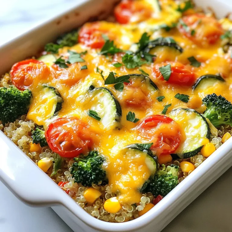 For this cheesy veggie quinoa casserole, you will need: - 1 cup quinoa, rinsed - 2 cups vegetable broth - 1 medium zucchini, diced - 1 bell pepper (any color), diced - 1 cup broccoli florets - 1 cup corn (fresh or frozen) - 1 cup cherry tomatoes, halved - 1 cup shredded cheese (cheddar or mozzarella) - 1/2 cup Greek yogurt - 1 teaspoon garlic powder - 1 teaspoon onion powder - 1 teaspoon dried oregano - 1 teaspoon smoked paprika - Salt and pepper to taste - 1 tablespoon olive oil - Fresh parsley for garnish (optional) I find that cheddar and mozzarella work best in this dish. Cheddar adds a strong, sharp flavor while mozzarella gives that gooey texture we all love. You can also use a blend of both for extra richness. If you want a tangy twist, try feta cheese. It pairs well with the veggies. Feel free to get creative! You can add cooked chicken or beans for protein. If you like heat, toss in some diced jalapeños or red pepper flakes. Swap in different veggies such as spinach or carrots based on your taste. You can even use quinoa flour if you want a gluten-free option. {{ingredient_image_1}} Start by preheating your oven to 375°F (190°C). This step is key. While the oven heats, gather your ingredients. You will need quinoa, broth, veggies, cheese, and spices. Rinse one cup of quinoa under cold water. This helps remove any bitterness. In a medium pot, bring two cups of vegetable broth to a boil. Once boiling, add the rinsed quinoa. Lower the heat to a simmer. Cover the pot and let it cook for about 15 minutes. You want the quinoa to be fluffy and all the liquid absorbed. While the quinoa cooks, heat one tablespoon of olive oil in a large skillet over medium heat. Add the diced zucchini and bell pepper. Sauté these for three to four minutes until they start to soften. Then, stir in the broccoli, corn, and cherry tomatoes. Add garlic powder, onion powder, oregano, smoked paprika, salt, and pepper. Cook this mix for another five minutes. Aim for vibrant, tender veggies. In a large mixing bowl, combine the cooked quinoa and sautéed veggies. Add half a cup of Greek yogurt and half the shredded cheese. Mix everything well until it is evenly combined. This step brings all the flavors together. Transfer the quinoa and veggie mix into a lightly greased baking dish. Spread it out evenly. Top with the remaining shredded cheese. Cover the dish with aluminum foil and bake it in your preheated oven for 20 minutes. After that, remove the foil and bake for another 10 to 15 minutes. Look for melted and golden cheese. Once done, let it cool for a few minutes before serving. You can add fresh parsley on top for a nice touch. To get that dreamy cheese melt, use cheese at room temperature. Shred it yourself for better melt. Mix half of the cheese into your quinoa blend, then sprinkle the rest on top. Cover the dish with foil while baking to keep moisture in. Remove the foil near the end to let the cheese brown. This gives you both gooey and crispy cheese! Cooking quinoa right is key to this dish. First, always rinse your quinoa to remove any bitter taste. Use two cups of vegetable broth for one cup of quinoa. Bring it to a boil, then lower the heat and cover. Let it simmer for about 15 minutes. Look for fluffy grains and no water left. If it’s not fluffy, let it sit off the heat for a few minutes. You only need a few tools for this recipe. A medium pot for cooking quinoa is a must. A large skillet helps sauté the veggies. Use a large mixing bowl to combine everything. Finally, a baking dish is needed for the casserole. A spatula or wooden spoon will help mix and serve. Having these tools ready makes cooking smooth and fun! Pro Tips Use Fresh Ingredients: For the best flavor and nutrition, opt for fresh vegetables when making this casserole. They will enhance the dish's overall taste and texture. Customize Your Cheese: Feel free to mix different types of cheese to add depth of flavor. A combination of sharp cheddar and creamy mozzarella works wonderfully. Make Ahead: This casserole can be assembled a day in advance. Just cover it tightly and refrigerate until you’re ready to bake, making weeknight meals a breeze. Spice It Up: If you enjoy a bit of heat, add some diced jalapeños or a pinch of cayenne pepper to the vegetable mixture for an extra kick. {{image_2}} You can easily make this casserole vegetarian by using veggie broth and cheese. To make it vegan, swap the cheese for a dairy-free option. Nutritional yeast gives a cheesy flavor without dairy. You can also replace Greek yogurt with a plant-based yogurt. If you want more protein, add cooked beans or lentils. Chickpeas work great in this dish. You can also stir in some cooked quinoa for an extra boost. Grilled chicken or turkey can make it even heartier if you prefer meat. Play with spices to change the flavor. Try cumin for a warm taste or chili powder for heat. Italian seasoning adds a nice touch, too. You can also use fresh herbs like basil or cilantro for a bright twist. Experiment to find your favorite mix! To store leftovers, let the casserole cool completely. Then, place it in an airtight container. You can keep it in the fridge for up to three days. Make sure to cover it well to keep it fresh. To reheat the casserole, you have a few options. You can use the microwave or the oven. For the microwave, heat it in short bursts, about one minute at a time. Stir in between to heat evenly. If you prefer the oven, preheat it to 350°F (175°C). Cover the casserole with foil and bake for about 15-20 minutes. You can freeze the casserole if you want to keep it longer. First, let it cool completely. Then, cut it into portions for easy thawing. Wrap each piece in plastic wrap and place them in a freezer-safe bag. It will last for about three months in the freezer. When you’re ready to eat, thaw it in the fridge overnight and reheat. This way, you enjoy the same great taste! Yes, you can prepare this casserole ahead of time. Just cook the quinoa and veggies as directed. Then, mix everything together and store it in the fridge. When you're ready to bake, take it out and pop it in the oven. This makes it easy for busy days. This casserole is filling, but you can pair it with a light salad or some garlic bread. A fresh green salad adds a nice crunch. You might also enjoy it with roasted veggies or a simple soup. These sides balance the flavors perfectly. Your cheesy veggie quinoa casserole lasts about three to four days in the fridge. Just make sure to store it in an airtight container. You can enjoy it again by reheating it in the oven or microwave. It still tastes great even after a few days. Absolutely! This recipe is flexible. You can swap in any of your favorite veggies. Try using spinach, carrots, or even sweet potatoes. Just ensure they are cut to similar sizes for even cooking. The casserole will still be cheesy and delicious with your chosen veggies. This blog post explored how to make a comforting cheesy veggie quinoa casserole. We covered the best ingredients, cooking steps, and helpful tips for great results. I shared ideas for adding protein and flavor to fit your taste. You also learned how to store leftovers properly. Remember, cooking is fun, and you can modify this recipe as you like. Enjoy making your casserole, and don’t hesitate to experiment with new flavors! Happy cooking!