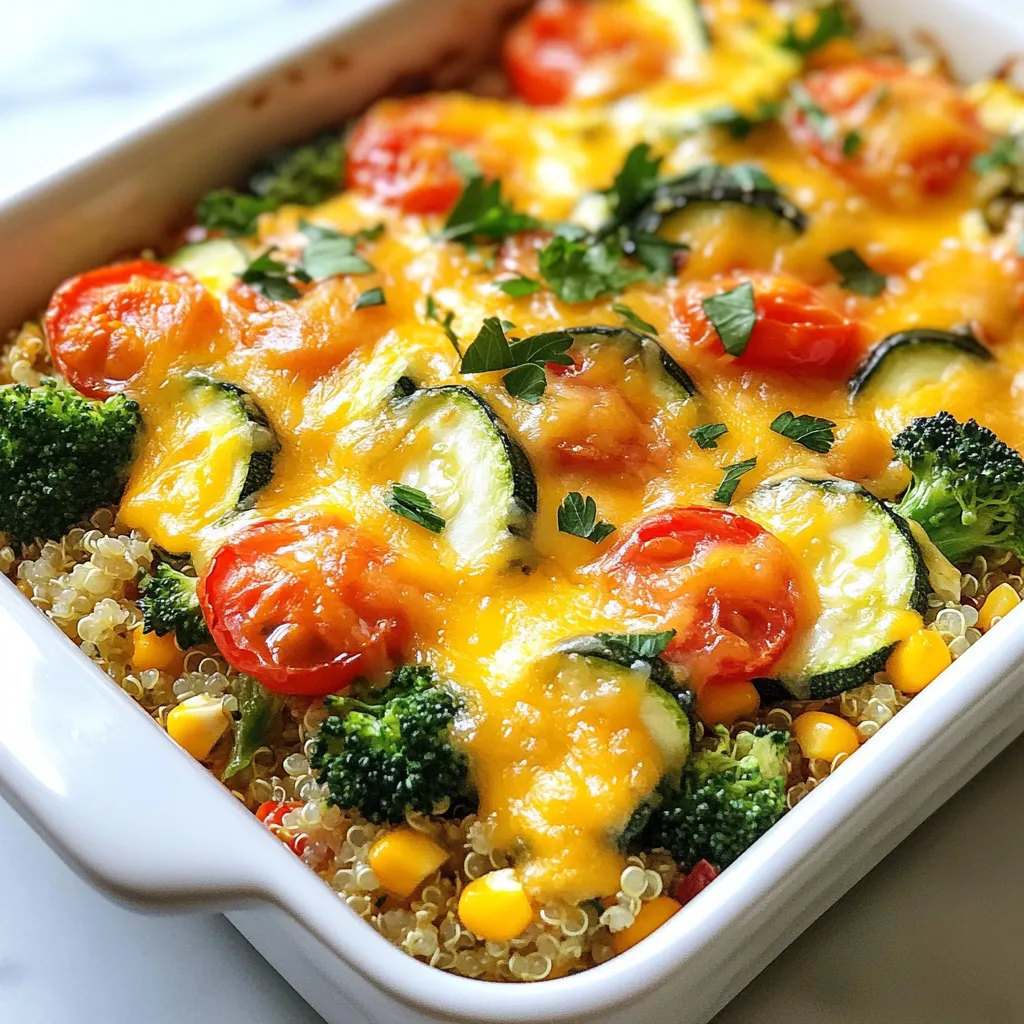 For this cheesy veggie quinoa casserole, you will need: - 1 cup quinoa, rinsed - 2 cups vegetable broth - 1 medium zucchini, diced - 1 bell pepper (any color), diced - 1 cup broccoli florets - 1 cup corn (fresh or frozen) - 1 cup cherry tomatoes, halved - 1 cup shredded cheese (cheddar or mozzarella) - 1/2 cup Greek yogurt - 1 teaspoon garlic powder - 1 teaspoon onion powder - 1 teaspoon dried oregano - 1 teaspoon smoked paprika - Salt and pepper to taste - 1 tablespoon olive oil - Fresh parsley for garnish (optional) I find that cheddar and mozzarella work best in this dish. Cheddar adds a strong, sharp flavor while mozzarella gives that gooey texture we all love. You can also use a blend of both for extra richness. If you want a tangy twist, try feta cheese. It pairs well with the veggies. Feel free to get creative! You can add cooked chicken or beans for protein. If you like heat, toss in some diced jalapeños or red pepper flakes. Swap in different veggies such as spinach or carrots based on your taste. You can even use quinoa flour if you want a gluten-free option. {{ingredient_image_1}} Start by preheating your oven to 375°F (190°C). This step is key. While the oven heats, gather your ingredients. You will need quinoa, broth, veggies, cheese, and spices. Rinse one cup of quinoa under cold water. This helps remove any bitterness. In a medium pot, bring two cups of vegetable broth to a boil. Once boiling, add the rinsed quinoa. Lower the heat to a simmer. Cover the pot and let it cook for about 15 minutes. You want the quinoa to be fluffy and all the liquid absorbed. While the quinoa cooks, heat one tablespoon of olive oil in a large skillet over medium heat. Add the diced zucchini and bell pepper. Sauté these for three to four minutes until they start to soften. Then, stir in the broccoli, corn, and cherry tomatoes. Add garlic powder, onion powder, oregano, smoked paprika, salt, and pepper. Cook this mix for another five minutes. Aim for vibrant, tender veggies. In a large mixing bowl, combine the cooked quinoa and sautéed veggies. Add half a cup of Greek yogurt and half the shredded cheese. Mix everything well until it is evenly combined. This step brings all the flavors together. Transfer the quinoa and veggie mix into a lightly greased baking dish. Spread it out evenly. Top with the remaining shredded cheese. Cover the dish with aluminum foil and bake it in your preheated oven for 20 minutes. After that, remove the foil and bake for another 10 to 15 minutes. Look for melted and golden cheese. Once done, let it cool for a few minutes before serving. You can add fresh parsley on top for a nice touch. To get that dreamy cheese melt, use cheese at room temperature. Shred it yourself for better melt. Mix half of the cheese into your quinoa blend, then sprinkle the rest on top. Cover the dish with foil while baking to keep moisture in. Remove the foil near the end to let the cheese brown. This gives you both gooey and crispy cheese! Cooking quinoa right is key to this dish. First, always rinse your quinoa to remove any bitter taste. Use two cups of vegetable broth for one cup of quinoa. Bring it to a boil, then lower the heat and cover. Let it simmer for about 15 minutes. Look for fluffy grains and no water left. If it’s not fluffy, let it sit off the heat for a few minutes. You only need a few tools for this recipe. A medium pot for cooking quinoa is a must. A large skillet helps sauté the veggies. Use a large mixing bowl to combine everything. Finally, a baking dish is needed for the casserole. A spatula or wooden spoon will help mix and serve. Having these tools ready makes cooking smooth and fun! Pro Tips Use Fresh Ingredients: For the best flavor and nutrition, opt for fresh vegetables when making this casserole. They will enhance the dish's overall taste and texture. Customize Your Cheese: Feel free to mix different types of cheese to add depth of flavor. A combination of sharp cheddar and creamy mozzarella works wonderfully. Make Ahead: This casserole can be assembled a day in advance. Just cover it tightly and refrigerate until you’re ready to bake, making weeknight meals a breeze. Spice It Up: If you enjoy a bit of heat, add some diced jalapeños or a pinch of cayenne pepper to the vegetable mixture for an extra kick. {{image_2}} You can easily make this casserole vegetarian by using veggie broth and cheese. To make it vegan, swap the cheese for a dairy-free option. Nutritional yeast gives a cheesy flavor without dairy. You can also replace Greek yogurt with a plant-based yogurt. If you want more protein, add cooked beans or lentils. Chickpeas work great in this dish. You can also stir in some cooked quinoa for an extra boost. Grilled chicken or turkey can make it even heartier if you prefer meat. Play with spices to change the flavor. Try cumin for a warm taste or chili powder for heat. Italian seasoning adds a nice touch, too. You can also use fresh herbs like basil or cilantro for a bright twist. Experiment to find your favorite mix! To store leftovers, let the casserole cool completely. Then, place it in an airtight container. You can keep it in the fridge for up to three days. Make sure to cover it well to keep it fresh. To reheat the casserole, you have a few options. You can use the microwave or the oven. For the microwave, heat it in short bursts, about one minute at a time. Stir in between to heat evenly. If you prefer the oven, preheat it to 350°F (175°C). Cover the casserole with foil and bake for about 15-20 minutes. You can freeze the casserole if you want to keep it longer. First, let it cool completely. Then, cut it into portions for easy thawing. Wrap each piece in plastic wrap and place them in a freezer-safe bag. It will last for about three months in the freezer. When you’re ready to eat, thaw it in the fridge overnight and reheat. This way, you enjoy the same great taste! Yes, you can prepare this casserole ahead of time. Just cook the quinoa and veggies as directed. Then, mix everything together and store it in the fridge. When you're ready to bake, take it out and pop it in the oven. This makes it easy for busy days. This casserole is filling, but you can pair it with a light salad or some garlic bread. A fresh green salad adds a nice crunch. You might also enjoy it with roasted veggies or a simple soup. These sides balance the flavors perfectly. Your cheesy veggie quinoa casserole lasts about three to four days in the fridge. Just make sure to store it in an airtight container. You can enjoy it again by reheating it in the oven or microwave. It still tastes great even after a few days. Absolutely! This recipe is flexible. You can swap in any of your favorite veggies. Try using spinach, carrots, or even sweet potatoes. Just ensure they are cut to similar sizes for even cooking. The casserole will still be cheesy and delicious with your chosen veggies. This blog post explored how to make a comforting cheesy veggie quinoa casserole. We covered the best ingredients, cooking steps, and helpful tips for great results. I shared ideas for adding protein and flavor to fit your taste. You also learned how to store leftovers properly. Remember, cooking is fun, and you can modify this recipe as you like. Enjoy making your casserole, and don’t hesitate to experiment with new flavors! Happy cooking!