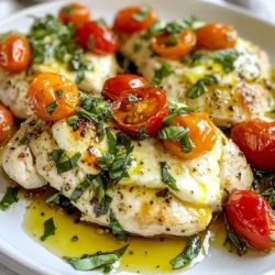 For this dish, you need: - 4 boneless, skinless chicken breasts - 1 cup fresh mozzarella cheese, sliced Chicken breasts are juicy and tender, making them perfect for baking. Fresh mozzarella adds a creamy texture. It melts beautifully on top. You will also need: - 1 cup cherry tomatoes, halved - 1/2 cup fresh basil leaves, chopped (plus extra for garnish) - 2 cloves garlic, minced Cherry tomatoes bring sweetness and color to the dish. Fresh basil adds a burst of flavor. Garlic enhances the overall taste and aroma. Gather these simple items: - 2 tablespoons olive oil - 1 teaspoon balsamic vinegar - Salt and pepper to taste - 1 teaspoon dried oregano - 1/4 teaspoon red pepper flakes (optional for a bit of heat) Olive oil keeps the chicken moist. Balsamic vinegar adds a tangy kick. Salt and pepper are essential for flavor. Oregano gives it an Italian touch. If you like heat, try adding red pepper flakes! {{ingredient_image_1}} Start by preheating your oven to 375°F (190°C). This gets the oven ready for the chicken. While it heats, take a small bowl. Mix two cloves of minced garlic, two tablespoons of olive oil, one teaspoon of balsamic vinegar, one teaspoon of dried oregano, salt, and pepper. If you want some heat, add red pepper flakes. This mix adds great flavor to the chicken. Next, grab four boneless, skinless chicken breasts. Place them in a baking dish. Season them well with salt and pepper. Pour half of your garlic-oil mixture over the chicken. Make sure each piece is coated evenly. Once your chicken is ready, bake it for about 20 minutes. This cooks the chicken halfway. The inside should reach 165°F (75°C). After 20 minutes, take the dish out of the oven. Now, it’s time to layer! Add sliced mozzarella cheese on top of each chicken breast. Use one cup of fresh mozzarella for this. Next, sprinkle halved cherry tomatoes over the cheese. These add a juicy burst of flavor. Finally, drizzle the rest of your garlic-oil mixture on top. Don’t forget to add the chopped basil for extra freshness. Return the chicken to the oven for another 10-15 minutes. You want the cheese to melt and get bubbly. The tomatoes should look slightly roasted. When it’s done, take the chicken out and let it rest for about 5 minutes. This helps keep it juicy. Before you serve, garnish with extra fresh basil. This not only looks nice but adds a lovely aroma. Enjoy your Mozzarella Basil Chicken! Select fresh, boneless, skinless chicken breasts. They cook evenly and stay juicy. Look for chicken that feels firm and has no strange odor. If you can, buy organic or free-range chicken. This choice often tastes better and is healthier. To get that gooey, melty mozzarella, slice it thick. Use fresh mozzarella for a rich flavor. When adding it to the chicken, place it on top just before finishing cooking. This timing helps it melt perfectly without getting rubbery. Taste as you go. Start with the basic salt and pepper. If you want more flavor, add more garlic or oregano. For a kick, sprinkle in extra red pepper flakes. Always remember, it’s easier to add than to take away. Pro Tips Marinate for More Flavor: For an extra flavor boost, marinate the chicken breasts in the garlic-oil mixture for at least 30 minutes before baking. Use Fresh Ingredients: Fresh mozzarella and basil will enhance the dish’s flavor significantly compared to dried or processed alternatives. Customize Your Veggies: Feel free to add other vegetables like bell peppers or zucchini for added color and nutrition. Rest Before Serving: Allow the chicken to rest for a few minutes after baking. This helps retain the juices, ensuring tender and moist chicken. {{image_2}} You can boost the taste by adding vegetables. Think about using bell peppers, zucchini, or spinach. Slice bell peppers and add them to the dish. They give color and crunch. Zucchini works great when sliced thin. It adds a nice texture. Spinach wilts down and blends into the dish well. The more veggies, the more flavor! You can even mix them all for a colorful meal. Mozzarella shines, but other cheeses can be fun too. Try provolone or fontina for a twist. These cheeses melt well and have rich flavors. If you want a sharp taste, go for parmesan on top. It creates a crusty layer, adding a nice touch. Mixing cheeses can make each bite unique and delicious! Want some heat? Adjust the spice level to fit your taste. Add more red pepper flakes for a kick. If you’re feeling bold, try a dash of cayenne pepper. For a milder dish, skip the heat altogether. You can also use fresh jalapeños for a fresh, spicy flavor. Tailor the spice to make it just right for you! After enjoying your Mozzarella Basil Chicken, store leftovers in an airtight container. Make sure to cool the dish to room temperature before sealing. This helps keep the chicken fresh. Leftovers can stay good in the fridge for up to three days. To reheat, preheat your oven to 350°F (175°C). Place the chicken on a baking dish and cover it with foil to keep it moist. Heat for about 15-20 minutes until warm. You can also reheat in the microwave. Just place the chicken on a microwave-safe plate and heat for 1-2 minutes. If you want to save some for later, you can freeze the chicken. Wrap each piece tightly in plastic wrap or foil. Then, place them in a freezer-safe bag. This helps prevent freezer burn. Label the bag with the date. The chicken can stay in the freezer for up to three months. When ready to eat, let it thaw in the fridge overnight before reheating. Yes, you can use chicken thighs. They have more fat and flavor. This can make the dish juicier. If you use thighs, cook them a bit longer. Aim for an internal temperature of 165°F. Mozzarella Basil Chicken pairs well with many sides. Here are a few ideas: - Garlic bread: It soaks up the juices. - Pasta: Toss it with olive oil and herbs. - Salad: A fresh green salad adds a nice crunch. - Rice or quinoa: These grains add a filling touch. These sides balance the dish and enhance the meal. To check if the chicken is done, use a meat thermometer. The safe temperature is 165°F. If you don’t have a thermometer, cut into the chicken. The meat should be white and juices should run clear. If it’s pink, cook it longer. Always ensure chicken is fully cooked for safety. This blog post covered how to make Mozzarella Basil Chicken. We talked about the best ingredients, like chicken, veggies, and seasonings. I showed you step-by-step instructions, tips for choosing chicken, and how to melt cheese just right. You also learned different variations and how to store leftovers. Now, you can create a tasty meal that your family will enjoy. Happy cooking!