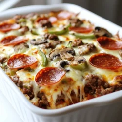 To make Keto Supreme Pizza Casserole, gather these items: - 1 lb ground beef or turkey - 1 lb Italian sausage, casing removed - 1 green bell pepper, diced - 1 red onion, diced - 1 cup mushrooms, sliced - 2 cups cauliflower florets - 1 can (14 oz) crushed tomatoes - 1 tablespoon Italian seasoning - 2 cups shredded mozzarella cheese - 1 cup pepperoni slices - Salt and pepper to taste - 2 tablespoons olive oil These main ingredients create a savory and hearty casserole. Using ground beef or turkey gives you a great protein base. The Italian sausage adds rich flavor that you will love. The colorful veggies, like bell peppers and mushrooms, boost nutrition and taste. If you want to mix things up, consider these options: - Low-carb pizza sauce alternative - Cauliflower crust variations - Cheese alternatives for dairy-free options These substitutions allow you to customize the dish. For example, a low-carb sauce can enhance flavor while keeping carbs low. You can also use a cauliflower crust if you want a different texture or base. Each serving of Keto Supreme Pizza Casserole is packed with nutrition. It provides about: - Calories: 450 - Fats: 30g - Proteins: 30g - Carbs: 8g This breakdown shows how filling and nutritious the meal is. With its low carbs, this casserole is perfect for your keto diet. Enjoy a delicious meal while sticking to your health goals! {{ingredient_image_1}} 1. Preheating the oven Preheat your oven to 375°F (190°C). This gets it ready for baking. 2. Cooking meats and vegetables In a large skillet, add 2 tablespoons of olive oil. Heat over medium. Add 1 lb of ground beef or turkey. Cook until browned, about 5-7 minutes. Then, add 1 lb of Italian sausage. Break it apart as it cooks for another 5-7 minutes. Stir in 1 diced green bell pepper, 1 diced red onion, and 1 cup of sliced mushrooms. Cook for 5 more minutes until they soften. Add 1 can of crushed tomatoes and 1 tablespoon of Italian seasoning. Mix in salt and pepper. Let it simmer for 5 minutes. 3. Steaming and preparing cauliflower Take 2 cups of cauliflower florets and steam them. It will take about 5 minutes until tender. Once cooked, chop them into small pieces. 1. Layering the casserole in a baking dish In a large baking dish, spread the chopped cauliflower evenly at the bottom. Pour the meat and vegetable mix over the cauliflower. 2. Adding toppings Layer 1 cup of pepperoni slices on top of the meat mixture. Then sprinkle 2 cups of shredded mozzarella cheese generously over everything. 1. Covering with foil and baking times Cover the baking dish with aluminum foil. Bake in the preheated oven for 25 minutes. 2. Final baking to achieve golden cheese After 25 minutes, remove the foil. Bake for another 10 minutes. Check for bubbly and slightly golden cheese before taking it out. To ensure even cooking of meats, start with a hot skillet. Brown the ground beef or turkey first. This helps lock in juices. After that, add Italian sausage and break it apart well. Cook until both meats are browned. Stir often for even cooking. Choosing quality ingredients is key for the best flavor. Look for fresh vegetables, like bell peppers and onions. Choose naturally raised meats for better taste. High-quality cheese, like mozzarella, melts nicely and adds richness. For the best sides, consider a fresh salad. A simple green salad pairs well with the casserole. It adds crunch and brightness. You can also serve it with steamed veggies or a side of roasted zucchini. For presentation tips, serve the casserole hot. Garnish with fresh basil or parsley. This adds color and a fresh flavor. Use a nice baking dish to show off your work. To store leftovers, let the casserole cool down first. Cover it tightly with plastic wrap or foil. Store it in the fridge for up to four days. For reheating, you can use the oven or the microwave. If using the oven, cover it with foil to keep it moist. Bake at 350°F until warmed through. In the microwave, heat in short bursts to avoid overcooking. Pro Tips Use Fresh Ingredients: Fresh vegetables and high-quality meats enhance the flavor of your casserole. Opt for organic produce and fresh ground meats whenever possible. Customize Your Toppings: Feel free to add your favorite pizza toppings like olives, jalapeños, or different types of cheese to make it your own! Let It Rest: Allow the casserole to cool for a few minutes after baking. This helps the layers set and makes it easier to serve. Store Leftovers Properly: Store any leftovers in an airtight container in the refrigerator for up to three days. Reheat in the oven for best results. {{image_2}} You can easily switch meats in this casserole. Try using chicken, ground pork, or sausage. Each option brings its own flavor. You can also mix up the vegetables. Consider adding spinach, zucchini, or bell peppers. These swaps keep the dish fresh and exciting. Want to kick up the flavor? Add more seasonings or spices. Garlic powder or crushed red pepper can boost taste. If you enjoy heat, go for spicy pepperoni. For a milder version, stick with classic toppings. Adjusting the spices makes every bite your own. If you follow a vegetarian or vegan diet, replace the meat with plant-based protein. Use tofu or tempeh to maintain texture. For gluten-free options, ensure your sausage and pepperoni are gluten-free. You can make this dish fit many diets while keeping it delicious. Can I freeze Keto Supreme Pizza Casserole? Yes, you can freeze this casserole. Just let it cool first. Cut it into portions. Wrap them tightly in plastic wrap. Then place them in a freezer bag. This way, you can enjoy it later. How long does it last in the fridge? Keto Supreme Pizza Casserole lasts about 3 to 4 days in the fridge. Store it in an airtight container. Reheat it before serving for the best taste. Can I make this recipe ahead of time? You can prepare the casserole in advance. Assemble it and cover it. Store it in the fridge for up to a day before baking. Just extend the baking time a bit if it’s cold. What if I don’t have cauliflower? If you don’t have cauliflower, try broccoli instead. Broccoli gives a similar texture. You can also use zucchini or even spaghetti squash. Just chop them small and follow the same steps. How do I make it spicier? To spice up your casserole, add red pepper flakes. You can also mix in jalapeños or hot sausage. Taste as you go to get the heat just right. What are good cheese alternatives for keto? If you want a cheese swap, try goat cheese or feta. Both give a nice tang. You can also use dairy-free cheese made from nuts. Just check that they are low in carbs. Can I use different types of sauce? Yes, feel free to use different sauces. A low-carb pizza sauce works great. You can also try pesto or alfredo sauce for a twist. Just keep an eye on the carb count. The keto diet focuses on low carbs and high fats. This helps your body burn fat for energy. The Keto Supreme Pizza Casserole fits perfectly into this plan. It is packed with protein and healthy fats. You can enjoy it without worrying about carbs. The mix of meats and veggies gives great flavor. Plus, the cheese adds a creamy touch. This meal keeps you full and satisfied. If you love casseroles, try these other keto ideas: - Cheesy Broccoli and Chicken Casserole - Zucchini Lasagna Bake - Spinach and Feta Casserole These dishes are easy to make and low in carbs. You can prep them in advance for quick meals. They fit well into a keto lifestyle and taste great too. Many users love the Keto Supreme Pizza Casserole. Here are some comments: - "This is now my favorite recipe!" - "I added extra veggies, and it was amazing!" - "Even my kids loved it!" People enjoy making their own variations. Some swap meats or add spices. Others use different types of cheese. This recipe is flexible, and the options are endless! This blog post covered the essential ingredients, step-by-step instructions, and helpful tips for making a Keto Supreme Pizza Casserole. You learned about the key ingredients like ground meat, vegetables, and cheese. We also discussed optional swaps and nutritional facts. In the end, this dish is flexible and easy. You can make it your own while enjoying a healthy meal. Try it out, and enjoy the great taste without the carbs!