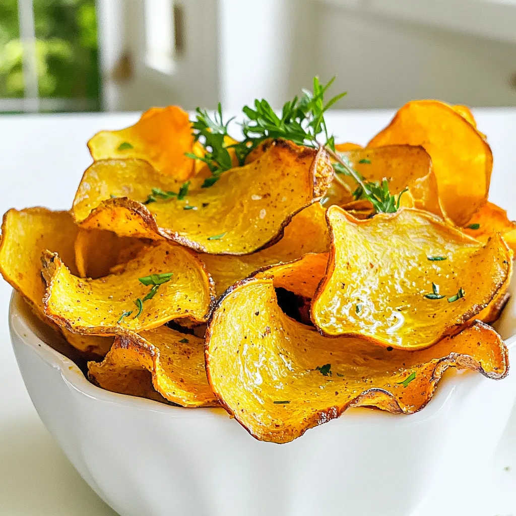 To make these tasty roasted thin squash chips, you will need: - 2 medium-sized yellow summer squashes - 2 teaspoons olive oil - 1 teaspoon garlic powder - 1 teaspoon smoked paprika - ½ teaspoon sea salt - ¼ teaspoon black pepper - Fresh herbs (like thyme or rosemary) for garnish (optional) You can replace yellow summer squash with zucchini for a different taste. The olive oil gives flavor, but you can use avocado oil if you prefer. Garlic powder adds depth, while smoked paprika brings a nice warmth. If you want a kick, try adding cayenne pepper instead. Choosing fresh squashes is key. Look for ones that feel firm and have bright skin. Avoid squashes with soft spots or blemishes. Fresh herbs like thyme or rosemary make a wonderful touch at the end. They add color and extra flavor. If you don’t have fresh herbs, dried ones work too, just use less. First, wash the squashes well. This step removes dirt and bacteria. Next, trim the ends of each squash. Use a mandoline slicer or a sharp knife for slicing. Aim for even pieces about 1/8 inch thick. Thin slices ensure that the chips become crispy. If you cut them too thick, they may be chewy. In a big bowl, add the sliced squashes. Drizzle in 2 teaspoons of olive oil. Then, sprinkle 1 teaspoon of garlic powder and 1 teaspoon of smoked paprika. Toss everything together to coat each slice. Add ½ teaspoon of sea salt and ¼ teaspoon of black pepper. Mix well so the flavors blend on every piece. Now, line a baking sheet with parchment paper. This makes cleaning easy later. Place the squash slices in a single layer on the sheet. Avoid overlapping the slices to get them crisp. Preheat your oven to 225°F (110°C). Bake the chips for 1 to 1.5 hours. Keep an eye on them. They are ready when golden and crispy. Once done, take them out and let them cool for a few minutes. If you want, add fresh herbs for extra flavor. Enjoy your tasty, homemade squash chips! To make your squash chips super crispy, slice them thin. Aim for about 1/8 inch. A mandoline slicer works best for this. Make sure to arrange the slices on the baking sheet in a single layer. If they overlap, they won’t crisp up well. Baking at a low temperature, like 225°F, helps them dry out without burning. Keep an eye on them during baking. Each oven varies, so check for doneness after one hour. You can add fun flavors to your squash chips. Try adding a sprinkle of chili powder for heat. For a cheesy taste, mix in some nutritional yeast before baking. Fresh herbs like thyme or rosemary also add a great touch. Feel free to experiment with different spices. Just remember, less is more. Too many flavors can overwhelm the squash's natural taste. One mistake is cutting the squash too thick. Thick slices will not get crispy. Another mistake is overcrowding the baking sheet. If you put too many slices together, they steam instead of bake. Lastly, don’t skip the olive oil. It helps with crisping and adds flavor. Following these tips will ensure you get delicious, crispy squash chips every time. {{image_2}} You can change the flavor of your squash chips easily. Here are some ideas: - Cajun Spice: Add a mix of cayenne, onion powder, and paprika. - Parmesan and Herb: Sprinkle fresh Parmesan and dried Italian herbs. - Spicy Sriracha: Mix sriracha sauce with olive oil for a spicy kick. - Sweet Cinnamon: Use cinnamon and a touch of brown sugar for a sweet treat. Each mix gives the chips a new taste. Try to match the seasoning with what you enjoy. While yellow summer squash is great, you can use other squashes too. Here are some options: - Zucchini: This is a popular choice. It tastes mild and works well. - Butternut Squash: Slice it thin for a sweet and nutty flavor. - Acorn Squash: Its unique taste adds a different twist. Experimenting with different squashes can surprise your taste buds. You don't just have to bake these chips. Here are some other ways to cook them: - Air Fryer: Cook at 375°F for 15-20 minutes for a fast and crispy snack. - Dehydrator: Set it to 125°F and let them dry for several hours. This keeps the flavor. - Pan-Frying: Use a bit of oil in a skillet for a quick fry. Just watch them closely! Each method changes the texture and taste. Choose what works best for you. To keep your roasted thin squash chips fresh, store them in an airtight container. Use a glass or plastic container with a tight seal. Make sure the chips are completely cool before sealing. This helps to avoid moisture, which can make them soft. If you have a lot, you can layer the chips with parchment paper. This keeps them from sticking together. If you want to enjoy your chips crispy again, use your oven. Preheat it to 350°F (175°C). Spread the chips on a baking sheet. Heat them for about 5 to 10 minutes. Keep an eye on them to prevent burning. You can also use an air fryer for a faster option. Just set it to a medium heat for a few minutes. This will bring back their crunch. Properly stored, roasted squash chips will stay good for about 1 week. After that, they may lose their crunch. Check for any signs of moisture or softness before eating. If they lose their crispness, reheating can help. For the best taste, try to eat them within a few days. Enjoy your tasty snack while it's fresh! Yes, you can make roasted squash chips ahead of time. Store them in an airtight container. Keep them in a cool, dry place for best results. They stay fresh for a few days. However, they may lose some crispness. To regain crispness, reheat them in the oven for a few minutes. You will know the squash chips are done when they turn golden brown. They should also feel light and crispy. Check them around the 1-hour mark. If they need more time, keep an eye on them as they can burn quickly. Remove the chips from the oven when they look just right. Yes, roasted squash chips are a healthy snack option. They are low in calories and high in nutrients. Squash is rich in vitamins A and C, which are good for your skin and eyes. Using olive oil adds healthy fats, making this snack even better! Enjoy them guilt-free! In this post, we explored how to make delicious roasted squash chips. We covered the best ingredients and measurements, along with tips for perfect seasoning and baking. You learned about storing your chips and how to avoid common mistakes. Remember, you can adapt the recipe with different squashes and seasonings. With practice, you’ll master this tasty snack. Enjoy your crunchy, healthy treat!