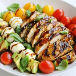 - 2 boneless, skinless chicken breasts - 2 tablespoons balsamic vinegar - 2 tablespoons olive oil - Salt and pepper to taste - 1 cup cherry tomatoes, halved - 1 large avocado, diced - 1 cup fresh mozzarella balls (bocconcini) - 1/4 cup fresh basil leaves, torn - 1 tablespoon honey (optional for sweetness) The chicken breasts are the star of this dish. They soak up the balsamic vinegar and olive oil. This creates a rich flavor. The cherry tomatoes add a fresh burst. They also bring a nice color. The avocado provides creaminess. Fresh mozzarella adds a soft texture. The basil leaves give a fragrant note that brightens everything. You can switch things up! Try adding sliced cucumbers for crunch. You could also add bell peppers for a sweet bite. For a spicy kick, consider jalapeños. Switch mozzarella for feta for a tangy flavor. You can add nuts for crunch too, like walnuts or pine nuts. This salad is not just tasty; it’s also healthy! Here’s a quick look at the nutrition: - Calories: About 350 per serving - Protein: 30 grams from chicken and cheese - Fats: 20 grams, mostly from the olive oil and avocado - Carbohydrates: 12 grams, mainly from tomatoes and avocado - Fiber: 5 grams from veggies This dish packs protein and healthy fats. It also offers vitamins from the fresh ingredients. Enjoy this salad for a balanced meal! {{ingredient_image_1}} Start by mixing balsamic vinegar, olive oil, salt, and pepper in a bowl. This blend adds great flavor. Place the chicken breasts in the mix. Make sure they are well coated. Let them marinate for at least 20 minutes. You can also chill them in the fridge for up to 2 hours for more taste. Heat your grill or pan over medium-high heat. Once hot, take the chicken out of the marinade. Grill each side for about 6-7 minutes. You want it to reach 165°F inside. After cooking, let the chicken rest for 5 minutes. This step keeps the juices inside when you slice it. While the chicken cooks, grab a large mixing bowl. Add halved cherry tomatoes, diced avocado, and mozzarella balls. Toss in torn basil leaves for added flavor. These fresh ingredients make this salad colorful and fun. In a small bowl, whisk together the leftover balsamic vinegar and olive oil. If you like a hint of sweetness, add honey. Don’t forget a pinch of salt and pepper. This dressing will tie all the flavors together perfectly. Slice the rested chicken into bite-sized pieces. Add the chicken to your bowl of salad ingredients. Drizzle the dressing over everything. Gently toss to combine, making sure each piece is coated. Serve it in bowls or on a platter, and add extra basil if you want. Enjoy! Marinating chicken adds flavor and keeps it moist. Start with balsamic vinegar and olive oil. Mix these with salt and pepper. Place the chicken in the bowl and cover it well. Let it soak for at least 20 minutes. For best results, let it marinate up to 2 hours. This extra time helps the chicken absorb all the great flavors. Preheat your grill to medium-high heat. This helps the chicken cook evenly. Remove the chicken from the marinade and let the excess drip off. Grill each side for 6-7 minutes. Use a meat thermometer to check if it’s done. The internal temperature should reach 165°F. After grilling, let the chicken rest for 5 minutes. This keeps the juices inside and makes it tender. To dice an avocado, start by cutting it in half. Twist the halves to separate them. Remove the pit carefully with a knife. Use a spoon to scoop the flesh out. Place it on a cutting board and make cuts in a grid pattern. Then, use the spoon again to scoop out the cubes. This method gives you perfect, bite-sized pieces. When serving, layer the salad ingredients for a beautiful look. Start with the salad base of tomatoes and avocado. Add the mozzarella balls next. Place the sliced chicken on top. Drizzle the dressing over the whole salad. Garnish with torn basil leaves for color. This makes your salad not just tasty, but also a feast for the eyes. Pro Tips Marinate for Maximum Flavor: The longer you marinate the chicken, the more flavor it will absorb. Aim for at least 2 hours, or overnight if possible. Rest the Chicken: Always let the grilled chicken rest for a few minutes before slicing. This helps retain its juices, keeping it moist and flavorful. Fresh Ingredients Matter: Use ripe avocados and fresh mozzarella for the best taste. Quality ingredients will elevate your salad significantly. Customize Your Dressing: Feel free to adjust the sweetness of your dressing by adding more or less honey to suit your taste. Experiment with different herbs for added flavor! {{image_2}} You can easily switch this salad to make it vegetarian or vegan. For vegetarians, replace chicken with grilled eggplant or zucchini. Both add great texture and flavor. If you want a vegan option, use marinated tofu instead of chicken. Tofu absorbs flavors well and makes the salad hearty. You can also use nutritional yeast for a cheesy flavor without dairy. Feel free to get creative with seasonal ingredients. In summer, add fresh corn or bell peppers for extra crunch. In fall, you might use roasted butternut squash for a sweet touch. Adding arugula or spinach can boost the greens and add a peppery flavor. Think about using fruits like peaches or strawberries for a sweet twist. This salad is naturally gluten-free. However, always check the labels on your ingredients. Some balsamic vinegars may have added gluten. Make sure your olive oil is pure and free from additives. If you want to serve with bread, opt for gluten-free options. This way, everyone can enjoy this delicious salad without worry. To keep your Balsamic Chicken Avocado Caprese Salad fresh, store it in an airtight container. This keeps moisture and air out, helping to maintain taste. Place the chicken and salad ingredients separately if possible. This prevents the avocado from browning and the salad from getting soggy. You can keep it in the fridge for up to 3 days. When it's time to enjoy your leftovers, reheating chicken properly is key. Start by slicing the chicken into smaller pieces. This helps it heat evenly. You can use the microwave or stovetop. If using a microwave, heat on medium power for about 1-2 minutes. Check that it reaches an internal temperature of 165°F. On the stovetop, place it in a pan over medium heat. Stir occasionally until warmed through. If you want to store your salad for longer, freezing is an option. However, keep in mind that some ingredients do not freeze well, such as avocado and fresh mozzarella. You can freeze just the marinated chicken. Place it in a freezer bag, removing as much air as possible. Label the bag with the date. It can last up to 3 months in the freezer. When you're ready to use it, thaw it in the fridge overnight before cooking. You can make this salad ahead of time. First, marinate the chicken and grill it. Let the chicken cool before slicing. Prepare the salad ingredients and dressing separately. Mix them all together just before serving. This keeps everything fresh and tasty. Yes, you can use other cheeses. Feta or goat cheese works well in this salad. They add a nice tangy flavor. You can also try shredded parmesan for a different twist. If you need a substitute for balsamic vinegar, try red wine vinegar. Mix it with a bit of honey to mimic the sweet taste. Apple cider vinegar is another option. It gives a nice, fruity flavor. Store leftovers in an airtight container. They will stay good for about 2-3 days in the fridge. The avocado may brown, but you can add more fresh avocado when serving. Yes, this salad is great for meal prep. Prepare the chicken and salad ingredients separately. Store them in containers. When ready to eat, mix them together with the dressing. This keeps the salad fresh and crunchy. This blog post covered how to make a tasty Balsamic Chicken Avocado Caprese Salad. We explored key ingredients, cooking tips, and variations for different diets. Understanding storage and meal prep options helps keep your meals fresh. In conclusion, this salad is easy to enjoy now and later. Try it out and let your taste buds guide you!