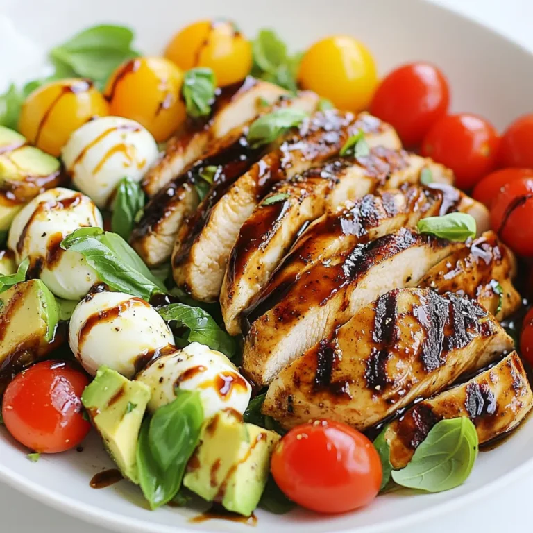 - 2 boneless, skinless chicken breasts - 2 tablespoons balsamic vinegar - 2 tablespoons olive oil - Salt and pepper to taste - 1 cup cherry tomatoes, halved - 1 large avocado, diced - 1 cup fresh mozzarella balls (bocconcini) - 1/4 cup fresh basil leaves, torn - 1 tablespoon honey (optional for sweetness) The chicken breasts are the star of this dish. They soak up the balsamic vinegar and olive oil. This creates a rich flavor. The cherry tomatoes add a fresh burst. They also bring a nice color. The avocado provides creaminess. Fresh mozzarella adds a soft texture. The basil leaves give a fragrant note that brightens everything. You can switch things up! Try adding sliced cucumbers for crunch. You could also add bell peppers for a sweet bite. For a spicy kick, consider jalapeños. Switch mozzarella for feta for a tangy flavor. You can add nuts for crunch too, like walnuts or pine nuts. This salad is not just tasty; it’s also healthy! Here’s a quick look at the nutrition: - Calories: About 350 per serving - Protein: 30 grams from chicken and cheese - Fats: 20 grams, mostly from the olive oil and avocado - Carbohydrates: 12 grams, mainly from tomatoes and avocado - Fiber: 5 grams from veggies This dish packs protein and healthy fats. It also offers vitamins from the fresh ingredients. Enjoy this salad for a balanced meal! {{ingredient_image_1}} Start by mixing balsamic vinegar, olive oil, salt, and pepper in a bowl. This blend adds great flavor. Place the chicken breasts in the mix. Make sure they are well coated. Let them marinate for at least 20 minutes. You can also chill them in the fridge for up to 2 hours for more taste. Heat your grill or pan over medium-high heat. Once hot, take the chicken out of the marinade. Grill each side for about 6-7 minutes. You want it to reach 165°F inside. After cooking, let the chicken rest for 5 minutes. This step keeps the juices inside when you slice it. While the chicken cooks, grab a large mixing bowl. Add halved cherry tomatoes, diced avocado, and mozzarella balls. Toss in torn basil leaves for added flavor. These fresh ingredients make this salad colorful and fun. In a small bowl, whisk together the leftover balsamic vinegar and olive oil. If you like a hint of sweetness, add honey. Don’t forget a pinch of salt and pepper. This dressing will tie all the flavors together perfectly. Slice the rested chicken into bite-sized pieces. Add the chicken to your bowl of salad ingredients. Drizzle the dressing over everything. Gently toss to combine, making sure each piece is coated. Serve it in bowls or on a platter, and add extra basil if you want. Enjoy! Marinating chicken adds flavor and keeps it moist. Start with balsamic vinegar and olive oil. Mix these with salt and pepper. Place the chicken in the bowl and cover it well. Let it soak for at least 20 minutes. For best results, let it marinate up to 2 hours. This extra time helps the chicken absorb all the great flavors. Preheat your grill to medium-high heat. This helps the chicken cook evenly. Remove the chicken from the marinade and let the excess drip off. Grill each side for 6-7 minutes. Use a meat thermometer to check if it’s done. The internal temperature should reach 165°F. After grilling, let the chicken rest for 5 minutes. This keeps the juices inside and makes it tender. To dice an avocado, start by cutting it in half. Twist the halves to separate them. Remove the pit carefully with a knife. Use a spoon to scoop the flesh out. Place it on a cutting board and make cuts in a grid pattern. Then, use the spoon again to scoop out the cubes. This method gives you perfect, bite-sized pieces. When serving, layer the salad ingredients for a beautiful look. Start with the salad base of tomatoes and avocado. Add the mozzarella balls next. Place the sliced chicken on top. Drizzle the dressing over the whole salad. Garnish with torn basil leaves for color. This makes your salad not just tasty, but also a feast for the eyes. Pro Tips Marinate for Maximum Flavor: The longer you marinate the chicken, the more flavor it will absorb. Aim for at least 2 hours, or overnight if possible. Rest the Chicken: Always let the grilled chicken rest for a few minutes before slicing. This helps retain its juices, keeping it moist and flavorful. Fresh Ingredients Matter: Use ripe avocados and fresh mozzarella for the best taste. Quality ingredients will elevate your salad significantly. Customize Your Dressing: Feel free to adjust the sweetness of your dressing by adding more or less honey to suit your taste. Experiment with different herbs for added flavor! {{image_2}} You can easily switch this salad to make it vegetarian or vegan. For vegetarians, replace chicken with grilled eggplant or zucchini. Both add great texture and flavor. If you want a vegan option, use marinated tofu instead of chicken. Tofu absorbs flavors well and makes the salad hearty. You can also use nutritional yeast for a cheesy flavor without dairy. Feel free to get creative with seasonal ingredients. In summer, add fresh corn or bell peppers for extra crunch. In fall, you might use roasted butternut squash for a sweet touch. Adding arugula or spinach can boost the greens and add a peppery flavor. Think about using fruits like peaches or strawberries for a sweet twist. This salad is naturally gluten-free. However, always check the labels on your ingredients. Some balsamic vinegars may have added gluten. Make sure your olive oil is pure and free from additives. If you want to serve with bread, opt for gluten-free options. This way, everyone can enjoy this delicious salad without worry. To keep your Balsamic Chicken Avocado Caprese Salad fresh, store it in an airtight container. This keeps moisture and air out, helping to maintain taste. Place the chicken and salad ingredients separately if possible. This prevents the avocado from browning and the salad from getting soggy. You can keep it in the fridge for up to 3 days. When it's time to enjoy your leftovers, reheating chicken properly is key. Start by slicing the chicken into smaller pieces. This helps it heat evenly. You can use the microwave or stovetop. If using a microwave, heat on medium power for about 1-2 minutes. Check that it reaches an internal temperature of 165°F. On the stovetop, place it in a pan over medium heat. Stir occasionally until warmed through. If you want to store your salad for longer, freezing is an option. However, keep in mind that some ingredients do not freeze well, such as avocado and fresh mozzarella. You can freeze just the marinated chicken. Place it in a freezer bag, removing as much air as possible. Label the bag with the date. It can last up to 3 months in the freezer. When you're ready to use it, thaw it in the fridge overnight before cooking. You can make this salad ahead of time. First, marinate the chicken and grill it. Let the chicken cool before slicing. Prepare the salad ingredients and dressing separately. Mix them all together just before serving. This keeps everything fresh and tasty. Yes, you can use other cheeses. Feta or goat cheese works well in this salad. They add a nice tangy flavor. You can also try shredded parmesan for a different twist. If you need a substitute for balsamic vinegar, try red wine vinegar. Mix it with a bit of honey to mimic the sweet taste. Apple cider vinegar is another option. It gives a nice, fruity flavor. Store leftovers in an airtight container. They will stay good for about 2-3 days in the fridge. The avocado may brown, but you can add more fresh avocado when serving. Yes, this salad is great for meal prep. Prepare the chicken and salad ingredients separately. Store them in containers. When ready to eat, mix them together with the dressing. This keeps the salad fresh and crunchy. This blog post covered how to make a tasty Balsamic Chicken Avocado Caprese Salad. We explored key ingredients, cooking tips, and variations for different diets. Understanding storage and meal prep options helps keep your meals fresh. In conclusion, this salad is easy to enjoy now and later. Try it out and let your taste buds guide you!