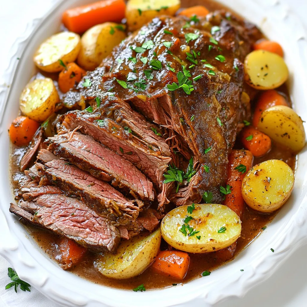 - Beef chuck roast (3 to 4 lbs) - Carrots (4 medium, chopped) - Potatoes (3 medium, quartered) - Onion (1 large, sliced) - Garlic (4 cloves, minced) - Beef broth (2 cups) - Worcestershire sauce (2 tablespoons) - Soy sauce (1 tablespoon) - Dried thyme (2 teaspoons) - Dried rosemary (2 teaspoons) - Salt and pepper to taste - Olive oil (2 tablespoons) - Cornstarch (2 tablespoons, optional for thickening) - Fresh parsley, chopped (for garnish) To create the best ever slow cooker pot roast, gather these ingredients. The beef chuck roast is the star. It is tender and flavorful. The carrots, potatoes, and onion add sweetness and substance. Fresh garlic gives a nice kick. The beef broth and sauces bring depth. Thyme and rosemary provide aromatic notes. Use salt and pepper to season the roast well. Olive oil helps with browning. If you like a thicker gravy, you can add cornstarch at the end. Finally, fresh parsley brightens the dish when you serve it. This mix of ingredients ensures a rich, hearty meal. Each bite will melt in your mouth. Enjoy the process of cooking with these simple yet satisfying elements! {{ingredient_image_1}} Start by searing the roast. Heat olive oil in a skillet on medium-high heat. Season the beef chuck roast with salt and pepper. Sear each side for 4-5 minutes. This step adds rich flavor to your pot roast. Now, get your slow cooker ready. Layer the sliced onion, chopped carrots, and quartered potatoes at the bottom. This helps prevent sticking and lets the veggies soak up the juices from the roast. In a bowl, combine beef broth, Worcestershire sauce, soy sauce, minced garlic, dried thyme, and dried rosemary. Pour this mixture over the vegetables in the slow cooker. Next, place the seared roast on top. Spoon some of the liquid over the roast for extra flavor. Cook the roast on low for 8-10 hours or on high for 4-6 hours. The meat should be fork-tender and easy to shred. If you want a thicker gravy, make a cornstarch slurry. Mix cornstarch with a little water, then add it to the slow cooker about 30 minutes before serving. Stir well and continue cooking until it thickens. Once done, carefully remove the roast and veggies from the slow cooker. Let the roast rest for a few minutes before slicing. Serve with the vegetables and spoon the delicious broth over everything. Searing your beef chuck roast is key for rich flavor. Searing locks in juices and adds a nice, brown crust. This crust gives your pot roast a deep taste. Season the meat well with salt and pepper before searing. You can also add garlic powder or onion powder for extra flavor. When cooking, you can choose between low and high settings. Cooking on low takes longer but results in more tender meat. The high setting is quicker but may not be as tender. If you use a different cut of beef, keep in mind that cooking times may change. Cuts like brisket or round can work but may need more time. For sides, mashed potatoes, green beans, or a fresh salad pair well. These sides balance the hearty pot roast. When serving, slice the roast and arrange it on a large platter. Add the veggies around the meat. Drizzle some of the broth over everything. Finally, sprinkle fresh parsley on top for color. This makes your dish look inviting and delicious. Pro Tips Perfectly Sear the Roast: Searing the beef chuck roast before placing it in the slow cooker adds a wonderful depth of flavor and enhances the overall richness of the dish. Layering Vegetables: Always place the vegetables at the bottom of the slow cooker. This allows them to absorb the flavors from the meat while preventing them from becoming mushy. Using Fresh Herbs: For an aromatic touch, consider using fresh thyme and rosemary instead of dried. Add them towards the end of cooking for a vibrant flavor boost. Resting the Meat: Allow the roast to rest for a few minutes after cooking. This helps to retain the juices and makes for a more succulent slice. {{image_2}} You can easily swap out vegetables in your pot roast. Try adding: - Parsnips: These add a sweet touch. - Turnips: They offer a nice bite. - Celery: This adds crunch and flavor. Using different types of beef can also change your dish: - Brisket: This cut is flavorful and tender. - Round roast: It is leaner but still works well. - Chuck roast: This is the most common choice, known for its flavor. To enhance the broth, consider adding: - Red wine: This brings a rich depth. - Beer: It adds a unique flavor twist. Using fresh herbs can elevate the taste: - Thyme: Fresh thyme gives a brighter flavor. - Rosemary: Fresh rosemary adds a robust aroma. You can use an Instant Pot instead of a slow cooker. Here’s how: - Sear the meat: Use the sauté function first. - Pressure cook: Cook on high for about 60-70 minutes. For stovetop cooking, follow these steps: - Use a heavy pot: A Dutch oven works best. - Sear the roast: Do this over medium heat. - Simmer: Cook covered for 2-3 hours until tender. These variations make the pot roast your own while keeping it delicious and comforting. To store leftover pot roast, let it cool first. Once cool, slice the meat. Place it in an airtight container. Add any leftover veggies and broth as well. This helps keep everything moist. Store it in the fridge for up to three days. Use glass or plastic containers with tight lids for best results. For freezing, wrap the pot roast tightly in plastic wrap. Then, place it in a freezer-safe bag. Remove as much air as possible to prevent freezer burn. You can freeze the pot roast for up to three months. To thaw, move it to the fridge overnight. Reheat it in a slow cooker or on the stove. Warm it gently to keep the meat tender. Leftover pot roast is versatile. You can make a hearty soup by adding broth and veggies. Just chop the roast into smaller pieces. Simmer it all together for flavor. Another idea is to create delicious sandwiches. Pile the meat on crusty bread with some horseradish or gravy. This makes for a tasty lunch. Cooking time varies. On low, cook for 8 to 10 hours. On high, cook for 4 to 6 hours. The longer you cook, the more tender the meat becomes. Yes, you can cook pot roast on high. This method works well but may not yield the same tenderness as cooking on low. It is important to check that the meat is cooked through and fork-tender. The beef chuck roast is best for pot roast. This cut has the right fat content and marbling. It makes the meat juicy and tender. Other good options include brisket or round. Check for fork-tenderness. The meat should fall apart easily when you poke it with a fork. You can also use a meat thermometer; the internal temperature should be around 195°F to 205°F. This guide covered everything you need for a perfect pot roast. From selecting the right cuts of beef to enhancing flavors with herbs, you'll find tasty options. We also explored storage tips and creative uses for leftovers. Remember, cooking time varies with your slow cooker settings, so adjust as needed. With these insights, you can create a comforting meal that delights every time. Enjoy the rich flavors and the joy of home-cooked goodness!