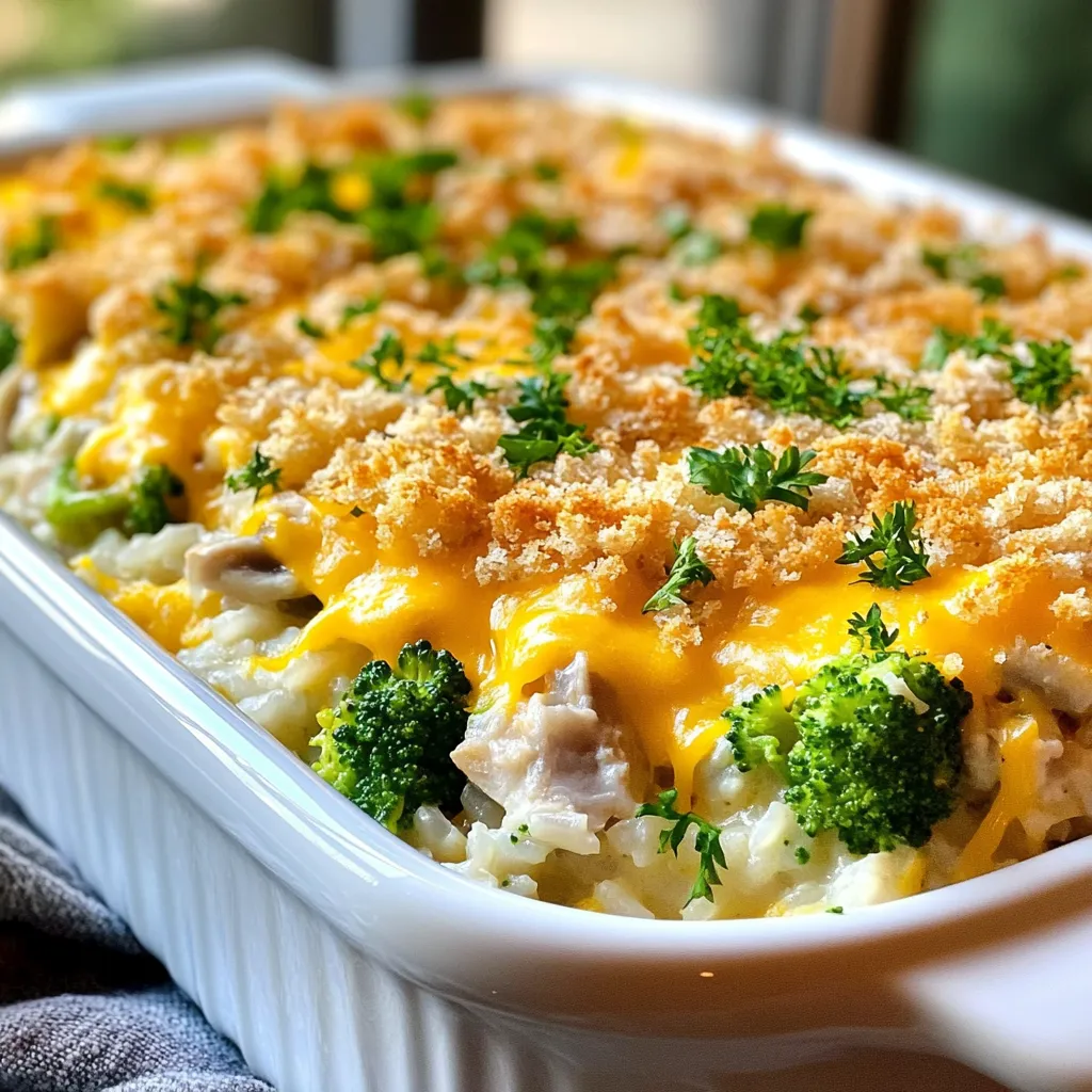 To make a great chicken and rice casserole, you need these key items: - 2 cups cooked rice (white or brown) - 2 cups cooked chicken, shredded - 1 cup broccoli florets (fresh or frozen) - 1 cup cheddar cheese, shredded - 1/2 cup cream of mushroom soup - 1/2 cup milk - 1/2 teaspoon garlic powder - 1/2 teaspoon onion powder - 1 teaspoon dried thyme - Salt and pepper to taste - 1/4 cup breadcrumbs (for topping) - 2 tablespoons olive oil These ingredients blend together to create a warm, cheesy dish that everyone loves. You can change a few ingredients to suit your taste. Here are some ideas: - Use cooked turkey instead of chicken for a different flavor. - Swap broccoli for other veggies like peas or spinach. - Try different cheeses, like mozzarella or pepper jack, for a unique taste. - Use brown rice for a healthier option. Feel free to get creative! Each change can make the dish new and exciting. If you do not have some ingredients, don’t worry! Here are some easy swaps: - For cream of mushroom soup, use cream of chicken or a homemade white sauce. - If you lack milk, try chicken broth or a plant-based milk. - Replace dried thyme with Italian seasoning for a different herb flavor. - For breadcrumbs, crushed crackers or panko work well, too. These substitutions maintain flavor while allowing you to work with what you have. {{ingredient_image_1}} Start by preheating your oven to 350°F (175°C). This step is key for even cooking. While the oven heats, grease a 9x13 inch casserole dish. Use cooking spray or a little oil. This will help the casserole come out easily after baking. In a large mixing bowl, combine the cooked rice, shredded chicken, and broccoli florets. Add half of the cheddar cheese, cream of mushroom soup, and milk. Then, sprinkle in the garlic powder, onion powder, and dried thyme. Mix it all well until everything is coated. Don’t forget to season with salt and pepper to taste. Make sure you mix well. This helps all the flavors blend together. Now, transfer the mixture to your greased casserole dish. Spread it out evenly. In a small bowl, mix the breadcrumbs with olive oil and a pinch of salt. Stir until the breadcrumbs are coated. Sprinkle this mixture over the casserole. Then, add the rest of the cheddar cheese on top. Bake in the oven for 25-30 minutes. You want the cheese to be bubbly and the breadcrumbs to turn golden brown. When done, take it out and let it cool for 5-10 minutes before serving. To make sure your casserole is creamy, use a mix of cream of mushroom soup and milk. This blend adds rich flavor and moisture. I also recommend using shredded cheese, as it melts well and keeps things smooth. If you want extra creaminess, mix in a bit of sour cream. Stir gently to keep it fluffy and light. Serve your casserole straight from the dish. This keeps it warm and inviting. For a pop of color, top it with fresh parsley or chives. Pair it with a fresh side salad for crunch and balance. You can also serve it with crusty bread to soak up every bit of creamy goodness. When reheating, use the oven for the best results. Preheat it to 350°F (175°C). Cover the casserole with foil to keep it moist. Heat for about 15-20 minutes or until warm. If you prefer the microwave, use a microwave-safe bowl. Heat in short bursts, stirring in between, to keep it from drying out. Pro Tips Use Leftover Chicken: This recipe is perfect for utilizing leftover rotisserie chicken, saving you time and enhancing the flavor. Cheese Variations: Feel free to mix different types of cheese such as mozzarella or pepper jack for a unique twist on flavor. Make it Creamy: For an extra creamy casserole, consider adding an additional 1/4 cup of cream or sour cream to the mixture. Frozen Broccoli: If using frozen broccoli, thaw and drain excess water beforehand to prevent the casserole from becoming watery. {{image_2}} You can make this casserole healthier. Use brown rice instead of white rice. Brown rice has more fiber and keeps you full longer. Swap the cream of mushroom soup for a homemade version. You can mix low-fat yogurt with herbs for creaminess without the extra fat. Add more veggies like spinach or carrots. This boosts nutrition and flavor. Use lean chicken or turkey to cut down on fat. Lastly, try low-fat cheese or reduce the amount of cheese used. You can easily make a vegetarian version of this casserole. Replace chicken with chickpeas or lentils for protein. Use vegetable broth instead of chicken broth. This adds depth to the flavors. Swap broccoli for any veggies you love, like zucchini or bell peppers. You can also use tofu for a protein source. For the creamy part, consider using a mix of cashew cream or coconut milk. This keeps it rich and tasty without meat. You can make this dish in a slow cooker. Start by mixing all the ingredients in the slow cooker. Add cooked rice, shredded chicken, and veggies into it. Pour in the cream of mushroom soup and milk. Stir until everything is coated well. Season with garlic powder, onion powder, and thyme. Set the slow cooker to low for 4-6 hours or high for 2-3 hours. When it’s done, check the texture. It should be creamy and flavorful. Top with cheese and breadcrumbs before serving. Enjoy the convenience of a slow cooker meal! Store your leftover chicken and rice casserole in an airtight container. Let it cool to room temperature before sealing. This helps keep it fresh longer. You can store it in the fridge for up to three days. Use clear labels to mark the date. It helps avoid any confusion later. To freeze the casserole, use a freezer-safe container. Make sure to cool it first. Cover it tightly with plastic wrap or foil. You can freeze it for up to three months. When you need it, just thaw it in the fridge overnight before reheating. This keeps the flavors intact. Reheat your casserole in the oven for the best results. Preheat your oven to 350°F (175°C). Place the casserole in a baking dish. Add a splash of milk if it seems dry. Cover it with foil to keep it moist. Heat for about 20-25 minutes. You can also use the microwave if you’re short on time. Heat it in short bursts, stirring in between. This helps it heat evenly. Enjoy your warm, tasty meal! Yes, you can use brown rice! It adds a nutty taste and extra fiber. Brown rice takes longer to cook, so make sure it's fully cooked before mixing it in the casserole. This will help keep your dish creamy and prevent it from being too dry. Uncooked chicken and rice casserole can last up to two days in the fridge. Store it in an airtight container. If you want to keep it longer, consider freezing it instead. Just remember to thaw it in the fridge before baking. You can serve this casserole with a fresh side salad. A simple green salad pairs well. You can also add steamed vegetables for extra color and nutrition. For a comforting touch, serve it with warm bread or garlic bread. In this blog post, we explored how to make a tasty chicken and rice casserole. We covered key ingredients, suggested variations, and even substitutions. You learned step-by-step instructions for prepping and baking. I shared tips to keep your casserole creamy and tasty. We looked at healthy options and storage best practices, too. As you try this dish, remember you can adjust it to your taste. Enjoy creating your perfect casserole!