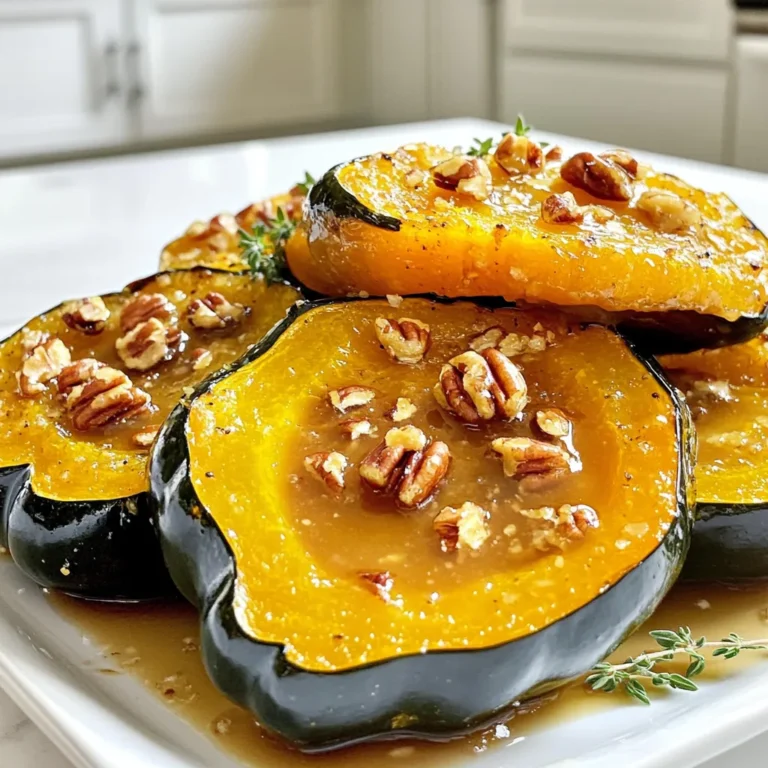 - 2 medium acorn squashes, halved and seeds removed - 4 tablespoons unsalted butter, melted - 1/4 cup pure maple syrup - 1 teaspoon ground cinnamon - 1/2 teaspoon nutmeg - Salt and pepper to taste - Chopped pecans or walnuts for garnish (optional) - Fresh thyme leaves for garnish (optional) When you measure ingredients, be precise for the best taste. Use a liquid measuring cup for the maple syrup. Use a standard measuring spoon for spices and salt. For the butter, melting it first makes it easier to mix. Use a kitchen scale for acorn squash if you want exact weight. Each squash should weigh around one to one and a half pounds. You can swap ingredients to fit your taste. For a vegan option, use coconut oil instead of butter. If you don’t have maple syrup, try honey or agave syrup. Ground ginger can replace cinnamon for a different spice kick. Lastly, if you lack pecans or walnuts, try almonds or sunflower seeds for garnish. First, gather your acorn squashes. You need two medium-sized ones. Cut each squash in half. Use a spoon to scoop out the seeds. You can keep the seeds to roast later if you want a crunchy snack. Place the squash halves cut side up on a baking sheet. Lining the sheet with parchment paper makes cleanup easy. Now, let’s make the maple butter mixture. In a small bowl, melt four tablespoons of unsalted butter. Once melted, add a quarter cup of pure maple syrup. Next, sprinkle in one teaspoon of ground cinnamon and half a teaspoon of nutmeg. Add salt and pepper to taste. Whisk it all together until it looks smooth and combined. This mixture will give the squash a rich flavor. Preheat your oven to 400°F (200°C). It’s important to get the oven hot before roasting. Brush the maple-butter mixture generously over the cut sides of the squash. Make sure to get it into the grooves for full flavor. Place the baking sheet in the oven. Roast the squash for about 30 to 35 minutes. They should become tender and slightly caramelized. Halfway through, brush the squash with the remaining maple-butter mixture. This adds more flavor and helps with caramelization. Once done, let the squash cool for a few minutes before serving. To make the best Maple Butter Roasted Acorn Squash, start with ripe squash. Look for smooth, dark green skin. The size should be medium, not too big. This helps with even cooking. Mix melted butter and maple syrup well. Add spices like cinnamon and nutmeg for warmth. A pinch of salt balances the sweetness. Brush this mixture on the squash generously. Don’t rush; let it soak into the grooves. Consider adding a splash of orange juice for a citrus twist. The bright flavor complements the maple nicely. Experiment with fresh herbs like rosemary or sage for a savory touch. To check if your squash is done, use a fork or knife. Insert it gently into the flesh. If it goes in easily, your squash is ready. Look for a golden-brown color on the edges. This shows it’s caramelized and full of flavor. If you want a sweeter taste, roast it a bit longer. Just watch it closely to avoid burning. Remember, every oven is a bit different, so adjust as needed. Serving your Maple Butter Roasted Acorn Squash nicely makes it special. Place the squash halves on a large plate. Drizzle some maple syrup over them for shine. Sprinkle chopped pecans or walnuts on top for crunch. Fresh thyme leaves add color and a lovely aroma. You can even serve it on a bed of greens for more color. Let your creativity shine! Each plate can look unique. Your guests will love the taste and the look of this dish. {{image_2}} You can add brown sugar to this dish for an extra sweet kick. Mix it with the melted butter and maple syrup. This gives a rich, caramel flavor that makes the squash even more tasty. You can also try adding a pinch of vanilla extract. This adds a warm, sweet aroma that fills your kitchen with joy. Want to give your dish a savory twist? Add minced garlic or shallots to the maple butter mix. This will add a nice punch to the sweetness. You can also sprinkle cheese on top before roasting. Feta or goat cheese works well, adding creaminess to each bite. If you love herbs, fresh rosemary or sage can bring out the squash’s natural flavor. If you need a vegan option, swap the butter for coconut oil. Use maple syrup as your sweetener. This keeps the rich taste while being dairy-free. You can also skip the nuts if you have nut allergies. This dish stays delicious without them, too. Enjoy this recipe while meeting your dietary needs! Once you enjoy your Maple Butter Roasted Acorn Squash, let it cool. Place any leftovers in an airtight container. Store them in the fridge for up to four days. This keeps the flavors fresh and ready for your next meal. Always label the container with the date for easy tracking. Reheating is simple. Preheat your oven to 350°F (175°C). Place the squash halves on a baking sheet. Cover them with foil to keep them moist. Heat for about 15-20 minutes or until warm. You can also use the microwave for quick reheating. Just place the squash on a microwave-safe plate and heat for 2-3 minutes. Freezing acorn squash is easy if you want to save it for later. First, let the squash cool completely. Slice it into smaller pieces for easier storage. Then, place the pieces in a freezer-safe bag. Squeeze out as much air as possible before sealing. You can freeze it for up to three months. Just remember to label the bag with the date! It takes about 30 to 35 minutes to roast acorn squash. You want it to be tender and a bit caramelized. Check it at the 30-minute mark. If it’s not soft enough, give it a few more minutes. This way, you get that sweet, rich flavor. Yes, you can use other squashes! Butternut squash works well and has a sweet taste. Delicata squash is another great choice. Just remember to adjust the cooking time based on the size and type of squash you pick. Each type will bring a unique flavor to your dish. Maple Butter Roasted Acorn Squash pairs well with many dishes. Try serving it alongside roasted chicken or pork for a hearty meal. You can also add a green salad for a fresh touch. For a vegetarian option, serve it with quinoa or wild rice. The sweet and savory flavors complement each other nicely. This article covers everything about roasting acorn squash. We talked about key ingredients and how to measure them. I shared tips on preparing and roasting for perfect flavor. You learned cool serving ideas and ways to switch up the recipe. We also discussed how to store leftovers and reheat them. In summary, acorn squash is easy and tasty. Enjoy experimenting with flavors and variations. Happy cooking!