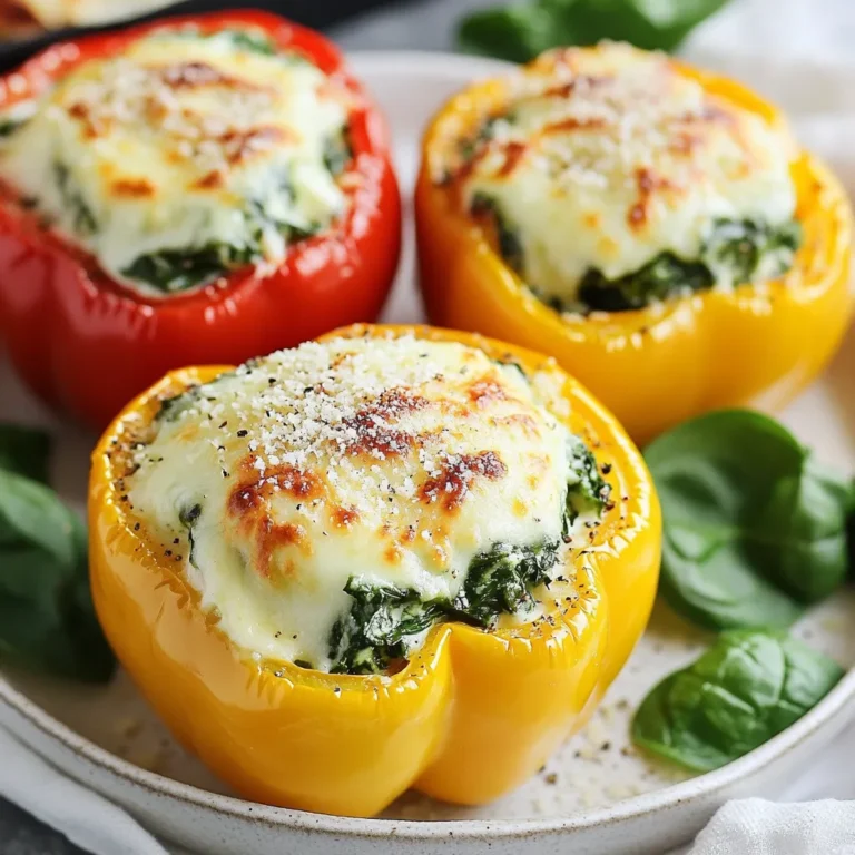 For these tasty stuffed peppers, gather the following ingredients: - 4 large bell peppers (red, yellow, or orange for sweetness) - 2 cups fresh spinach, chopped - 1 cup ricotta cheese - 1/2 cup shredded mozzarella cheese - 1/4 cup grated Parmesan cheese - 1/2 cup cooked quinoa or rice (optional) - 1 garlic clove, minced - 1/2 teaspoon red pepper flakes (adjust to taste) - 1 tablespoon olive oil - Salt and pepper to taste - Fresh basil or parsley for garnish You can swap out ingredients based on your taste or what's in your pantry. - Bell Peppers: Use any color you like. They each have a unique flavor. - Cheeses: You can use cottage cheese instead of ricotta. It gives a nice texture. - Grains: If you want to skip quinoa or rice, you can leave it out. - Spinach: Frozen spinach works too. Just thaw and drain it well. - Herbs: Use dried herbs if you don’t have fresh. They add great flavor. This dish is not only delicious but also healthy. Here’s a quick look at the nutrients per serving: - Calories: Around 300 - Protein: 15g - Carbs: 30g - Fat: 15g - Fiber: 5g - Vitamin A: High, thanks to the peppers and spinach - Calcium: Good source from the cheeses This meal is a great way to get veggies, protein, and flavor all in one dish! {{ingredient_image_1}} Start by preheating your oven to 375°F (190°C). Choose large, colorful bell peppers. I like red, yellow, or orange for their sweet taste. Cut the tops off and scoop out the seeds. Brush the outside with olive oil. Place the peppers upright in a baking dish. This helps them hold their shape while baking. In a skillet, heat some olive oil over medium heat. Add one minced garlic clove and sauté it for about one minute. This will make your kitchen smell amazing! Then, add two cups of chopped spinach. Cook until the spinach wilts, which takes about three to four minutes. Don’t forget to season it with salt, pepper, and red pepper flakes for a little kick. In a large bowl, mix the cooked spinach with one cup of ricotta cheese, half a cup of shredded mozzarella, and a quarter cup of grated Parmesan cheese. If you want to add extra texture, mix in half a cup of cooked quinoa or rice. Now, stuff each bell pepper with this creamy filling. Press down slightly to pack it in. Cover the dish with foil and bake for 25 minutes. After that, remove the foil and bake for another 10 to 15 minutes. The peppers should be tender and the tops golden. Let them cool for a few minutes before serving. Garnish with fresh basil or parsley for a pop of color! When picking bell peppers, look for firm ones. They should have a bright color. Red, yellow, and orange peppers are sweeter than green ones. Check for a smooth skin without blemishes. Fresh peppers feel heavy for their size. They should also have a good aroma. To keep the filling moist, use fresh spinach. Sauté it just until it wilts. Adding ricotta cheese helps with creaminess. You can also mix in a bit of cooked quinoa or rice. This adds texture and keeps moisture levels high. Don't skip the salt and pepper. They enhance flavors and help keep the filling juicy. You can prep these stuffed peppers in advance. Stuff the peppers and store them in the fridge. Cover them tightly with foil or plastic wrap. Bake them right before serving. This makes meal prep easy. You can also freeze them for a later date. Just make sure to thaw them before baking. Pro Tips Choose Sweet Peppers: Opt for red, yellow, or orange bell peppers for a sweeter flavor that complements the richness of the ricotta. Add More Greens: Feel free to incorporate other greens like kale or Swiss chard for added nutrition and flavor diversity. Experiment with Cheese: Try using feta or goat cheese instead of ricotta for a tangy twist on the filling. Make Ahead: These stuffed peppers can be prepared in advance; just assemble them and store in the fridge before baking. {{image_2}} You can easily add meat to your stuffed peppers. Ground turkey or beef works well. Cook the meat first in a skillet. Mix it with the spinach and cheese. This addition brings a nice flavor and makes the dish heartier. Aim for about 1 cup of cooked meat per pepper. For a vegetarian twist, leave out the cheese and add more veggies. Chopped mushrooms, zucchini, or eggplant can add flavor and texture. If you want a vegan option, replace ricotta with tofu. Blend it smooth and season it well. This keeps the dish creamy without any dairy. Toppings can change your meal. Try adding a sprinkle of breadcrumbs for crunch. You can also drizzle some balsamic glaze for sweetness. For a fresh touch, add diced avocado or a dollop of sour cream. Fresh herbs like cilantro or dill give a bright flavor. After cooking, let your stuffed peppers cool down. Place them in an airtight container. You can store them in the fridge for up to four days. Make sure they are sealed well to keep them fresh. To reheat, preheat your oven to 350°F (175°C). Place the peppers in a baking dish. Cover with foil to avoid drying out. Heat for about 20 minutes or until warm. You can also use the microwave for a quick option. Heat them on a microwave-safe plate for 2 to 3 minutes. If you want to freeze stuffed peppers, do it before baking. Wrap each pepper tightly in plastic wrap. Then, place them in a freezer bag. They can last up to three months in the freezer. When you’re ready to eat, thaw in the fridge overnight. Bake as directed in the recipe for a delicious meal. Yes, you can use frozen spinach. Just thaw it first. Squeeze out excess water. This helps keep the filling from being too watery. Frozen spinach is convenient and still tasty. To cut bell peppers, slice off the tops. Remove the seeds and membranes. This creates a nice cup for the filling. Make sure to keep the bottom intact for a sturdy base. To prevent soggy peppers, brush them lightly with olive oil. Bake them on a baking dish with some space between them. Cover with foil only for part of the cooking time. This keeps moisture in check while letting them brown nicely. Absolutely! Use cooked quinoa or rice instead of traditional grains. Both options work well and add good texture. Just ensure any other ingredients, like cheese, are gluten-free. Stuffed peppers last about 3 to 5 days in the fridge. Store them in an airtight container. Reheat them in the oven or microwave before serving. Enjoy your tasty leftovers! Spinach ricotta stuffed peppers are simple and tasty. We covered ingredients, cooking steps, tips, and storage. You can adapt this dish to fit your needs with easy swaps. In the end, these stuffed peppers are a fun meal for everyone. They are healthy, tasty, and can please different diets. Try them out and enjoy a delicious dish that fits your taste!