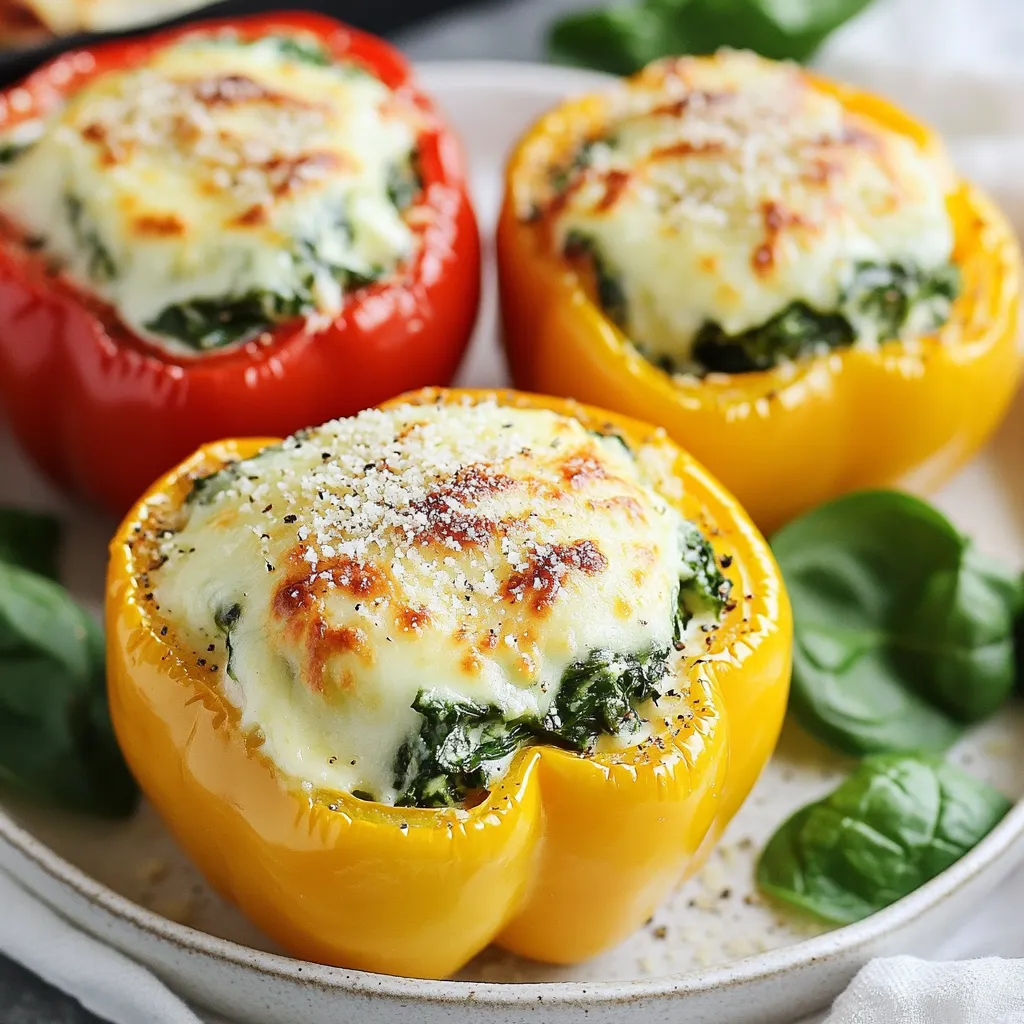 For these tasty stuffed peppers, gather the following ingredients: - 4 large bell peppers (red, yellow, or orange for sweetness) - 2 cups fresh spinach, chopped - 1 cup ricotta cheese - 1/2 cup shredded mozzarella cheese - 1/4 cup grated Parmesan cheese - 1/2 cup cooked quinoa or rice (optional) - 1 garlic clove, minced - 1/2 teaspoon red pepper flakes (adjust to taste) - 1 tablespoon olive oil - Salt and pepper to taste - Fresh basil or parsley for garnish You can swap out ingredients based on your taste or what's in your pantry. - Bell Peppers: Use any color you like. They each have a unique flavor. - Cheeses: You can use cottage cheese instead of ricotta. It gives a nice texture. - Grains: If you want to skip quinoa or rice, you can leave it out. - Spinach: Frozen spinach works too. Just thaw and drain it well. - Herbs: Use dried herbs if you don’t have fresh. They add great flavor. This dish is not only delicious but also healthy. Here’s a quick look at the nutrients per serving: - Calories: Around 300 - Protein: 15g - Carbs: 30g - Fat: 15g - Fiber: 5g - Vitamin A: High, thanks to the peppers and spinach - Calcium: Good source from the cheeses This meal is a great way to get veggies, protein, and flavor all in one dish! {{ingredient_image_1}} Start by preheating your oven to 375°F (190°C). Choose large, colorful bell peppers. I like red, yellow, or orange for their sweet taste. Cut the tops off and scoop out the seeds. Brush the outside with olive oil. Place the peppers upright in a baking dish. This helps them hold their shape while baking. In a skillet, heat some olive oil over medium heat. Add one minced garlic clove and sauté it for about one minute. This will make your kitchen smell amazing! Then, add two cups of chopped spinach. Cook until the spinach wilts, which takes about three to four minutes. Don’t forget to season it with salt, pepper, and red pepper flakes for a little kick. In a large bowl, mix the cooked spinach with one cup of ricotta cheese, half a cup of shredded mozzarella, and a quarter cup of grated Parmesan cheese. If you want to add extra texture, mix in half a cup of cooked quinoa or rice. Now, stuff each bell pepper with this creamy filling. Press down slightly to pack it in. Cover the dish with foil and bake for 25 minutes. After that, remove the foil and bake for another 10 to 15 minutes. The peppers should be tender and the tops golden. Let them cool for a few minutes before serving. Garnish with fresh basil or parsley for a pop of color! When picking bell peppers, look for firm ones. They should have a bright color. Red, yellow, and orange peppers are sweeter than green ones. Check for a smooth skin without blemishes. Fresh peppers feel heavy for their size. They should also have a good aroma. To keep the filling moist, use fresh spinach. Sauté it just until it wilts. Adding ricotta cheese helps with creaminess. You can also mix in a bit of cooked quinoa or rice. This adds texture and keeps moisture levels high. Don't skip the salt and pepper. They enhance flavors and help keep the filling juicy. You can prep these stuffed peppers in advance. Stuff the peppers and store them in the fridge. Cover them tightly with foil or plastic wrap. Bake them right before serving. This makes meal prep easy. You can also freeze them for a later date. Just make sure to thaw them before baking. Pro Tips Choose Sweet Peppers: Opt for red, yellow, or orange bell peppers for a sweeter flavor that complements the richness of the ricotta. Add More Greens: Feel free to incorporate other greens like kale or Swiss chard for added nutrition and flavor diversity. Experiment with Cheese: Try using feta or goat cheese instead of ricotta for a tangy twist on the filling. Make Ahead: These stuffed peppers can be prepared in advance; just assemble them and store in the fridge before baking. {{image_2}} You can easily add meat to your stuffed peppers. Ground turkey or beef works well. Cook the meat first in a skillet. Mix it with the spinach and cheese. This addition brings a nice flavor and makes the dish heartier. Aim for about 1 cup of cooked meat per pepper. For a vegetarian twist, leave out the cheese and add more veggies. Chopped mushrooms, zucchini, or eggplant can add flavor and texture. If you want a vegan option, replace ricotta with tofu. Blend it smooth and season it well. This keeps the dish creamy without any dairy. Toppings can change your meal. Try adding a sprinkle of breadcrumbs for crunch. You can also drizzle some balsamic glaze for sweetness. For a fresh touch, add diced avocado or a dollop of sour cream. Fresh herbs like cilantro or dill give a bright flavor. After cooking, let your stuffed peppers cool down. Place them in an airtight container. You can store them in the fridge for up to four days. Make sure they are sealed well to keep them fresh. To reheat, preheat your oven to 350°F (175°C). Place the peppers in a baking dish. Cover with foil to avoid drying out. Heat for about 20 minutes or until warm. You can also use the microwave for a quick option. Heat them on a microwave-safe plate for 2 to 3 minutes. If you want to freeze stuffed peppers, do it before baking. Wrap each pepper tightly in plastic wrap. Then, place them in a freezer bag. They can last up to three months in the freezer. When you’re ready to eat, thaw in the fridge overnight. Bake as directed in the recipe for a delicious meal. Yes, you can use frozen spinach. Just thaw it first. Squeeze out excess water. This helps keep the filling from being too watery. Frozen spinach is convenient and still tasty. To cut bell peppers, slice off the tops. Remove the seeds and membranes. This creates a nice cup for the filling. Make sure to keep the bottom intact for a sturdy base. To prevent soggy peppers, brush them lightly with olive oil. Bake them on a baking dish with some space between them. Cover with foil only for part of the cooking time. This keeps moisture in check while letting them brown nicely. Absolutely! Use cooked quinoa or rice instead of traditional grains. Both options work well and add good texture. Just ensure any other ingredients, like cheese, are gluten-free. Stuffed peppers last about 3 to 5 days in the fridge. Store them in an airtight container. Reheat them in the oven or microwave before serving. Enjoy your tasty leftovers! Spinach ricotta stuffed peppers are simple and tasty. We covered ingredients, cooking steps, tips, and storage. You can adapt this dish to fit your needs with easy swaps. In the end, these stuffed peppers are a fun meal for everyone. They are healthy, tasty, and can please different diets. Try them out and enjoy a delicious dish that fits your taste!