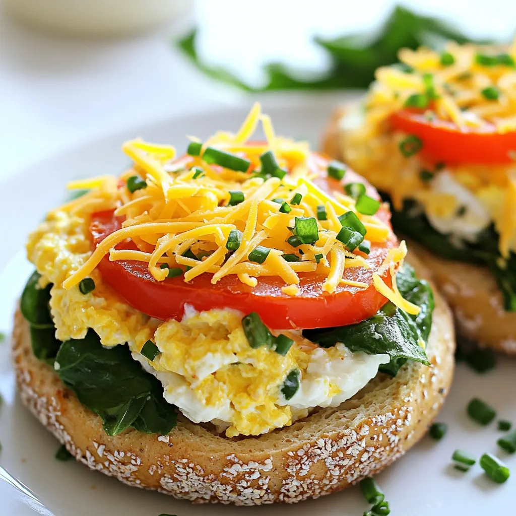 - 2 whole grain bagels - 4 large egg whites - 1/2 cup cottage cheese - 1/2 cup cooked spinach, drained and chopped - 1/4 cup diced tomatoes - 1/4 teaspoon garlic powder - Salt and pepper to taste - 1/4 cup shredded reduced-fat cheese (e.g., mozzarella or cheddar) - Fresh herbs for garnish (such as chives or parsley) This recipe starts with whole grain bagels. They add fiber and nutrients. Next, we use egg whites. They provide protein without extra fat. Cottage cheese adds creaminess and even more protein. For flavor, I add cooked spinach. It’s rich in vitamins. Diced tomatoes bring freshness and a bit of sweetness. Garlic powder adds a warm taste. Finally, we top the bagels. A pinch of salt and pepper enhances all flavors. Shredded reduced-fat cheese melts beautifully on top. Fresh herbs like chives or parsley brighten the dish. Gathering these ingredients will lead you to a tasty, high-protein breakfast! {{ingredient_image_1}} - Preheat oven to 375°F (190°C). - Prepare baking tray with parchment paper. First, you need to preheat your oven. This step helps cook the bagels evenly. While the oven warms, line a small baking tray with parchment paper. This keeps your bagels from sticking. - Combine egg whites, cottage cheese, spinach, tomatoes, and seasonings. In a medium bowl, whisk together the egg whites and cottage cheese. Add in the cooked spinach and diced tomatoes. Don't forget the garlic powder, salt, and pepper! Mix everything well until smooth. This mixture is packed with protein and flavor. - Assemble bagels and bake for 15-20 minutes. Slice the whole grain bagels in half. Place them cut side up on the prepared tray. Spoon the egg mixture over each half. Make sure to divide it evenly. Top each bagel with shredded cheese. If you love cheese, feel free to add more! Now, bake in the preheated oven for 15-20 minutes. Keep an eye on them. You want the egg to set and the cheese to melt and bubble. Once done, let them cool a bit. Enjoy your high-protein breakfast bagels! To boost the flavor of your breakfast bagels, try these ideas: - Add cooked mushrooms for a rich taste. - Mix in bell peppers for a sweet crunch. - Use fresh herbs like basil or oregano for a pop of flavor. - Experiment with spices like paprika or cumin for warmth. For seasoning, always use salt and pepper. Taste as you go for the best balance. For a great cheese melt, use shredded cheese. It melts evenly and covers well. Bake until the cheese is bubbly and slightly browned. This adds a nice crunch. To avoid soggy bagels, drain spinach well before mixing. Also, don’t overload the bagel with the egg mixture. A thin layer works best. Prep ingredients ahead of time. Chop veggies the night before. Store them in the fridge for quick access. Consider batch cooking. Make several bagels at once and store leftovers. You can enjoy a quick breakfast all week long! Just reheat them in the oven or microwave. Pro Tips Use Fresh Spinach: For the best flavor and nutrients, use fresh spinach instead of frozen. This will give your bagels a vibrant color and fresh taste. Customize Your Toppings: Feel free to add your favorite vegetables or proteins like bell peppers or turkey bacon for extra flavor and nutrition. Bake Until Just Set: Keep an eye on the bagels while baking; remove them when the egg is just set to avoid overcooking and maintain a moist texture. Experiment with Cheese: Try different types of cheese such as feta or pepper jack for a unique twist on flavor and texture. {{image_2}} You can switch up the bagel type if you want. Try gluten-free bagels for a different texture. They still taste great and work well with the toppings. If you prefer dairy-free options, use a vegan cheese. There are many tasty brands available that melt nicely. For a Mediterranean twist, add toppings like olives, feta, or artichokes. These flavors mix well with the base. If you like it smoky, try adding smoked paprika or diced bacon. For a spicy kick, sprinkle on some red pepper flakes or jalapeños. You can pair these bagels with fresh fruit or a smoothie for a balanced meal. A side of yogurt adds more protein and creaminess. For extra protein, top your bagels with sliced avocado or smoked salmon. Both options amp up the flavor and nutrition. To store baked bagels, let them cool to room temperature. Place them in an airtight container. This keeps them fresh and safe. You can also wrap them in plastic wrap for extra protection. Store the bagels in the fridge for up to three days. If you want to keep them longer, freezing is a great option. To reheat bagels, you have a few simple options. You can use a toaster, an oven, or a microwave. For the toaster, just pop them in until warm. If using an oven, preheat it to 350°F (175°C) and heat for about 5-10 minutes. The microwave works, but it might make the bagels a bit soggy. To keep the texture nice, wrap them in a paper towel while microwaving. You can freeze both uncooked and cooked bagels. For uncooked bagels, prepare them but do not bake them. Place them on a tray and freeze until firm. Then, wrap each bagel in plastic wrap and store in a freezer bag. For cooked bagels, let them cool, then wrap and freeze. To thaw, place them in the fridge overnight. Reheat them in the oven or toaster for best results. These bagels get their high protein from several sources. First, we use four large egg whites. They provide about 14 grams of protein. Next, cottage cheese adds another 14 grams. It is creamy and tasty. Cooked spinach adds some protein too, along with vitamins. Lastly, the reduced-fat cheese adds extra protein and flavor. Together, these ingredients make a filling meal. Yes, you can make these bagels ahead of time. They are great for meal prep. You can prepare the egg mixture the night before. Just mix the egg whites, cottage cheese, spinach, and tomatoes. Store it in the fridge. The next morning, assemble and bake the bagels. They stay fresh for a few days in the fridge. Absolutely! These bagels are great for meal prep. You can make a batch for the week. Store them in individual containers. Just grab one and reheat it when you need a quick meal. They fit well into a busy schedule. Add a side of fruit or yogurt for a complete breakfast. Making high-protein bagels is easy and fun. We covered the basics: ingredients like whole grain bagels and egg whites, plus tasty add-ins like spinach and garlic. I shared steps on mixing, baking, and storing these bagels. You can even switch things up with different tastes or toppings. Remember, meal prep can save you time, so make extras to enjoy later. With these tips, you can whip up a delicious and healthy meal in no time!