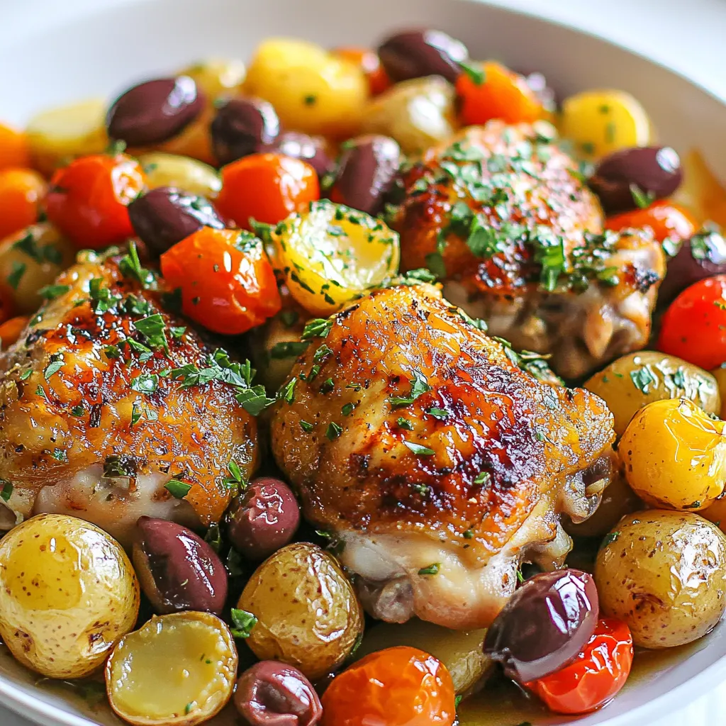 - 4 bone-in, skin-on chicken thighs - 1 pound baby potatoes, halved - 3 tablespoons olive oil - 1 lemon, zested and juiced - 3 cloves garlic, minced - 1 tablespoon dried oregano - 1 teaspoon smoked paprika - Salt and pepper, to taste - 1 cup cherry tomatoes, halved - 1/2 cup Kalamata olives, pitted - Fresh parsley, chopped for garnish The main ingredients in this dish are simple yet flavorful. I love using bone-in, skin-on chicken thighs. They stay juicy and pack in great taste. Baby potatoes are perfect for roasting. Halving them lets them soak up flavors. I use olive oil for richness and lemon for a bright touch. Garlic and dried oregano bring out those classic Greek notes. For seasoning, smoked paprika adds a nice warmth. A sprinkle of salt and pepper brings balance. Cherry tomatoes and Kalamata olives add freshness and a briny kick. Finally, fresh parsley on top gives a pop of color and flavor. Each ingredient plays a role in making this dish delicious. {{ingredient_image_1}} For the best flavor, marinate the chicken thighs for at least 15 minutes. If you have time, let them soak for an hour or even overnight in the fridge. This will help the chicken absorb all those lovely flavors. To enhance the taste, try adding fresh herbs. Oregano works well, but you can also use thyme or rosemary for a different twist. Fresh herbs add brightness that dried herbs can't match. To get crispy chicken skin, make sure the oven is hot before you put the dish in. Cooking at 400°F (200°C) helps the skin brown nicely. Avoid covering the chicken while it bakes. Check if the chicken and potatoes are done by using a meat thermometer. The chicken should reach 165°F (74°C). The potatoes should be tender when poked with a fork. This ensures everything is perfectly cooked before serving. To keep your One-Pan Greek Chicken and Potatoes fresh, refrigerate leftovers right away. Use an airtight container to prevent moisture loss. This dish stays good for up to four days in the fridge. If you plan to meal prep, store each component separately. This helps maintain flavor and texture. The best way to reheat this meal is in the oven. Preheat your oven to 350°F (175°C). Place the chicken and potatoes on a baking sheet. Heat for about 15-20 minutes. This keeps the chicken skin crispy and the potatoes warm. You can also use a microwave for quick reheating. Just cover the dish to keep moisture in. However, the texture may not be as nice. Enjoy the tasty meal again! Pro Tips Marinating Time: Allow the chicken to marinate for at least 30 minutes if you have time; this enhances the flavor even more. Potato Size: Ensure the baby potatoes are cut evenly; this helps them cook uniformly and become tender at the same time as the chicken. Fresh Herbs: Add fresh oregano or thyme at the end of cooking for a burst of fresh flavor that complements the dish beautifully. Serving Suggestion: Pair this dish with a crisp Greek salad and some crusty bread for a complete Mediterranean meal experience. {{image_2}} Each serving of this One-Pan Greek Chicken and Potatoes contains about 450 calories. This dish gives you a good balance of protein, carbs, and healthy fats. Here are some key highlights: - Protein: About 30 grams from chicken. - Carbohydrates: Roughly 30 grams from potatoes and veggies. - Fats: Around 25 grams, mainly from olive oil and chicken skin. This meal is not only tasty, but it also fuels your body well. This recipe can fit many diets. It is naturally gluten-free since it uses no wheat products. For those following a low-carb diet, you can reduce the potatoes or use cauliflower instead. If you have allergies, here are some adjustments to consider: - Chicken: Use boneless chicken for easier eating. - Olives: You can omit them if you dislike their taste. - Garlic: If sensitive, reduce or skip the minced garlic. These simple swaps help you enjoy this dish no matter your dietary needs. Yes, you can use boneless chicken breasts or drumsticks. Boneless chicken cooks faster. If using breasts, check them often to avoid drying out. Drumsticks give a nice, juicy bite. Each option brings great flavor. Just adjust cooking times as needed. You can store leftovers in the fridge for about three days. Make sure to place them in an airtight container. This keeps them fresh and tasty. You can also freeze the meal for up to three months. Just thaw it in the fridge before reheating. Yes, you can prep everything a day in advance. Marinate the chicken and chop the potatoes. Store them in the fridge until you are ready. This saves time and boosts flavor. Just remember to let the chicken sit at room temperature for 15 minutes before cooking. This blog post covered a tasty chicken dish made with bone-in thighs and baby potatoes. You learned about the main ingredients, the step-by-step process, and helpful tips. Enjoy experimenting with flavors through swaps or enhancements. Proper storing and reheating ensure you savor every bite later. Remember to check for doneness and adjust for your dietary needs. With simple steps and clear instructions, you can make a delightful meal that’s full of flavor. Happy cooking, and enjoy your delicious creation!